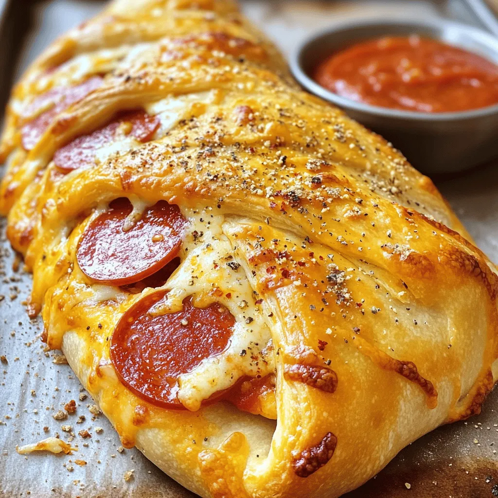 To make the Ultimate Cheesy Pepperoni Calzone, gather these ingredients: - 2 cups all-purpose flour - 1 teaspoon instant yeast - 1 teaspoon sugar - 1 teaspoon salt - 3/4 cup warm water - 1 tablespoon olive oil - 1 cup marinara sauce (for dipping) - 1 1/2 cups shredded mozzarella cheese - 1 cup sliced pepperoni - 1/2 teaspoon Italian seasoning - 1/4 teaspoon crushed red pepper flakes (optional) - 1 egg (for egg wash) These ingredients create a rich flavor and a satisfying meal. Each component plays a key role in the taste and texture of the calzone. You can customize your calzone by adding extra toppings like bell peppers, mushrooms, or even a sprinkle of parmesan cheese. Feel free to mix and match to find your favorite combo. Using high-quality ingredients makes a big difference. Fresh mozzarella melts beautifully and adds a creamy texture. You can also use store-bought dough if you want to save time. However, making your own dough adds a special touch. Check out the Full Recipe for detailed steps to bring this dish to life! 1. First, grab a mixing bowl. Add 2 cups all-purpose flour, 1 teaspoon instant yeast, 1 teaspoon sugar, and 1 teaspoon salt. Mix these dry ingredients well. 2. Next, slowly add 3/4 cup warm water and 1 tablespoon olive oil. Stir with a wooden spoon until a dough forms. 3. Now, place the dough on a floured surface. Knead it for about 5-7 minutes. You want it to be smooth and elastic. 4. Put the kneaded dough in a greased bowl. Cover it with a kitchen towel. Let it rise in a warm spot for 30-45 minutes until it doubles in size. 1. Once the dough has risen, punch it down gently. Divide it into two equal pieces. 2. Roll each piece into a 10-inch circle on a floured surface. 3. On one half of each dough circle, sprinkle 3/4 cup shredded mozzarella cheese. Layer it with 1 cup sliced pepperoni. Add 1/2 teaspoon Italian seasoning and 1/4 teaspoon crushed red pepper flakes if you want some heat. 4. Fold the other half of the dough over the filling. Pinch the edges together to seal it tightly. 1. Preheat your oven to 450°F (230°C). Line a baking sheet with parchment paper to prevent sticking. 2. Brush the top of each calzone with a beaten egg for that golden finish. 3. Bake the calzones for 12-15 minutes or until they turn golden brown. 4. Allow them to cool for a few minutes before slicing. Serve with warm marinara sauce for dipping. For the complete recipe, check out the Full Recipe. To get that nice, crispy crust, use a hot oven. Preheat your oven to 450°F (230°C) before baking. This heat helps create a great texture. For a golden-brown color, brush the top with an egg wash. Just beat an egg and gently apply it on the dough before baking. This gives your calzone a shiny look. To make the filling extra flavorful, mix in some Italian seasoning and crushed red pepper flakes. These spices add a kick to your calzone. You can also experiment with garlic powder or fresh herbs for more taste. One common mistake is overstuffing the calzone. It might look tempting, but too much filling can cause it to burst. Stick to a reasonable amount for the best results. Another mistake is not allowing enough rising time for the dough. Let it rise until it doubles in size. This step is key for a light and airy texture. Using cold ingredients is also a no-no. Always use warm water for the dough. Cold ingredients can make it hard for the dough to rise and affect the final taste. For the full recipe, check out the Ultimate Cheesy Pepperoni Calzone. {{image_2}} You can play with the fillings in your calzone to match your taste. If you want a vegetarian calzone, try adding mushrooms, onions, or peppers. These veggies add flavor and keep it light. For a spicy kick, you can toss in some sliced jalapeños. They bring heat that pairs well with the cheese. If you want to switch up the cheese, consider using ricotta or provolone. Ricotta gives a creamy texture, while provolone adds a sharp flavor. Mixing cheeses can create a delightful surprise in every bite. Remember, the filling is your choice, so have fun experimenting! When it comes to sauce, you have options. You can use homemade marinara or store-bought marinara. Homemade sauce can be fresher, but store-bought is quick and easy. Both options work well for dipping. You might also want to try other dipping sauces. Garlic butter is rich and flavorful. Ranch dressing can add a cool creaminess. Pair your calzone with these sauces to find your favorite combination. Each option enhances your calzone experience, making it even more delicious. For the complete recipe, check out the Full Recipe section! To keep your leftover calzones fresh, store them in the fridge. Wrap each calzone in plastic wrap or aluminum foil. Then, place them in an airtight container. This method helps to keep moisture in and prevents them from drying out. Enjoy your calzones within three days for the best taste. For a longer shelf life, freezing is a great option. Allow the calzones to cool completely before freezing. Wrap each calzone tightly in plastic wrap and then in aluminum foil. This helps to prevent freezer burn. You can freeze them for up to three months. When you’re ready to eat, just thaw in the fridge overnight. Reheating calzones can be tricky. The oven is the best tool for this task. Preheat your oven to 375°F (190°C). Place the calzone on a baking sheet. Heat for about 10-15 minutes or until warm. This method keeps the crust crispy and the filling hot. If you need to use a microwave, place the calzone on a microwave-safe plate. Heat it for about 1-2 minutes. To keep the crust from getting soggy, place a cup of water in the microwave with it. This helps to create steam, which keeps the calzone from drying out. Enjoy your cheesy pepperoni goodness! To make your calzone crispy, follow these tips: - Use a pizza stone for even heat. - Preheat your oven thoroughly to 450°F (230°C). - Brush the calzone with olive oil before baking. - Bake until golden brown, about 12-15 minutes. Yes, you can prepare calzones ahead of time. Here’s how: - Make the dough and let it rise. - Shape the calzones, but do not bake them. - Cover them tightly with plastic wrap and refrigerate. - Bake them within 24 hours for the best taste. You can use various meats in your calzone, such as: - Cooked sausage for a spicy kick. - Ham for a sweet, savory flavor. - Grilled chicken for a lighter option. - Bacon for extra richness and crunch. Look for these signs to know if your calzone is done: - The crust should be golden brown. - The filling should be bubbling slightly. - When tapped, it sounds hollow. You can find great calzones at these types of places: - Local pizzerias known for their specialty dishes. - Italian restaurants that focus on traditional recipes. - Food trucks that serve gourmet pizza-style foods. For a recipe you can make at home, check out the Full Recipe for the Ultimate Cheesy Pepperoni Calzone! Making a calzone is simple and fun. We covered ingredients, from measurements to tasty options. I shared step-by-step instructions to prepare, assemble, and bake your calzone. Tips helped perfect your crust and avoid common mistakes. We explored filling variations and sauces to try. Finally, I explained storage and reheating methods for leftovers. With this guide, you can make a delicious calzone at home. Enjoy your cooking and share your tasty results!