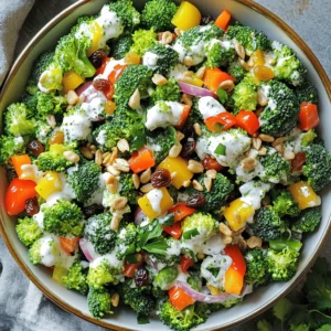 - 4 cups fresh broccoli florets - 1 cup bell peppers, diced - 1/2 cup red onion, finely chopped Fresh ingredients are key to a tasty broccoli salad. The vibrant colors and crisp textures make every bite exciting. I love using bright bell peppers, as they add sweetness and crunch. Red onion gives a nice bite that balances well with the other flavors. - 1/2 cup raisins - 1/2 cup sunflower seeds - 1/2 cup cooked quinoa Optional add-ins can take your salad to the next level. Raisins add a sweet touch, while sunflower seeds give a nice crunch. If you want more texture, mix in some cooked quinoa. It also adds protein, making the salad more filling. - 1/2 cup Greek yogurt - 2 tablespoons apple cider vinegar - 1 tablespoon honey or maple syrup - Salt and pepper to taste - A pinch of garlic powder (optional) The dressing is where the magic happens. Greek yogurt gives a creamy base. Apple cider vinegar adds tang, while honey or maple syrup brings sweetness. Adjust the salt and pepper for flavor. If you like, add a pinch of garlic powder for extra depth. This dressing ties all the flavors together nicely. For the complete details, check out the [Full Recipe]. - Blanching in boiling water First, bring a pot of water to a rolling boil. Add the fresh broccoli florets to the pot. Blanch them for about 2 minutes. This keeps the bright green color and the crunch. - Transferring to ice water After 2 minutes, scoop the broccoli out and place it in a bowl of ice water. This stops the cooking. Let it sit for 5 minutes. Then, drain the broccoli and pat it dry with a towel. - Combining salad components In a large mixing bowl, add the cooled broccoli. Then, toss in diced bell peppers, finely chopped red onion, raisins, and sunflower seeds. If you want extra texture, add cooked quinoa. - Preparing the dressing In a separate bowl, whisk together Greek yogurt, apple cider vinegar, honey or maple syrup, salt, pepper, and a pinch of garlic powder. Mix until it’s smooth and creamy. - Tossing salad and dressing Pour the dressing over the salad ingredients in the large bowl. Gently toss everything together until all the ingredients are well coated with the dressing. - Adjusting seasoning Taste your salad and adjust the seasoning. Add more salt or pepper if needed. This step makes all the flavors pop. - Chilling the salad Place the salad in the refrigerator for at least 30 minutes. This allows the flavors to blend together nicely. Enjoy your crunchy broccoli bliss salad! For the complete recipe, check the [Full Recipe]. To keep your broccoli crisp, blanch it quickly. Boil for just 2 minutes. Then, plunge it into ice water. This stops cooking and locks in color. For bell peppers, pick vibrant ones. Red, yellow, and orange add sweetness. Green peppers can be more bitter. Choose your favorite colors for a bright salad. Want more flavor? Try adding spices like smoked paprika or cumin. These spices give depth. You can also use fresh herbs like dill or basil. To balance sweetness in the dressing, adjust honey or maple syrup. If it's too sweet, add more vinegar. This creates a nice contrast. Serve your salad in a large bowl. This makes it look inviting. Sprinkle extra sunflower seeds on top for crunch. Fresh herbs like cilantro or parsley add color and freshness. You can also use a colorful plate to enhance the dish's appeal. People eat with their eyes first! For a special touch, check out the Full Recipe for more tips. {{image_2}} You can change the flavor of your broccoli salad with different dressings. Creamy dressings, like ranch or yogurt-based ones, add a rich taste. Vinaigrettes offer a tangy kick and are lighter. You can mix in herbs, like basil or dill, for a fresh twist. A little lemon juice also brightens the flavor. Try different spices too, like cumin or paprika, to make it unique. Feel free to swap nuts and seeds based on your taste. Almonds or walnuts can replace sunflower seeds. You can also add proteins for heartiness. Grilled chicken or baked tofu boosts the salad's protein. For a fun twist, add chickpeas or edamame for extra texture and flavor. In summer, fresh fruits can really make your salad pop. Try adding diced apples or juicy berries for sweetness. In fall, roasted squash adds warmth and depth. You can even toss in some pomegranate seeds for a festive touch. Seasonal ingredients keep your salad exciting all year long. For the full recipe, check out the Crunchy Broccoli Bliss Salad 🥦. To keep your broccoli salad fresh, store it in an airtight container. This helps lock in flavor and crunch. Place it in the fridge right after serving. To prevent sogginess, layer paper towels on top of the salad. They will absorb extra moisture. You can freeze broccoli salad, but some textures change. If you want to freeze it, omit the dressing first. Freeze the salad in a safe container or bag. To thaw, place it in the fridge overnight. Serve cold for the best taste. In the refrigerator, your broccoli salad lasts about 3 to 5 days. Keep an eye on its freshness. Signs of spoilage include a sour smell, slimy texture, or discoloration. If any of these occur, it’s best to toss the salad. To enhance your broccoli salad, think about adding different flavors. Here are some tips: - Add cheese: Feta or shredded cheddar adds creaminess. - Use nuts: Almonds or walnuts bring crunch and flavor. - Try fruits: Apples or oranges can add a sweet touch. - Spice it up: A dash of cayenne or paprika gives a kick. - Fresh herbs: Chopped basil or parsley brightens the dish. These simple changes can elevate your dish and make it more exciting. Yes, broccoli salad is very healthy! Here are some benefits of its main ingredients: - Broccoli: Packed with vitamins C and K, great for immunity. - Bell peppers: High in vitamin A, which is good for the eyes. - Red onion: Contains antioxidants that are good for heart health. - Raisins: Provide natural sweetness and iron. - Sunflower seeds: Full of healthy fats and protein. This salad is not just tasty; it also helps you stay healthy. Yes, you can prepare broccoli salad ahead of time. Here’s how to do it: - Prep in advance: You can chop all ingredients and store them separately. - Make the dressing: Prepare the dressing and keep it in the fridge. - Combine later: Mix everything together just before serving. This keeps the salad fresh and crunchy. If you store the salad properly, it can last for a couple of days in the fridge. This blog post covered how to make a delicious broccoli salad. We talked about fresh ingredients like broccoli, bell peppers, and red onion. You learned about optional add-ins, dressings, and step-by-step instructions. I also shared tips for perfecting texture, enhancing flavor, and presenting your dish. Don’t forget you can swap ingredients and store leftovers properly. With these ideas, your salad will not only taste great but also look amazing. Enjoy experimenting and make this dish your own!