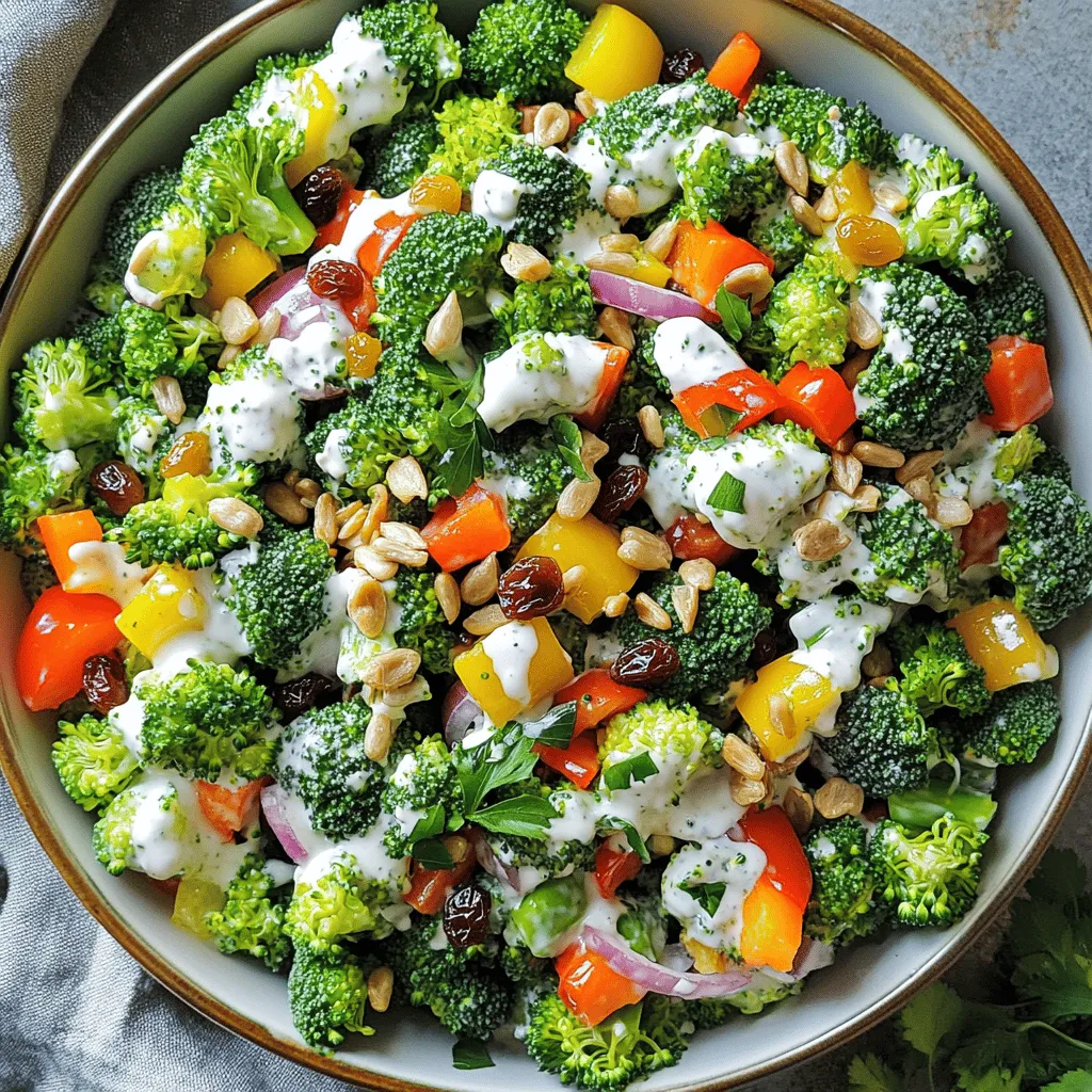 - 4 cups fresh broccoli florets - 1 cup bell peppers, diced - 1/2 cup red onion, finely chopped Fresh ingredients are key to a tasty broccoli salad. The vibrant colors and crisp textures make every bite exciting. I love using bright bell peppers, as they add sweetness and crunch. Red onion gives a nice bite that balances well with the other flavors. - 1/2 cup raisins - 1/2 cup sunflower seeds - 1/2 cup cooked quinoa Optional add-ins can take your salad to the next level. Raisins add a sweet touch, while sunflower seeds give a nice crunch. If you want more texture, mix in some cooked quinoa. It also adds protein, making the salad more filling. - 1/2 cup Greek yogurt - 2 tablespoons apple cider vinegar - 1 tablespoon honey or maple syrup - Salt and pepper to taste - A pinch of garlic powder (optional) The dressing is where the magic happens. Greek yogurt gives a creamy base. Apple cider vinegar adds tang, while honey or maple syrup brings sweetness. Adjust the salt and pepper for flavor. If you like, add a pinch of garlic powder for extra depth. This dressing ties all the flavors together nicely. For the complete details, check out the [Full Recipe]. - Blanching in boiling water First, bring a pot of water to a rolling boil. Add the fresh broccoli florets to the pot. Blanch them for about 2 minutes. This keeps the bright green color and the crunch. - Transferring to ice water After 2 minutes, scoop the broccoli out and place it in a bowl of ice water. This stops the cooking. Let it sit for 5 minutes. Then, drain the broccoli and pat it dry with a towel. - Combining salad components In a large mixing bowl, add the cooled broccoli. Then, toss in diced bell peppers, finely chopped red onion, raisins, and sunflower seeds. If you want extra texture, add cooked quinoa. - Preparing the dressing In a separate bowl, whisk together Greek yogurt, apple cider vinegar, honey or maple syrup, salt, pepper, and a pinch of garlic powder. Mix until it’s smooth and creamy. - Tossing salad and dressing Pour the dressing over the salad ingredients in the large bowl. Gently toss everything together until all the ingredients are well coated with the dressing. - Adjusting seasoning Taste your salad and adjust the seasoning. Add more salt or pepper if needed. This step makes all the flavors pop. - Chilling the salad Place the salad in the refrigerator for at least 30 minutes. This allows the flavors to blend together nicely. Enjoy your crunchy broccoli bliss salad! For the complete recipe, check the [Full Recipe]. To keep your broccoli crisp, blanch it quickly. Boil for just 2 minutes. Then, plunge it into ice water. This stops cooking and locks in color. For bell peppers, pick vibrant ones. Red, yellow, and orange add sweetness. Green peppers can be more bitter. Choose your favorite colors for a bright salad. Want more flavor? Try adding spices like smoked paprika or cumin. These spices give depth. You can also use fresh herbs like dill or basil. To balance sweetness in the dressing, adjust honey or maple syrup. If it's too sweet, add more vinegar. This creates a nice contrast. Serve your salad in a large bowl. This makes it look inviting. Sprinkle extra sunflower seeds on top for crunch. Fresh herbs like cilantro or parsley add color and freshness. You can also use a colorful plate to enhance the dish's appeal. People eat with their eyes first! For a special touch, check out the Full Recipe for more tips. {{image_2}} You can change the flavor of your broccoli salad with different dressings. Creamy dressings, like ranch or yogurt-based ones, add a rich taste. Vinaigrettes offer a tangy kick and are lighter. You can mix in herbs, like basil or dill, for a fresh twist. A little lemon juice also brightens the flavor. Try different spices too, like cumin or paprika, to make it unique. Feel free to swap nuts and seeds based on your taste. Almonds or walnuts can replace sunflower seeds. You can also add proteins for heartiness. Grilled chicken or baked tofu boosts the salad's protein. For a fun twist, add chickpeas or edamame for extra texture and flavor. In summer, fresh fruits can really make your salad pop. Try adding diced apples or juicy berries for sweetness. In fall, roasted squash adds warmth and depth. You can even toss in some pomegranate seeds for a festive touch. Seasonal ingredients keep your salad exciting all year long. For the full recipe, check out the Crunchy Broccoli Bliss Salad 🥦. To keep your broccoli salad fresh, store it in an airtight container. This helps lock in flavor and crunch. Place it in the fridge right after serving. To prevent sogginess, layer paper towels on top of the salad. They will absorb extra moisture. You can freeze broccoli salad, but some textures change. If you want to freeze it, omit the dressing first. Freeze the salad in a safe container or bag. To thaw, place it in the fridge overnight. Serve cold for the best taste. In the refrigerator, your broccoli salad lasts about 3 to 5 days. Keep an eye on its freshness. Signs of spoilage include a sour smell, slimy texture, or discoloration. If any of these occur, it’s best to toss the salad. To enhance your broccoli salad, think about adding different flavors. Here are some tips: - Add cheese: Feta or shredded cheddar adds creaminess. - Use nuts: Almonds or walnuts bring crunch and flavor. - Try fruits: Apples or oranges can add a sweet touch. - Spice it up: A dash of cayenne or paprika gives a kick. - Fresh herbs: Chopped basil or parsley brightens the dish. These simple changes can elevate your dish and make it more exciting. Yes, broccoli salad is very healthy! Here are some benefits of its main ingredients: - Broccoli: Packed with vitamins C and K, great for immunity. - Bell peppers: High in vitamin A, which is good for the eyes. - Red onion: Contains antioxidants that are good for heart health. - Raisins: Provide natural sweetness and iron. - Sunflower seeds: Full of healthy fats and protein. This salad is not just tasty; it also helps you stay healthy. Yes, you can prepare broccoli salad ahead of time. Here’s how to do it: - Prep in advance: You can chop all ingredients and store them separately. - Make the dressing: Prepare the dressing and keep it in the fridge. - Combine later: Mix everything together just before serving. This keeps the salad fresh and crunchy. If you store the salad properly, it can last for a couple of days in the fridge. This blog post covered how to make a delicious broccoli salad. We talked about fresh ingredients like broccoli, bell peppers, and red onion. You learned about optional add-ins, dressings, and step-by-step instructions. I also shared tips for perfecting texture, enhancing flavor, and presenting your dish. Don’t forget you can swap ingredients and store leftovers properly. With these ideas, your salad will not only taste great but also look amazing. Enjoy experimenting and make this dish your own!