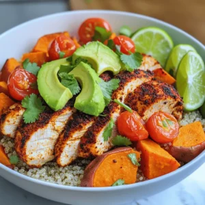 - 2 boneless, skinless chicken breasts - 2 medium sweet potatoes, peeled and cubed - 2 tablespoons olive oil - 1 cup cooked quinoa - 1 avocado, sliced - 1/2 cup cherry tomatoes, halved - 1/4 cup fresh cilantro, chopped - 1 lime, cut into wedges To get that perfect blackened flavor, you need: - 1 tablespoon smoked paprika - 1 teaspoon garlic powder - 1 teaspoon onion powder - 1/2 teaspoon cayenne pepper (adjust to taste) - Salt and black pepper to taste Mix these spices in a small bowl. This blend will add depth and heat to your chicken. Rub it all over your chicken breasts. Make sure they are well coated for the best flavor. You can add extra flair to your bowls with: - Greek yogurt or sour cream for creaminess - Extra cilantro for freshness - Sliced jalapeños for added heat - Lime wedges for a zesty kick These toppings can enhance the flavors and add a bit of fun to your meal. You can find the full recipe to guide you through the steps. Enjoy creating your own delicious blackened chicken and sweet potato bowls! First, grab your chicken breasts. In a small bowl, mix smoked paprika, garlic powder, onion powder, cayenne, salt, and black pepper. This spice mix gives the chicken bold flavor. Rub the mix all over the chicken. Make sure every part is well coated. Set the chicken aside while you prep the sweet potatoes. Next, preheat your oven to 425°F (220°C). Peel and cube the sweet potatoes. Toss them in 1 tablespoon of olive oil and add a pinch of salt. Spread the cubed potatoes on a baking sheet. Roast them for 25-30 minutes. Flip them halfway through to ensure even cooking. They should be tender and a little caramelized when done. While the sweet potatoes roast, heat 1 tablespoon of olive oil in a skillet over medium-high heat. Once the oil is hot, add the seasoned chicken breasts. Cook for about 6-7 minutes on each side. You want a nice blackened crust. Check that the chicken is cooked through. Take it off the heat and let it rest for a few minutes. Then, slice it into strips. Now it’s time to build your bowls. Start with a base of cooked quinoa in each bowl. Top it with the roasted sweet potatoes. Next, add the sliced blackened chicken. Don't forget the avocado slices and halved cherry tomatoes. For a fresh touch, sprinkle chopped cilantro on top. Serve with lime wedges on the side. You can squeeze lime juice over the bowl for extra flavor. For complete details on the recipe, check the Full Recipe. To get the most flavor, I always use a hot skillet. Start with a cast iron pan. It holds heat well and gives a nice crust. Make sure to preheat it for a few minutes. This step is key for that signature blackened flavor. First, coat the chicken with the spice mix. I love using smoked paprika; it adds depth. When the skillet is hot, add the chicken. Don’t move it around too much. Let it sear for about six minutes. Then flip and repeat. A good sear is what gives that blackened look. I like to serve these bowls with a lime wedge on the side. The lime juice adds a fresh zing. You can also top with sliced avocado for creaminess. Fresh cilantro brightens the dish and adds color. For a twist, try adding Greek yogurt or sour cream on top. It makes each bite even better. You can find the full recipe for all the details. {{image_2}} You can easily make this dish fit your diet. For gluten-free needs, ensure your spices are gluten-free. Most spices are safe, but always check labels. If you're following a keto diet, swap the quinoa for cauliflower rice. This change cuts carbs while keeping the flavors. Feel free to get creative with your veggies. Instead of sweet potatoes, try butternut squash or zucchini. You can also add bell peppers or spinach for extra color and nutrients. If chicken isn't your thing, use shrimp or tofu. Both options pair well with the spices. Add depth to your bowls with extra toppings. A sprinkle of feta or goat cheese adds creaminess. For a zesty kick, drizzle some hot sauce over the dish. Fresh herbs like basil or parsley can brighten up the flavors too. You can find more ideas in the Full Recipe for even more inspiration. After you enjoy your blackened chicken and sweet potato bowls, store any leftovers right away. Use airtight containers to keep them fresh. Place the chicken and sweet potatoes in one container and the quinoa in another. This helps keep the flavors bright. You can store them in the fridge for up to four days. Make sure to cool everything down before sealing them tightly. When you are ready to eat your leftovers, reheat them gently. You can use the microwave for quick reheating. Place the food on a plate and cover it with a damp paper towel. This keeps the moisture in. Heat in 30-second bursts until warm. If you want a crispy texture, try reheating in a skillet over medium heat. Just give it a few minutes on each side. This recipe is perfect for meal prep. You can cook a big batch at once. Prep all the ingredients and store them separately. This way, you can mix and match throughout the week. Cooked chicken, sweet potatoes, and quinoa keep well in the fridge. You can also freeze portions for later. Just thaw overnight in the fridge before reheating. For easy lunches, pack the bowls with your favorite toppings. For the full recipe, check out the detailed instructions. Blackened chicken is a method of cooking chicken. You coat the chicken with spices. Then, you cook it in a hot skillet. This method creates a dark, crispy crust. The spices give it a rich flavor. You can use various spices for your blend. To adjust the spiciness, change the cayenne pepper amount. If you like it mild, use less. For more heat, add more cayenne. You can also use milder spices like paprika. Taste the spice blend before applying it to the chicken. This way, you can find your perfect heat. Yes, you can prepare parts of this dish ahead of time. Cook the sweet potatoes and chicken early. Store them in the fridge for up to three days. When you're ready to eat, just reheat and assemble the bowls. This makes meal time quick and easy. Many sides pair well with this dish. Try a fresh green salad for crunch. You can also add steamed broccoli or green beans. For a heartier option, serve with brown rice or cornbread. Each side enhances the flavors of the chicken and sweet potatoes. Yes, this recipe is great for meal prepping. Each component stores well. Keep the chicken and sweet potatoes in separate containers. This keeps them fresh and tasty. You can mix and match your bowls throughout the week. Enjoy a new meal every day without extra cooking! For the full recipe, check out the main article. This article covered the key steps to make a tasty blackened chicken and sweet potato bowl. We explored ingredients, cooking methods, variations, and storage tips. With the right spices and techniques, you can create a dish full of flavor. Remember to customize it to fit your diet and preferences. Enjoy experimenting with different toppings and sides. With this guide, you have the tools to make a satisfying meal for any occasion.