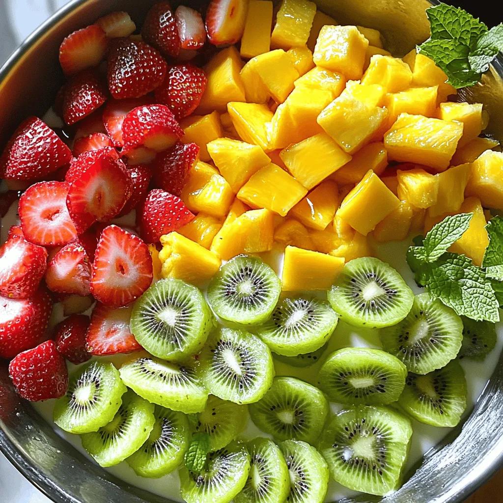 To make a delightful fruit salad with condensed milk, you need fresh fruit and creamy goodness. Here’s what you will need: - 1 cup diced pineapple - 1 cup diced mango - 1 cup strawberries, sliced - 1 cup kiwi, peeled and sliced - 1 cup grapes, halved - 1 can (14 oz) sweetened condensed milk - 1 tablespoon fresh lime juice - 1 teaspoon vanilla extract - Mint leaves for garnish These ingredients create a fresh, colorful dish. The fruits offer natural sweetness and bright flavors. The sweetened condensed milk adds creaminess and a touch of luxury. The lime juice brightens the taste, while vanilla brings warmth. Mint leaves not only garnish but also add fresh notes. This combination makes each bite delightful. For the complete recipe, check out the [Full Recipe]. Enjoy mixing these ingredients together for a fun, tasty treat! Start by washing all your fruits. Use fresh and ripe options for the best taste. - Dicing and slicing fruit: Cut the pineapple and mango into small cubes. Slice strawberries and kiwi. Halve the grapes. Aim for similar sizes to make it pretty. - Mixing technique: In a big bowl, toss all the diced fruits gently. This helps blend the flavors well. This part adds the sweet and creamy touch to your salad. - Whisking methods: In a small bowl, pour the sweetened condensed milk. Add fresh lime juice and vanilla extract. Use a whisk to mix until smooth. - Importance of consistency: The mixture should be thick yet pourable. This helps it coat the fruit nicely. Now, it's time to bring everything together. - Folding technique: Pour the condensed milk mixture over the fruit. Use a spatula to fold it in gently. This keeps the fruit intact. - Taste adjustments: After mixing, taste your salad. If it needs more sweetness, add a bit more condensed milk. If it’s too sweet, a splash of lime juice helps balance it. For the full recipe, check out the Tropical Indulgence Fruit Salad. Enjoy your delightful and fresh creation! Choosing ripe fruits is key. Look for fruits that smell sweet. They should feel slightly soft but not mushy. For this salad, fresh and juicy fruits work best. You want a mix of colors and textures. This makes the dish more appealing. Balancing sweetness with acidity is also important. Sweet fruits like mango and pineapple need a bit of tang. Lime juice adds that fresh zing. It helps cut through the creaminess of the condensed milk. Start with a small amount and taste as you go. Adjust until it feels just right. Presentation matters. Use a clear glass bowl or individual cups. This shows off the vibrant colors of the fruits. You can also add mint leaves on top. They add a nice pop of green and freshness. For best serving vessels, think about your gathering. If it’s a party, go for a large bowl. If it’s a small meal, individual cups work well. You can serve it chilled or at room temperature. Either way, it’s sure to impress! For the full recipe, check out the Tropical Indulgence Fruit Salad section. {{image_2}} You can mix many fruits in this salad. Start with seasonal fruits for the best taste. In summer, use juicy watermelon and peaches. In winter, try apples and oranges for a fresh twist. You can also pick tropical fruits like mango and pineapple. These fruits add a sweet and bright flavor. If you love berries, combine strawberries, blueberries, and raspberries. The sweet and tart mix works well with the creamy sauce. Each fruit brings its own taste, making your salad colorful and fun. While condensed milk is sweet and creamy, you can try other dressings too. A yogurt-based dressing adds a tangy touch. Mix yogurt with honey and lemon for a fresh flavor. This option is great for a lighter salad. Nut butter is another yummy choice. Almond or peanut butter can add richness. Just mix a bit of nut butter with some water to thin it out. This gives your salad a nutty twist that’s sure to please. For the full recipe, check out the Tropical Indulgence Fruit Salad. To keep your fruit salad fresh, store it in the fridge. Use an airtight container to block air and moisture. This helps maintain the flavors and textures. If you have leftovers, try to eat them within a day or two. The sooner you enjoy it, the better it will taste. When serving, avoid letting the salad sit out too long. If it's hot, return it to the fridge after serving. This keeps it cool and safe to eat. In the fridge, your fruit salad can last about 2 to 3 days. After that, the fruits may start to lose their crunch. Check for signs of spoilage. If the fruit looks mushy or smells off, it's time to toss it. Condensed milk can also change the texture as time goes on. If you see water separation, that's a sign it’s past its prime. Enjoy your Tropical Indulgence Fruit Salad while it’s fresh for the best taste! You can use many fruits with condensed milk. Here are some great choices: - Pineapple - Mango - Strawberries - Kiwi - Grapes These fruits add sweetness and texture to your fruit salad. Pineapple brings a tropical flair. Mango adds creaminess. Strawberries give a burst of color. Kiwi adds a tangy twist. Grapes provide crunch and juiciness. Mix and match to find your favorite blend! Yes, you can prepare this salad ahead of time! Here are some prep and storage tips: - Chop fruits a few hours before serving. - Store them in an airtight container. - Add the condensed milk mixture just before serving. This keeps the fruits fresh and the salad creamy. You can also store leftovers in the fridge. Use them within two days for the best taste. Absolutely! You can make this recipe dairy-free. Here are some substitutes for condensed milk: - Use coconut milk instead of condensed milk. - Blend coconut milk with a sweetener like maple syrup. This will give you a similar creamy texture. Enjoy the same delightful flavors without dairy! In this blog post, we explored how to create a delicious fruit salad. We covered the best fruits to use, like pineapple and mango, and how to mix them with sweetened condensed milk and fresh lime juice. I shared tips on preparing your ingredients and ensuring the right texture. Remember to choose ripe fruits for the best flavor. You can adjust the sweetness and try different dressings. Following these steps will help you enjoy a fresh, tasty fruit salad that looks great on any table. Enjoy your creation!