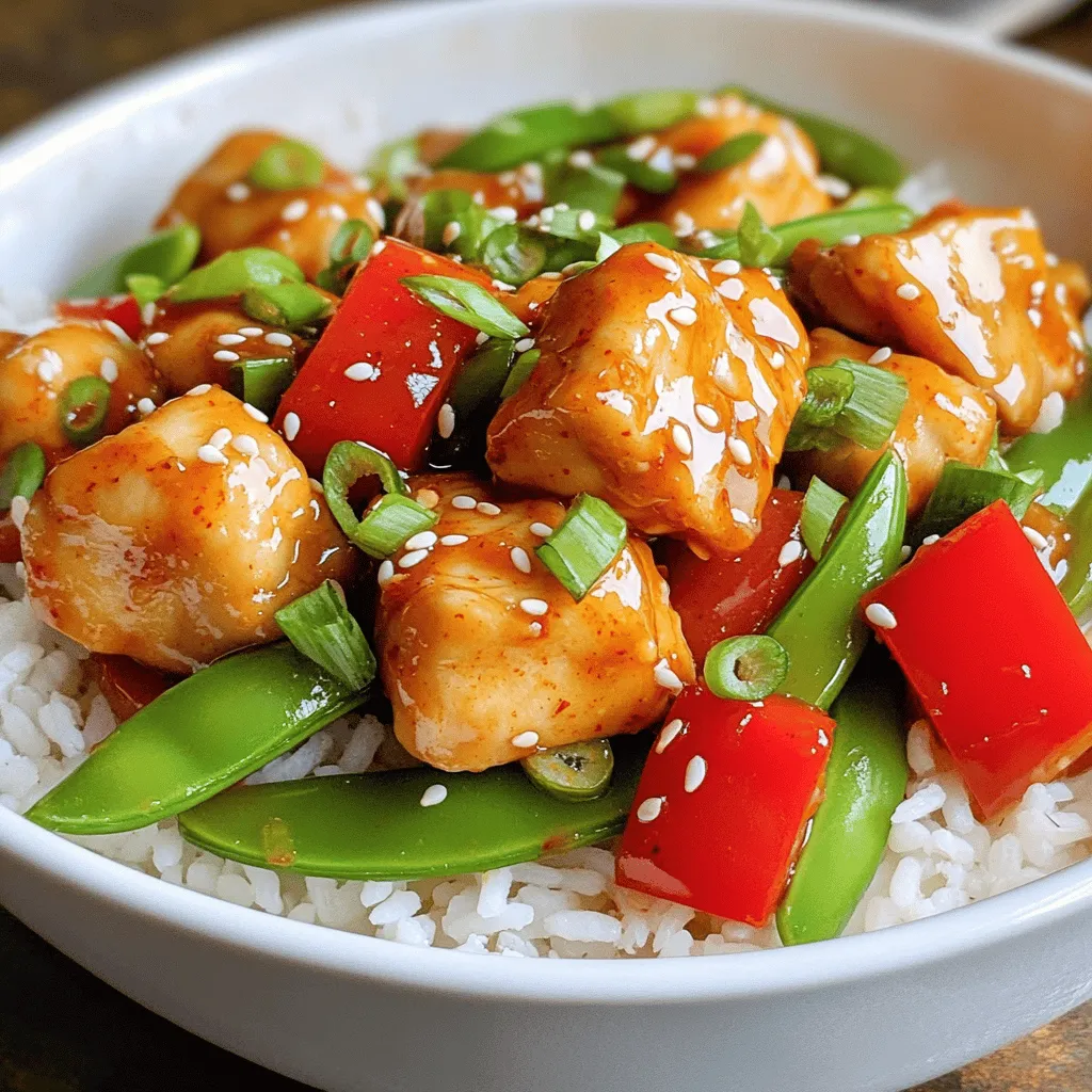For the Sweet Chili Chicken Bowl, you will need: - 2 boneless, skinless chicken breasts, cubed - 1 cup sweet chili sauce - 2 tablespoons soy sauce - 1 tablespoon sesame oil - 1 tablespoon fresh ginger, grated - 2 cloves garlic, minced - 1 cup jasmine rice - 1 cup water or chicken broth - 1 red bell pepper, thinly sliced - 1 cup snap peas, trimmed - 2 green onions, sliced - 1 tablespoon sesame seeds - Salt and pepper to taste These ingredients create a great base for the dish. The chicken provides protein, while the sweet chili sauce gives it a unique taste. The vegetables add color and crunch. Jasmine rice acts as the perfect base for all these flavors. You can also customize your bowl with optional ingredients like: - Additional proteins such as shrimp or tofu - Toppings and garnishes like cilantro or lime wedges - Alternative vegetables such as broccoli or carrots These options let you tailor the dish to your taste. If you want extra protein, shrimp or tofu work well. Adding lime gives a fresh burst of flavor. You can find the full recipe [here]. To marinate chicken, start by mixing the sweet chili sauce, soy sauce, sesame oil, grated ginger, minced garlic, and salt and pepper in a bowl. This mix packs a punch of flavor. Then, add the cubed chicken and stir well to coat every piece. It’s important to let the chicken sit in the marinade for at least 30 minutes in the fridge. This resting time lets the flavors seep in deeply, making your dish even tastier. First, rinse the jasmine rice under cold water until the water runs clear. This step removes excess starch and helps the rice cook evenly. For cooking, you can use either a stovetop method or a rice cooker. If you choose the stovetop, combine the rinsed rice with water or chicken broth in a medium saucepan. Bring it to a boil, reduce to a simmer, and cover. Cook for about 15 minutes until all the liquid is absorbed. Let it sit covered for another 5 minutes to finish steaming. Heat a large skillet over medium-high heat. Pour in the marinated chicken along with the marinade. Cook for about 5-7 minutes until the chicken is browned and fully cooked. To check the temperature, the chicken should reach 165°F. After the chicken is cooked, add the sliced red bell pepper and snap peas to the skillet. Sauté them for 3-4 minutes until they are tender-crisp. This timing ensures the veggies stay vibrant and crunchy, adding great texture to your bowl. For the complete recipe, check out the [Full Recipe]. For a tasty marinade, switch up the sweet chili sauce. Try adding lime juice for a zesty kick. You could also mix in a bit of honey for extra sweetness. To make the chicken juicy, sear it on high heat first. This locks in the juices and adds color. When you serve the bowl, layer the rice first. Then, add the chicken and veggies on top. This makes it look nice and helps keep everything warm. For sides, consider a fresh cucumber salad or edamame. They add crunch and balance the sweetness. One mistake is overcooking the chicken. This makes it dry and chewy. Keep an eye on the cooking time and remove it from the heat when it’s just done. Another mistake is under-seasoning. Always taste your dish before serving. Adjust the seasoning if it seems bland. {{image_2}} You can change the sweet chili sauce for a zesty twist. Try adding sriracha for heat or lime juice for zing. Mixing honey with soy sauce creates a sweet-savory blend. You can also use a teriyaki sauce for a different taste. For a health-conscious swap, look for low-sugar sweet chili sauce. You can even make your own sauce using fresh ingredients. This option cuts down on processed sugars and boosts flavor. If you want a change from chicken, use shrimp or pork. Both cook quickly and add great flavor. For a vegetarian option, swap chicken for tofu. Firm tofu works best. Just be sure to press it to remove excess water before cooking. You can also try a mix of beans for added protein in a vegan bowl. Chickpeas or black beans are good choices. They add texture and nutrients without meat. Change your veggies based on the season. In spring, use asparagus or peas for a crisp bite. In fall, swap in roasted squash or Brussels sprouts for warmth. This keeps your bowl fresh and exciting all year. You can also adapt the dish for special events. For a summer cookout, serve it cold as a salad. In winter, add warmer spices like cinnamon or nutmeg for a cozy feel. Embrace the seasons for a unique twist every time! To keep your Sweet Chili Chicken Bowl fresh, cool it down quickly. Place it in a shallow container. This helps the dish chill faster and stay safe. In the fridge, it lasts up to three days. Just make sure you cover it tightly to prevent drying out. If you want to save some for later, freeze it! Use an airtight container or freezer bag. Remove as much air as you can. This helps prevent freezer burn. Your chicken bowl can stay good for up to three months. When you’re ready to eat, thaw it in the fridge overnight. Reheat in a skillet for the best taste. This keeps the chicken juicy and the veggies crisp. Want to make meal prep easier? Prepare the chicken, rice, and veggies ahead of time. Store each item in separate containers. This way, you can mix and match for quick meals. Cooked rice keeps well in the fridge for about five days. You can also chop veggies in advance. Just store them in a sealed bag to keep them fresh. This makes assembling your Sweet Chili Chicken Bowl a breeze! For the full recipe, check out the detailed cooking steps above. To make a sweet chili chicken bowl, follow these steps: 1. Marinate the Chicken: Mix sweet chili sauce, soy sauce, sesame oil, ginger, and garlic. Coat cubed chicken and let it marinate for 30 minutes. 2. Prepare Rice: Rinse jasmine rice until clear. Boil with water or broth, then simmer for 15 minutes. 3. Cook Chicken: In a skillet, heat the marinated chicken over medium-high heat until cooked through, about 5-7 minutes. 4. Add Vegetables: Stir in sliced bell pepper and snap peas. Cook for another 3-4 minutes. 5. Assemble Bowls: Fluff rice, divide into bowls, and top with chicken and veggies. 6. Garnish: Finish with green onions and sesame seeds. For the full recipe, check above. Yes, you can use various proteins in this dish. Here are some options: - Turkey: Use ground turkey for a leaner choice. - Pork: Thinly sliced pork works well with the sweet sauce. - Beef: Use flank steak for a rich flavor. - Tofu: For a vegetarian option, marinated tofu is great. Each protein absorbs flavors well, making the dish versatile. The sweet chili chicken bowl can be healthy. Here’s a quick breakdown: - Chicken: Lean protein source. - Vegetables: Bell peppers and snap peas add fiber and vitamins. - Rice: Jasmine rice provides carbohydrates for energy. For a healthier option, reduce sweet chili sauce or use brown rice instead. To make this dish gluten-free, follow these tips: - Soy Sauce: Use gluten-free soy sauce or tamari. - Sweet Chili Sauce: Check for gluten-free brands. - Rice: Jasmine rice is naturally gluten-free, so it’s a safe choice. These switches ensure you enjoy the bowl without gluten. Here are some side dishes and drinks that pair well with sweet chili chicken bowls: - Steamed Broccoli: Adds crunch and color. - Cucumber Salad: Fresh and light to balance flavors. - Spring Rolls: A tasty appetizer to start the meal. - Green Tea: A refreshing drink that complements the dish. These options enhance your dining experience. You now have everything you need to make a tasty sweet chili chicken bowl. Remember, using fresh ingredients and following the steps will give you great results. Customize your bowl with different proteins or veggies to match your taste. Avoid common mistakes, and your dish will shine. Enjoy a flavorful meal, whether for dinner or meal prep. With these tips, you can create this dish many times while keeping it exciting!