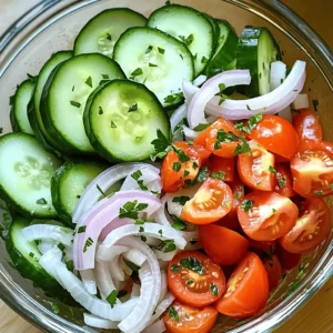 - 2 large cucumbers, thinly sliced - 1 large red onion, thinly sliced - 4 ripe tomatoes, diced - 1/4 cup apple cider vinegar - 2 tablespoons olive oil - 1 tablespoon honey or maple syrup - 1 teaspoon salt - 1/2 teaspoon black pepper - 1 teaspoon dried oregano - Fresh parsley, chopped (for garnish) This recipe serves 4 to 6 people. You can double the amounts if you want more. The balance of flavors works well with these measurements. You can add fresh herbs like dill or basil for more taste. A pinch of red pepper flakes adds a nice kick. Try adding feta cheese for a creamy contrast. To start, we need to slice the cucumbers and onions. Use a sharp knife for clean cuts. Cut each cucumber into thin rounds. Aim for about 1/8 inch thick. This gives a nice crunch. Next, take the red onion. Slice it thinly, just like the cucumber. Thin slices help blend the flavors well. Now, let’s dice the tomatoes. Cut each tomato into quarters. Then, remove the seeds for a better texture. After that, chop the tomato pieces into small cubes. This will make them mix well with the other veggies. For the marinade, grab a bowl. Combine the apple cider vinegar, olive oil, and honey or maple syrup. Use two tablespoons of oil to get a nice flavor. Add one teaspoon of salt and half a teaspoon of black pepper. Don’t forget the dried oregano; it adds a nice touch. Whisk these ingredients together. This step is key! A good whisk ensures everything mixes well. It helps the oil and vinegar blend into a smooth dressing. Now it’s time to marinate the vegetables. In a big bowl, add the sliced cucumbers and onions. Toss them gently. Next, add the diced tomatoes. Pour the marinade over the veggies. Toss everything together again. Make sure the dressing coats all the vegetables. Cover the bowl with plastic wrap. You can also move the salad to a sealed container. Refrigerate it for at least 30 minutes. This allows the flavors to meld beautifully. Remember, the longer you marinate, the better the taste! Just before serving, give it a gentle toss again. Taste it and adjust salt or pepper if needed. For a touch of color, sprinkle some fresh parsley on top. This is where the magic happens! You can find the full recipe in the previous section. To get the best taste, let the cucumbers, onions, and tomatoes sit. When you mix them with the marinade, they soak up all the good flavors. I suggest letting them chill for at least 30 minutes in the fridge. This time helps the taste blend well. If you want to adjust the seasoning, taste the mix before serving. Add a pinch of salt or a dash of pepper if it needs more oomph. Presentation matters! Use a clear glass bowl to show off the bright colors. You can also layer the salad on fresh lettuce leaves for a nice touch. This adds texture and makes it look fancy. Pair this salad with grilled chicken or fish for a great meal. It also goes well with rice or quinoa for a filling side. Feel free to make this salad your own. You can add protein like chickpeas or grilled shrimp for a heartier dish. Want to switch up the flavors? Try adding feta cheese or olives for a salty kick. If you prefer a sweeter taste, toss in some diced bell peppers or even a splash of lemon juice. The options are endless! For the full recipe, check out the details above. {{image_2}} You can change the veggies in this dish easily. Try adding bell peppers for a sweet crunch. Carrots bring a nice color and extra sweetness. Radishes add a spicy kick. For a seasonal twist, use fresh corn in summer or roasted squash in fall. Each of these choices gives a new taste and texture. While the apple cider vinaigrette is tasty, you can explore other dressings. A classic balsamic vinaigrette or a zesty lemon dressing works well too. For a twist, try a tahini dressing for creaminess. You can also mix in herbs like cilantro or dill for a cultural touch. These flavors can take your dish to new heights. This recipe can fit many diets. It is vegan, as it uses no animal products. If you need gluten-free options, just check the vinegar label. For those looking to lower sugar, swap honey for a sugar-free sweetener. You can even skip it if you like your veggies plain! These small changes make the dish work for everyone. For the full recipe, check out the section above. To keep your marinated cucumbers, onions, and tomatoes fresh, follow these tips: - Always use airtight containers to store leftovers. - Glass containers work best, as they do not retain odors. - If you use plastic, ensure it is BPA-free. This dish can stay fresh in your fridge for about 3 to 5 days. Look for these signs of spoilage: - A change in color, especially in tomatoes. - A mushy texture in the cucumbers or onions. - An off smell that seems sour or unpleasant. You do not need to heat this salad. It tastes best cold. If you prefer to serve it at room temperature, just let it sit out for a few minutes. Here are some serving ideas: - Use a nice bowl to showcase the colors. - Toss gently before serving to mix the flavors again. - Garnish with fresh parsley just before serving for a pop of color. For more details, check out the Full Recipe. To get the best flavor, marinate the salad for at least 30 minutes. This time lets the veggies soak up the dressing. If you have more time, try marinating for up to 2 hours. The longer they sit, the better the taste! Yes, you can prepare this dish ahead of time! Make the salad up to a day before serving. Store it in an airtight container in the fridge to keep it fresh. Just remember to toss it again before you serve. This helps mix the flavors back together. This salad pairs well with grilled chicken, fish, or a savory sandwich. You can also serve it with warm pita bread. It adds a nice touch and balances the meal. Consider adding some crispy chips for extra crunch, too. Yes! You can easily customize this recipe. Add fresh herbs like basil or dill for more flavor. You can also swap the honey for agave syrup if you want a vegan option. Feel free to mix in avocado or bell peppers for added texture and taste. This post guided you through making a fresh salad with cucumbers, tomatoes, and onions. You learned key ingredients, preparation steps, and tips for flavor enhancement. Customization options let you adapt the salad to suit your taste. Remember, allowing flavors to meld is key for a great dish. Enjoy the process, and feel free to experiment! Your unique touch can make this salad even better. Happy cooking!