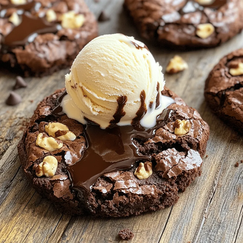 To make fudgy chocolate brownie cookies, gather these ingredients: - 1/2 cup unsalted butter, melted - 1 cup brown sugar, packed - 1/4 cup granulated sugar - 2 large eggs - 1 teaspoon vanilla extract - 1/2 cup all-purpose flour - 1/3 cup unsweetened cocoa powder - 1/2 teaspoon baking powder - 1/4 teaspoon salt - 1 cup semi-sweet chocolate chips - 1/2 cup chopped walnuts (optional) If you don’t have an ingredient, don’t worry! Here are some swaps: - Use coconut oil instead of butter for a dairy-free option. - Replace brown sugar with coconut sugar for a different flavor. - For eggs, try using a flaxseed meal or applesauce. Use 1 tablespoon of flaxseed mixed with 2.5 tablespoons of water per egg. - Use gluten-free flour instead of all-purpose flour for a gluten-free treat. - If you prefer, use dark chocolate chips instead of semi-sweet for a richer taste. Choosing the right ingredients makes a big difference. Here’s what to look for: - Use unsalted butter for better control over saltiness. - Select high-quality cocoa powder for a deeper chocolate flavor. - Choose fresh eggs for the best taste and texture. - Look for chocolate chips with 60% cocoa or higher for a richer flavor. - If using nuts, pick raw or lightly roasted walnuts for a fresh crunch. These tips help you create the best fudgy chocolate brownie cookies. For the full recipe, check the section above! To make these fudgy chocolate brownie cookies, start by gathering your ingredients. You will need: - 1/2 cup unsalted butter, melted - 1 cup brown sugar, packed - 1/4 cup granulated sugar - 2 large eggs - 1 teaspoon vanilla extract - 1/2 cup all-purpose flour - 1/3 cup unsweetened cocoa powder - 1/2 teaspoon baking powder - 1/4 teaspoon salt - 1 cup semi-sweet chocolate chips - 1/2 cup chopped walnuts (optional) Now, preheat your oven to 350°F (175°C). Line a baking sheet with parchment paper to prevent sticking. In a large bowl, mix the melted butter, brown sugar, and granulated sugar. Stir until you see no lumps. Next, add the eggs one at a time. Make sure to stir well after each egg. Then, mix in the vanilla extract. In another bowl, sift together the flour, cocoa powder, baking powder, and salt. This helps blend the dry ingredients. Gradually add the dry mix to the wet mixture. Stir just until combined. Be careful not to overmix; this keeps your cookies soft. Once your dough is ready, fold in the chocolate chips and walnuts if you’re using them. They add great texture and flavor. Using a tablespoon or cookie scoop, drop heaping tablespoons of dough onto your prepared baking sheet. Leave space between each cookie. They will spread while baking. Now, place the baking sheet in the preheated oven. Bake for 10 to 12 minutes. Look for the edges to set while the centers appear slightly underbaked. They will firm up as they cool. After baking, remove the cookies from the oven. Let them cool on the baking sheet for about 5 minutes. This makes them easier to move. Then, transfer the cookies to a wire rack to cool completely. For an extra special treat, serve these cookies warm. Add a scoop of vanilla ice cream on top. A drizzle of chocolate syrup makes it even better. You can find the full recipe for more details on how to enjoy these delicious cookies! To get that rich, fudgy texture, start with melted butter. It helps create moisture. Use brown sugar for a deeper flavor. Mix your dough just enough to combine all ingredients. Overmixing can lead to cake-like cookies, which we don’t want. Bake them until the edges are set. The centers should look a bit soft. This helps them stay fudgy after cooling. One mistake is using cold ingredients. Always use room temperature eggs for better mixing. Another common error is not measuring your ingredients correctly. Use a kitchen scale if you can. This ensures you have the right amounts. Don’t forget to let your cookies cool on the baking sheet for a few minutes. This helps them firm up without losing their fudgy centers. You can boost the flavor of your fudgy chocolate brownie cookies in fun ways. Add a pinch of espresso powder to intensify the chocolate. Try using dark chocolate chips for a richer taste. For a nutty twist, fold in walnuts or pecans. A sprinkle of sea salt on top before baking enhances the sweetness. These tips take your cookies from good to great! For the complete recipe, check the Full Recipe section. {{image_2}} To add a nutty twist, mix in chopped walnuts or pecans. Nuts add a nice crunch. They also enhance the flavor. You can use any nut you like. Almonds or hazelnuts work well too. Just be sure to chop them finely. This helps them blend with the cookie dough. You can swap out the semi-sweet chocolate chips for dark or milk chocolate. Each type brings a unique taste. Dark chocolate gives a rich, intense flavor. Milk chocolate offers a creamy sweetness. You can also use white chocolate chips for a fun twist. Try mixing different chocolates together for extra depth. Want to make these cookies gluten-free? Substitute all-purpose flour with almond flour or a gluten-free blend. For a dairy-free version, use coconut oil instead of butter. Make sure to choose dairy-free chocolate chips too. These changes still keep the cookies fudgy and delicious. You can enjoy the same great taste without any gluten or dairy. For the complete recipe, check out the Full Recipe section! To keep your fudgy chocolate brownie cookies fresh, place them in an airtight container. I like to layer parchment paper between the cookies. This helps to prevent them from sticking together. Store the container at room temperature. They will stay fresh for up to five days. If you want to keep them longer, consider freezing. If you want to freeze these cookies, first let them cool completely. Place them in a single layer on a baking sheet. Freeze them for about two hours. Once frozen, transfer the cookies to a freezer-safe bag. Be sure to remove as much air as possible. They can last in the freezer for up to three months. When you're ready to enjoy, thaw them at room temperature or warm them in the oven. To keep your cookies fresh, avoid exposing them to air. Use airtight containers or resealable bags. Adding a slice of bread inside the container can help keep them soft. Remember to store them away from heat sources. Heat can dry out cookies quickly. Always label your containers with the date you baked them. This way, you know how long they've been stored. For the full recipe, check back to create these delicious treats! Fudgy cookies have a rich, moist center. This comes from using melted butter and brown sugar. Brown sugar adds moisture and chewiness. The chocolate chips also melt during baking, creating pockets of gooey chocolate. When you bake them just right, the outside firms up, while the inside stays soft. That’s what makes every bite so delightful! Yes, you can use cocoa powder! It gives a deep chocolate flavor. However, cocoa powder alone may not create the same fudgy texture. To keep the fudgy quality, use a mix of cocoa powder and some melted chocolate. This combo will help your cookies stay rich and moist. These brownie cookies stay fresh for about a week at room temperature. Store them in an airtight container to keep them soft. If you want them to last longer, you can freeze them. Just place them in a freezer bag. They will stay good for up to three months. When you’re ready to enjoy, let them thaw on the counter. In this post, we covered how to make fudgy chocolate brownie cookies. We looked at key ingredients and how to choose the best ones. I gave tips on baking and cooling for the perfect texture. You learned how to avoid common mistakes and try fun variations like gluten-free options. Remember, fresh cookies taste best! Store them properly to keep that fudgy bite. Enjoy baking these cookies and sharing them with friends. You'll impress everyone with your skills!
