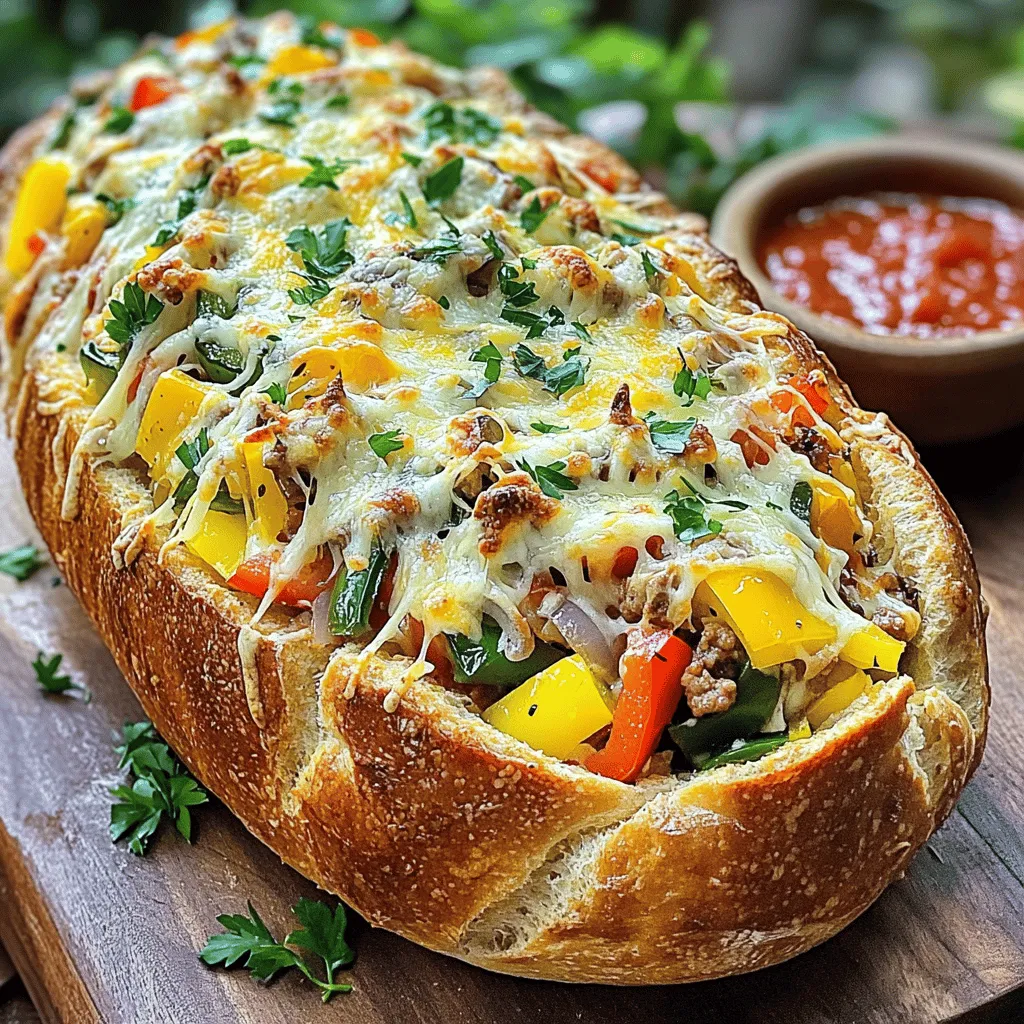 - 1 large loaf of Italian bread - 1 cup shredded mozzarella cheese - ½ cup grated Parmesan cheese - 1 cup mixed veggies (bell peppers, onions, mushrooms, and spinach) - ½ cup cooked and crumbled sausage or ground turkey - 1 tablespoon garlic powder - 1 tablespoon Italian seasoning - 2 tablespoons olive oil - Salt and pepper to taste - Fresh parsley for garnish When I make Cheesy Garbage Bread Delight, I start with a large loaf of Italian bread. This bread has a soft inside and a crusty outside. It holds all the cheesy goodness well. I use both mozzarella and Parmesan cheese to create a creamy mix. The mozzarella melts beautifully, while the Parmesan adds a sharp flavor. I love to add veggies for more taste. Bell peppers, onions, mushrooms, and spinach work well together. You can also add crumbled sausage or ground turkey for extra protein. For flavor, garlic powder and Italian seasoning are key. They bring the dish to life. A drizzle of olive oil adds richness, while salt and pepper balance everything. I finish with fresh parsley for a pop of color. These ingredients come together to make a quick and tasty dish. You can find the full recipe at the end of this article. - Preheat the oven to 375°F (190°C). - Slice the Italian bread horizontally. Hollow out the interior, leaving about half an inch of crust. To hollow out the bread, use a sharp knife. Be careful not to cut through the crust. This step creates a sturdy shell for our cheesy filling. - Sauté mixed veggies and optional meat in olive oil. - Stir in cheeses and seasonings until combined. In a skillet, heat the olive oil over medium heat. Add the mixed veggies and any meat you like, such as sausage or turkey. Cook until the veggies soften, about five to seven minutes. Remove from heat and mix in the mozzarella, Parmesan, garlic powder, Italian seasoning, salt, and pepper. This filling is where the magic happens. The combination of cheese and veggies creates a creamy, flavorful mix that fills our bread perfectly. - Fill the hollowed bread with the cheesy mixture. - Bake until golden and bubbly, about 15-20 minutes. Take your cheesy mix and pack it tightly into the hollowed bread. Place the stuffed loaf on a baking sheet lined with parchment paper. Bake it until the cheese melts and the bread turns golden brown. This usually takes about 15 to 20 minutes. The aroma during baking is irresistible! You can almost taste the cheesy goodness before it’s done. Enjoy this fun and easy dish with friends or family. For the complete instructions, check out the Full Recipe. - Use fresh ingredients for better flavor. Fresh veggies and cheese make a big difference. - Hollow out the bread carefully to maintain structure. Keep enough crust to hold the filling. - Serve with marinara sauce for dipping. This adds a nice touch of flavor. - Garnish with parsley for added freshness. It makes the dish look and taste great. - Overfilling the bread can cause spillage. Aim for a snug fit without overflowing. - Not preheating the oven enough may affect baking. Always let the oven heat fully before baking. {{image_2}} Cheesy Garbage Bread Delight is fun to customize! You can change it up in many ways. Here are some tasty variations you can try. Want a veggie delight? Replace the sausage with more vegetables or tofu. Use any mix you like. Bell peppers, zucchini, and carrots all work well. This option is colorful and healthy. Plus, the cheese pairs well with all those fresh flavors. If you love heat, add jalapeños or red pepper flakes. Just sprinkle them into the filling. This will give your bread a spicy kick. Be careful not to add too much, as it can get fiery! This twist makes every bite exciting. Don’t be afraid to experiment with different cheeses! Cheddar, gouda, or feta can add unique flavors. Each cheese brings its own taste and texture. Mixing cheeses can also make your dish creamier or sharper. Try different combos to find your favorite! These variations keep Cheesy Garbage Bread Delight fresh and fun. Enjoy making your own version! For the full recipe, check out the details above. Keep your cheesy garbage bread delight in an airtight container in the fridge. This way, it stays fresh for up to three days. Make sure it cools before sealing to avoid moisture build-up. For the best taste, reheat in the oven. Set your oven to 350°F (175°C) and bake for about 10 minutes. This keeps the bread crunchy and the cheese melty. You can also use a microwave for a quick fix, but it may lose some crispiness. If you have extra cheesy garbage bread, wrap slices tightly in plastic wrap. Then place them in a freezer bag. This method helps keep them fresh for up to three months. To enjoy, thaw in the fridge overnight before reheating. Cheesy Garbage Bread Delight is a fun and cheesy stuffed bread. You can fill it with many tasty ingredients. Common choices include mozzarella cheese, mixed veggies, and sausage. The best part? You can customize it however you like! Yes, you can prepare this dish in advance. Bake it, then store it in the fridge. When you're ready to eat, just reheat it and enjoy. This makes it a great choice for busy days or parties. Cheesy Garbage Bread Delight works well as an appetizer. It pairs nicely with salads or soups. You can also serve it with a side of marinara sauce for dipping. This adds extra flavor and fun to your meal. For the full recipe, check out the [Full Recipe]. You learned how to make Cheesy Garbage Bread Delight. This dish uses Italian bread, cheese, and your choice of add-ins. Stick to fresh ingredients for the best taste. Remember to hollow out the bread carefully and fill it just right. You can even mix things up with spices or different cheeses. Store leftovers in the fridge or freeze for later. Enjoy this tasty dish with your favorite dip or as a fun food for gatherings. Experiment and make it your own!