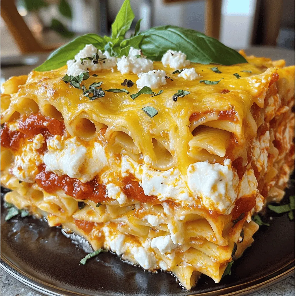 - 1 pound ziti pasta - 2 cups marinara sauce - 1 cup ricotta cheese - 1 cup mozzarella cheese, shredded - 1 cup gouda cheese, shredded - 1/2 cup parmesan cheese, grated - 1/2 cup goat cheese, crumbled - 2 tablespoons olive oil - 2 cloves garlic, minced - 1 teaspoon dried oregano - Salt and pepper to taste - Fresh basil for garnish When it comes to creating Five Cheese Ziti Al Forno, picking the right ingredients makes all the difference. I love using ziti pasta because it holds sauce well and has a nice bite. For the cheeses, I blend ricotta, mozzarella, gouda, parmesan, and goat cheese. This mix gives a rich, creamy texture and a burst of flavor. Marinara sauce is key. It adds a bright, tangy taste and pairs perfectly with the cheesy goodness. I always use quality olive oil and fresh garlic to enhance the sauce. Dried oregano brings in warmth and depth, while salt and pepper balance everything out. For a finishing touch, fresh basil adds color and a fresh taste. You can find all these ingredients in most grocery stores. Check out the Full Recipe for exact measurements and steps. 1. Cooking ziti pasta Start by boiling water in a large pot. Add salt to the water. Once the water boils, add 1 pound of ziti pasta. Cook it for about 6 to 8 minutes, until it is al dente. Drain the pasta and set it aside in a bowl. 2. Sautéing garlic and combining with sauce In a large skillet, heat 2 tablespoons of olive oil over medium heat. Add 2 cloves of minced garlic to the pan. Sauté it for about 1 minute until it smells good. Next, stir in 2 cups of marinara sauce and 1 teaspoon of dried oregano. Let this mixture simmer for 5 minutes so the flavors mix well. 3. Mixing cheeses In a big mixing bowl, combine the cooked ziti, 1 cup of ricotta cheese, half of 1 cup of shredded mozzarella cheese, 1 cup of shredded gouda cheese, 1/2 cup of grated parmesan cheese, and half of 1/2 cup of crumbled goat cheese. Add salt and pepper to taste. Mix everything gently until well combined. 4. Baking the dish Pour the marinara sauce over the pasta and cheese mix. Stir it well to coat everything. Transfer this mixture into a greased 9x13-inch baking dish. Sprinkle the rest of the mozzarella and goat cheese on top. Cover the dish with aluminum foil and bake it in a preheated oven at 375°F (190°C) for 25 minutes. After that, remove the foil and bake for another 15 minutes until the cheese bubbles and turns golden. Let it rest for 5 to 10 minutes before serving. Garnish with fresh basil leaves. This method ensures you create a hearty and delicious Five Cheese Ziti Al Forno. For a detailed list of ingredients, be sure to check the Full Recipe. - Cooking pasta al dente Cook the ziti until it is al dente. This means it should be firm, not soft. It will finish cooking in the oven. This helps keep the pasta from becoming mushy. - Adding creaminess with cheeses Use a mix of cheeses for great flavor. I love ricotta for its smoothness. Mozzarella adds stretchiness, while gouda brings a smoky touch. Goat cheese adds tang, and parmesan gives a salty kick. The blend makes every bite creamy and rich. - Controlling baking time for optimal texture Cover your dish with foil for the first part of baking. This keeps the moisture in. Then, remove the foil to brown the cheese. Bake until golden and bubbly. This gives the top a crispy texture while keeping the inside soft. These tips will elevate your Five Cheese Ziti Al Forno to a new level. If you want to dive deeper into the cooking process, check out the Full Recipe for all the details! {{image_2}} You can make Five Cheese Ziti Al Forno even more fun. Here are some ideas to change it up. - Adding vegetables or protein: Try adding spinach, mushrooms, or zucchini. These veggies add color and taste. You can also mix in cooked chicken, sausage, or ground beef. This makes your dish heartier and more filling. - Alternative cheese combinations: If you want to switch the cheese, go for it! Try adding fontina or provolone. These cheeses melt well and add unique flavors. You can also use vegan cheese if you prefer a plant-based option. - Spicy ziti options: For those who like a kick, add red pepper flakes or jalapeños. This adds heat and makes the dish exciting. You can even mix in spicy sausage for extra flavor. Feel free to experiment with these ideas. Each twist brings a new taste, making your ziti special every time. You’ll find that there is no limit to what you can create! For the full recipe, check out the details above. After you enjoy your Five Cheese Ziti Al Forno, store any leftovers properly. First, let the dish cool down at room temperature. Then, place it in an airtight container. This helps keep the flavors fresh. In the fridge, it lasts about three to four days. If you want to save it for a longer time, freezing works great. Cut the ziti into portions and wrap each piece in plastic wrap. Then, put the wrapped pieces in a freezer-safe bag. This keeps them safe for up to three months. When you're ready to eat again, let it thaw in the fridge overnight. Reheat the ziti in the oven at 350°F (175°C) for about 20 minutes. Cover it with foil to prevent drying out. Or use the microwave in short bursts. The key is to heat it evenly. Enjoy your delicious comfort meal again soon! You can find the Full Recipe above if you need a reminder of the steps. Can I make it ahead of time? Yes, you can make Five Cheese Ziti Al Forno ahead of time. Simply prepare the dish up to the baking step, cover it, and store it in the fridge. You can bake it later. It saves time and still tastes great. What can I substitute for ricotta cheese? If you need a ricotta cheese substitute, try cottage cheese or cream cheese. Both create a creamy texture like ricotta. You can also use a tofu blend for a dairy-free option. Can Five Cheese Ziti Al Forno be made vegetarian? Absolutely! To make it vegetarian, just use a meat-free marinara sauce. All the cheeses are already vegetarian, so you’re set. Feel free to add vegetables like spinach or mushrooms for extra flavor. How do I reheat leftovers? To reheat leftovers, place your Five Cheese Ziti Al Forno in an oven-safe dish. Cover it with foil to keep it moist. Heat at 350°F (175°C) for about 20-25 minutes or until warmed through. Enjoy! Five Cheese Ziti Al Forno is a rich, tasty dish. We covered ingredients, preparation steps, and tips for perfecting your ziti. You learned ways to add your own twist and how to store leftovers properly. This dish is easy to make and gives room for creativity. Enjoy your cooking and impress your family and friends with your delicious ziti. Happy cooking!