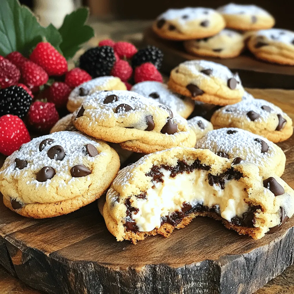 To make these delightful cookies, gather the following main ingredients: - 1 cup all-purpose flour - 1/2 teaspoon baking soda - 1/4 teaspoon salt - 1/2 cup unsalted butter, softened - 1/2 cup brown sugar - 1/4 cup granulated sugar - 1 large egg - 1 teaspoon vanilla extract - 1 cup semi-sweet chocolate chips These ingredients form the base of your cookies. Mixing them well creates a sweet, buttery dough that makes every bite enjoyable. For the creamy cheesecake filling, you will need: - 8 oz cream cheese, softened - 1/4 cup powdered sugar - 1/2 teaspoon vanilla extract - 1 tablespoon lemon juice This filling adds a rich and tangy layer to your cookies. The cream cheese gives it that perfect cheesecake texture, while the lemon juice gives a fresh touch. You can customize your cookies with these optional add-ins: - Chopped nuts (like walnuts or pecans) - Mini chocolate chips for extra chocolate flavor - A sprinkle of sea salt for contrast These add-ins can enhance the taste and texture of your cookies. Feel free to mix and match to find your favorite combination. For the complete recipe, check out the Full Recipe. To start, gather your ingredients for the cookie dough. You need flour, baking soda, salt, butter, brown sugar, granulated sugar, an egg, vanilla extract, and chocolate chips. 1. Preheat your oven to 350°F (175°C) and line a baking sheet with parchment paper. 2. In a small bowl, mix the flour, baking soda, and salt together. Set this aside for now. 3. In a larger bowl, beat the softened butter, brown sugar, and granulated sugar until it’s fluffy. This step gives your cookies a nice texture. 4. Add the egg and vanilla extract. Mix until everything is well combined. 5. Gradually stir in the flour mixture. Stop when it's just mixed. Fold in the chocolate chips gently. Next, let’s make the cheesecake filling. You will need cream cheese, powdered sugar, vanilla extract, and lemon juice. 1. In another bowl, beat the softened cream cheese until it’s smooth. You want it creamy and free of lumps. 2. Add the powdered sugar, vanilla extract, and lemon juice. Mix until fully combined. This filling will add a tasty surprise inside your cookies. Now, we combine the cookie dough and cheesecake filling. 1. Take a tablespoon of cookie dough and flatten it in your hand. 2. Place a teaspoon of cheesecake filling in the center. 3. Wrap the dough around the filling and roll it into a ball. Repeat this for all the dough and filling. 4. Place the cookie balls on the baking sheet. Make sure to leave space between them. 5. Bake them in the preheated oven for 10-12 minutes. Look for golden edges and set centers. 6. Let the cookies cool on the baking sheet for 5 minutes. After that, transfer them to a wire rack to cool completely. These steps will help you create delicious cheesecake stuffed chocolate chip cookies. For the full recipe, check the detailed instructions above. Enjoy your baking! To get the best texture for your cookies, stick to these steps: - Use room temperature butter. This helps the dough mix well and stay soft. - Do not overmix the dough. Mix just until you see no flour. This keeps cookies tender. - Chill the dough for 30 minutes. Chilling helps them hold shape and bake evenly. Watch out for these common mistakes: - Skipping the chilling step. This can lead to flat cookies. - Using cold butter. Cold butter won't cream well with the sugars. - Not measuring ingredients correctly. Always use a scale or measuring cups for accuracy. Follow these tips for the best baking results: - Preheat your oven to 350°F (175°C). A hot oven helps cookies rise. - Bake for 10-12 minutes. Keep an eye on them; the edges should be golden. - Let cookies cool on the sheet for 5 minutes. This helps them set before moving. For more details, check out the Full Recipe. {{image_2}} You can change the flavor of your cheesecake filling. A few simple swaps can make a big difference. Try adding different extracts. Instead of vanilla, use almond or coconut extract for a unique twist. You can also add a bit of fruit. A tablespoon of strawberry or raspberry puree will give a fruity taste. If you want a richer flavor, mix in a bit of chocolate or caramel syrup. Each option brings its own fun to the cookies. While semi-sweet chocolate chips are great, think about mixing it up. Dark chocolate chips add a bold flavor. Milk chocolate chips offer a sweeter touch. You could even use white chocolate for a creamy contrast. For a surprise, try adding chocolate chunks or chocolate-covered candies. Each of these options will change the taste and texture of your cookies. Feel free to experiment with what you like best. Want to make your cookies even more exciting? Add-ins are a great way to do this. Chopped nuts, like walnuts or pecans, add a nice crunch. You can also try adding toffee bits for a sweet, buttery flavor. If you love coconut, mix in some shredded coconut for a tropical vibe. Dried fruit, like cranberries or cherries, can give a nice tartness. These add-ins can help create a cookie that is not just delicious but also unique. Explore different combinations to find your favorite! After baking, let the cookies cool completely. Then, place them in an airtight container. This keeps them fresh for up to five days. If you want to enjoy them later, consider freezing them. To freeze, wrap each cookie in plastic wrap. Then, place them in a freezer bag. Squeeze out as much air as possible before sealing. You can freeze them for up to three months. When you're ready, just thaw them at room temperature. If you want warm cookies again, preheat your oven to 350°F (175°C). Place the cookies on a baking sheet and heat for about 5-7 minutes. This will make them soft and delicious. You can also use the microwave. Heat for about 10-15 seconds. Enjoy the gooey filling and warm chocolate! Yes, you can use low-fat cream cheese. It will change the texture slightly. The filling may not be as rich, but it still tastes good. If you want a lighter option, it works well in this recipe. These cookies stay fresh for about five days. Store them in an airtight container at room temperature. For longer freshness, you can refrigerate them. Just make sure they are sealed well. Absolutely! You can make the cookie dough ahead of time. Simply wrap it tightly in plastic wrap. Store it in the fridge for up to three days. For longer storage, freeze the dough for up to three months. Just remember to thaw it in the fridge before baking. For the full recipe, check the details above. In this blog post, we explored how to make delicious cheesecake stuffed cookies. We looked at the main ingredients for both the cookies and the cheesecake filling. I shared step-by-step instructions for preparing the dough, making the filling, and baking the cookies. You learned tips to get the best texture and avoid common mistakes. Remember, you can customize the flavors and add-ins to make it your own. Store leftovers properly for the best taste. Try these fun variations and enjoy your baking journey!