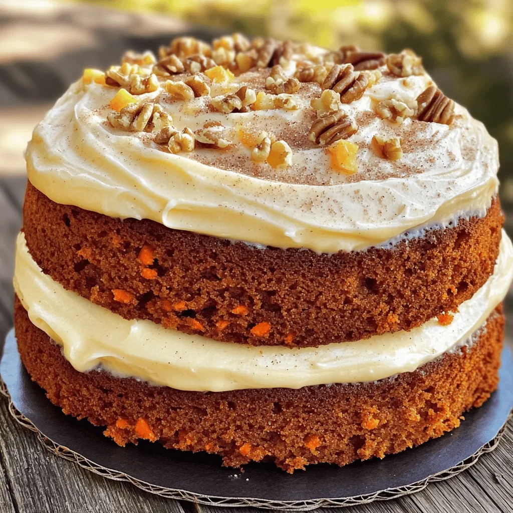 - 2 cups all-purpose flour - 2 cups granulated sugar - 1 teaspoon baking soda - 1 teaspoon baking powder - 1 teaspoon ground cinnamon - 1/2 teaspoon ground nutmeg - 1/2 teaspoon salt - 1 cup vegetable oil - 4 large eggs - 3 cups grated carrots - 1 cup crushed pineapple (drained) - 1/2 cup chopped walnuts - 1/2 cup raisins - 1/2 cup unsalted butter (softened) - 1/4 cup powdered sugar - 1 teaspoon ground cinnamon When I create carrot cake, I always focus on the right balance of flavors. The dry ingredients set the stage. I blend the flour, sugar, baking soda, baking powder, cinnamon, nutmeg, and salt. This mix gives the cake its rise and flavor. Next, the wet ingredients bring moisture and richness. The oil keeps the cake soft. Eggs help it rise. Grated carrots add sweetness and texture. Crushed pineapple enhances the cake's flavor and keeps it moist. If you want some crunch or extra sweetness, mix in walnuts or raisins. These are optional but really add to the fun. Finally, the cinnamon butter is a game changer. I beat together softened butter, powdered sugar, and ground cinnamon until creamy. This adds a sweet touch to the cake. For the full recipe, check out Carrot Cake Delight with Cinnamon Butter. It’s simple and enjoyable. All these ingredients work together to create a delicious treat! - Preheat your oven to 350°F (175°C). - Grease and flour two 9-inch round cake pans. Start by making sure your oven is hot enough. This helps the cake rise well. Greasing and flouring the pans stops the cake from sticking. Use butter or oil for greasing. Then sprinkle flour in the pan and shake it around. - Whisk together the flour, sugar, baking soda, baking powder, cinnamon, nutmeg, and salt. In a big bowl, combine the dry ingredients. Whisk them well. This step mixes everything evenly. It also adds air, which makes the cake light. Make sure there are no clumps left. - Beat vegetable oil and eggs until smooth. - Gradually mix in dry ingredients. In another bowl, beat the vegetable oil and eggs. You want a nice, smooth mix. Slowly add the dry mix to this bowl. Stir until just combined. Don't overmix, or your cake could turn out tough. - Fold in grated carrots, crushed pineapple, walnuts, and raisins. Now it's time to add the fun stuff! Gently fold in the grated carrots and crushed pineapple. If you like, add walnuts and raisins too. These ingredients bring flavor and texture. Make sure everything is mixed well but still light. - Divide batter into prepared pans. - Bake for 30-35 minutes until a toothpick comes out clean. Pour the batter evenly into the prepared pans. This ensures both cakes bake evenly. Bake them for about 30 to 35 minutes. To check if they're done, insert a toothpick in the center. If it comes out clean, the cake is ready. - Beat together softened butter, powdered sugar, and ground cinnamon until creamy. While the cake cools, make the cinnamon butter. In a small bowl, mix the softened butter, powdered sugar, and cinnamon. Beat them until creamy. This butter adds a delicious twist to your cake. Once the cakes cool down, it's time to frost! For the full recipe, check the earlier section. Enjoy the delightful process of making this tasty carrot cake! To make a moist carrot cake, start with measuring your ingredients correctly. Use dry measuring cups for flour and sugar. Level off the tops with a straight edge. For liquids, use a clear measuring cup. Do not overmix the batter. When you add the dry mix to the wet ingredients, stir gently. Mix until just combined. Overmixing can make the cake dense and dry. For the best cinnamon butter, I suggest one part butter to half a part sugar. This balance gives the right sweetness. Add one teaspoon of ground cinnamon to the mix for flavor. You can enhance the flavor with a splash of vanilla extract. This simple addition makes the butter even more delicious. For a beautiful presentation, top your cake with chopped walnuts or a light sprinkle of cinnamon sugar. These add visual appeal and texture. Serve slices with extra cinnamon butter on the side. This creates an indulgent treat that everyone will love. For the full recipe, check the details above and enjoy your delightful creation! {{image_2}} To make this carrot cake gluten-free, you can swap regular flour for almond flour or a gluten-free flour mix. Almond flour gives a nutty flavor and moist texture. If using a gluten-free mix, check if it includes xanthan gum. If not, add a teaspoon for better binding. Follow the same steps in the recipe, and you'll have a delicious gluten-free treat. For a vegan carrot cake, replace the eggs with flax eggs or applesauce. Mix 1 tablespoon of ground flaxseed with 2.5 tablespoons of water for each egg. Let it sit until it thickens. Use plant-based milk instead of regular milk in the cinnamon butter. Coconut oil can replace dairy butter. This way, you keep all the flavor while making it vegan-friendly. You can add coconut for a tropical twist. Shredded coconut pairs well with the carrots. Another great option is adding spices like cardamom or ginger. These spices will give your cake a unique flavor. Experiment with different nuts too, like pecans or macadamia nuts, for added crunch. Personalizing your cake makes it truly your own. For more detailed steps, check the Full Recipe. To store leftover carrot cake, place it in an airtight container. Keep it in the refrigerator. This helps keep it moist and fresh. You can also cover the cake with plastic wrap. Make sure it’s tightly sealed. The cake stays good for about five days in the fridge. If you want, you can slice it before storing. This makes it easy to grab a piece later. If you have more cake than you can eat, freezing is a great option. To freeze cake layers, wrap each layer in plastic wrap. Then, place them in a freezer bag. Be sure to squeeze out any air. For frosted cake, you should freeze it uncovered for about one hour. This helps the frosting set. After that, wrap it tightly with plastic wrap. The cake can last up to three months in the freezer. When you're ready to enjoy your frozen cake, take it out of the freezer. Leave it in the fridge overnight to thaw slowly. This keeps the cake moist. If you need it faster, you can thaw it at room temperature for about two hours. Avoid using a microwave, as it can make the cake dry. If you want to warm it, place slices in a preheated oven for a few minutes. Enjoy your delicious carrot cake with a touch of cinnamon butter! Yes, you can make this carrot cake ahead of time. To store it, let the cake cool completely. Wrap each layer in plastic wrap. Place the layers in the fridge for up to five days. You can freeze the cake for up to three months. Be sure to wrap it well in foil and plastic. When you are ready to serve, thaw the cake in the fridge overnight. You can add more spices to boost flavor. Try adding a teaspoon of ground ginger or allspice. You can also mix in a splash of vanilla extract. If you like nuts, add more chopped walnuts for a crunch. You could also fold in some shredded coconut for a tropical twist. Pineapple adds moisture and sweetness to the cake. It helps keep the cake soft and tender. You can skip the pineapple if you prefer. Just replace it with an equal amount of grated carrots. This will still keep the cake moist. To check if the cake is done, insert a toothpick into the center. If it comes out clean, the cake is ready. You can also gently press the top of the cake. It should spring back when done. If it leaves an impression, it needs more time to bake. In this post, I covered how to make a delicious carrot cake. We explored the key ingredients, both dry and wet. Then, I shared step-by-step instructions for mixing and baking. I also provided tips for a moist cake and variations for gluten-free and vegan options. Remember, you can always add your favorite mix-ins. Whether you serve it with cinnamon butter or store it for later, this cake is sure to please. Enjoy your baking journey!