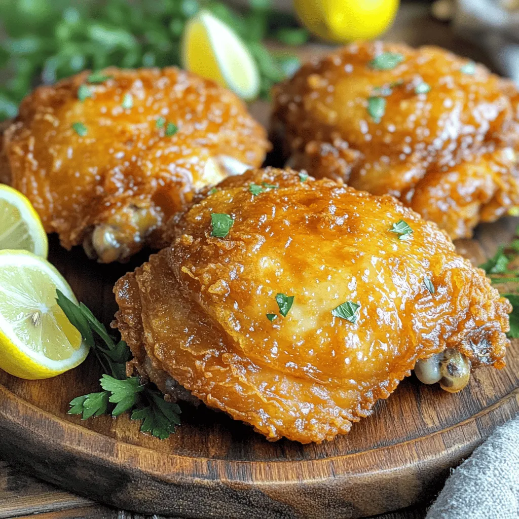 To make the best crispy buttermilk chicken, you need some key ingredients: - 4 chicken thighs (bone-in, skin-on) - 2 cups buttermilk - 2 teaspoons garlic powder - 1 teaspoon onion powder - 1 teaspoon paprika - 1 teaspoon cayenne pepper (adjust for spice) - Salt and pepper to taste - 1 ½ cups all-purpose flour - 1 teaspoon baking powder - Oil for frying (vegetable or canola) These ingredients work together to create juicy chicken with a crispy crust. I suggest using brands that you trust for quality. For buttermilk, try Lifeway or Daisy. They offer a rich flavor. For flour, King Arthur Baking Company is a great choice. It provides the perfect texture for frying. You can add your own twist to this dish. Consider these optional ingredients: - Fresh herbs like thyme or rosemary for added flavor. - A splash of hot sauce for a spicy kick. - Parmesan cheese mixed into the flour for a cheesy crust. These choices can elevate your buttermilk chicken and make it uniquely yours. If you want the full recipe, check out the link. To start, gather a large bowl. Mix the buttermilk, garlic powder, onion powder, paprika, cayenne pepper, salt, and pepper. Place the chicken thighs in the bowl. Make sure they are fully covered in the buttermilk. Cover the bowl and place it in the fridge. Let the chicken marinate for at least four hours. For the best flavor, let it sit overnight. While the chicken marinates, prepare your dry mix. In a new bowl, combine the all-purpose flour, baking powder, and a pinch of salt and pepper. Stir until well mixed. This will be the crunchy coating that gives the chicken its crispy texture. For frying, use a large skillet or deep fryer. Pour in enough oil to cover the bottom by about an inch. Heat the oil over medium-high heat. Use a thermometer to check the temperature. Aim for 350°F (175°C) for optimal frying. Too low, and the chicken will soak up oil. Too high, and it will burn. Once the chicken has marinated, take it out of the buttermilk. Let the excess drip off. Dredge each piece in the flour mixture. Press lightly to ensure a thick coating. This step is important for that crispy finish. Shake off any extra flour before placing the chicken on a plate. Carefully add the coated chicken thighs to the hot oil, skin side down. Fry them in batches if needed. Overcrowding will lower the oil temperature. Cook for about 7-8 minutes on each side. You want them golden brown and cooked through. The internal temperature should reach 165°F (75°C). After frying, transfer the chicken to a wire rack or a plate lined with paper towels. This helps drain any excess oil. Let the chicken rest for about 5 minutes. This resting time keeps the chicken juicy. Now, you are ready to enjoy your crispy buttermilk chicken! Check out the Full Recipe for all the details. To ensure your chicken stays juicy, start with good marination. Marinate the chicken in buttermilk for at least four hours. This helps the meat absorb moisture. For more flavor, let it marinate overnight. The acids in buttermilk break down proteins, making the chicken tender. For crispy skin, the coating is key. Use a mix of flour and baking powder. The baking powder adds air, making the crust light and crunchy. When you coat the chicken, press the flour mixture onto the chicken. This helps it stick better. Fry at the right temperature, around 350°F. If the oil is too hot, the skin will burn. Avoid these common mistakes to get the best results. First, don’t skip the marination step. It’s important for flavor and moisture. Second, don’t overcrowd the pan while frying. This lowers the oil temperature and makes the chicken soggy. Lastly, let the fried chicken rest after cooking. This helps keep it juicy. For more detailed steps, check the full recipe. {{image_2}} You can add heat with a spicy buttermilk chicken twist. Just increase the cayenne pepper in the marinade. You can also add hot sauce to the buttermilk. This mix gives the chicken a spicy kick that many love. For extra flavor, try adding chili powder or crushed red pepper flakes. This twist is great for those who crave bold flavors. If you want a healthier choice, try a baked version. After marinating the chicken, coat it with the flour mix as usual. Instead of frying, place the chicken on a baking sheet. Spray the chicken lightly with cooking spray or brush with oil. Bake at 425°F (220°C) for about 25 to 30 minutes. This method gives you crispy skin without all the oil. For a true Southern flavor, adjust your seasonings. Add more paprika, garlic powder, and onion powder for depth. You might want to include thyme, oregano, or even a hint of sugar for sweetness. These small changes can make a big difference. You can also try using buttermilk with a touch of pickle juice for a tangy twist. This will enhance the flavor and tenderness of your chicken. For more detailed instructions, check the full recipe. To keep your crispy buttermilk chicken fresh, place leftovers in an airtight container. Make sure to let the chicken cool down first. Store it in the fridge for up to three days. If you want to keep it longer, consider freezing it. When reheating, use the oven for the best results. Preheat your oven to 375°F (190°C). Place the chicken on a baking sheet. Heat for about 15-20 minutes or until hot. This method helps keep the skin crispy. Avoid the microwave, as it can make the chicken soggy. If you want to freeze your crispy buttermilk chicken, wrap each piece tightly in plastic wrap. Then, put them in a freezer-safe bag. This helps prevent freezer burn. When you're ready to enjoy it, thaw the chicken in the fridge overnight. Reheat it using the oven to restore that crispy texture. You can use plain yogurt or milk with vinegar. Just mix 1 cup of milk with 1 tablespoon of vinegar. Let it sit for a few minutes. This creates a similar tangy flavor. You can also use sour cream, but thin it out with a little water. I recommend marinating the chicken for at least 4 hours. For the best flavor, go for overnight. This time lets the chicken soak up all the spices and the buttermilk. The longer it sits, the more tender it will be. Yes, you can use chicken breasts. They will cook faster than thighs. Make sure to adjust cooking time to avoid overcooking. Breasts tend to dry out if cooked too long. Vegetable or canola oil works best for frying. They have high smoke points. This means they can handle the heat without burning. Peanut oil is another great option if you like a nutty flavor. Use a meat thermometer. The chicken should reach an internal temperature of 165°F (75°C). This ensures it is safe to eat. If you don’t have a thermometer, cut into the thickest part. The juices should run clear, not pink. Absolutely! Use gluten-free flour instead of all-purpose flour. There are many great options available. Just make sure to check the labels to avoid any cross-contamination. This way, everyone can enjoy crispy buttermilk chicken. For the full recipe, check out the complete guide. I’ve shared the key ingredients and steps for making crispy buttermilk chicken. You learned how to marinate and fry the chicken for the best results. I also covered tips for flavor variations and proper storage. Remember, cooking is about experimenting and having fun. Don't hesitate to try new flavors. Enjoy your crispy chicken, and make it your own!