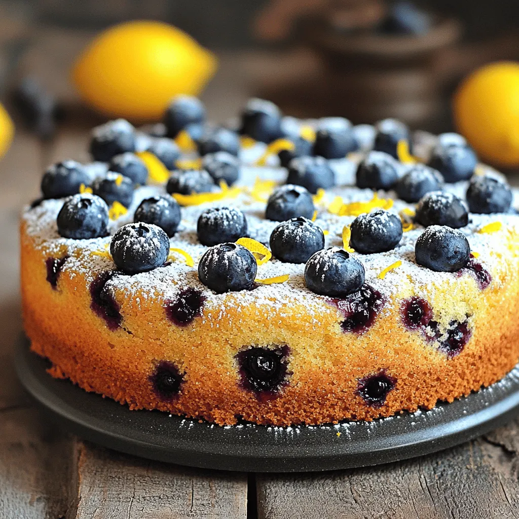 To make the Lemon Cream Cheese Blueberry Cake, gather these fresh ingredients: - 2 cups all-purpose flour - 1 teaspoon baking powder - 1/2 teaspoon baking soda - 1/4 teaspoon salt - 1/2 cup unsalted butter, softened - 1 cup granulated sugar - 8 ounces cream cheese, softened - 3 large eggs - 1 tablespoon lemon zest - 1/4 cup fresh lemon juice - 1 teaspoon vanilla extract - 1 cup fresh blueberries (plus extra for topping) - Powdered sugar for dusting (optional) Measuring ingredients correctly is key to success. Here are some tips to help: - Use the right tools: Use dry measuring cups for flour and sugar. Use liquid measuring cups for liquids. - Level off dry ingredients: Scoop the flour into your cup, then level it off with a knife for accuracy. - Use room temperature ingredients: Softened butter and cream cheese mix better. Take them out of the fridge about an hour before you start. - Pre-measure liquids: When measuring liquids, check at eye level for the right amount. Don't worry if you lack some ingredients. Here are some easy swaps: - Flour: You can use whole wheat flour for a nutty flavor. - Butter: If you need a dairy-free option, try coconut oil instead. - Cream Cheese: Use a non-dairy cream cheese for a vegan option. - Blueberries: Frozen blueberries work fine if fresh ones are not available. Just add them frozen to the batter. These tips and substitutions let you make Lemon Cream Cheese Blueberry Cake your way. For the complete recipe, check out the Full Recipe section. To make this tasty Lemon Cream Cheese Blueberry Cake, follow these steps. First, gather your ingredients. Next, prepare your cake pan. Then, mix the dry and wet ingredients separately. After that, combine everything and fold in the blueberries. Finally, bake and cool your cake. This method gives you a soft, moist treat. 1. Preheat the oven: Set your oven to 350°F (175°C). This step is key for even baking. 2. Prepare the pan: Grease and flour a 9-inch round cake pan. This helps the cake come out easily. 3. Mix dry ingredients: In a bowl, whisk together 2 cups of flour, 1 teaspoon of baking powder, 1/2 teaspoon of baking soda, and 1/4 teaspoon of salt. Set this aside. 4. Cream the butter and sugar: In a large bowl, beat 1/2 cup of softened butter, 1 cup of sugar, and 8 ounces of cream cheese. Mix until light and fluffy, about 3-5 minutes. 5. Add eggs and flavor: Add 3 large eggs, one at a time. Beat well after each. Then, mix in 1 tablespoon of lemon zest, 1/4 cup of fresh lemon juice, and 1 teaspoon of vanilla extract. 6. Combine wet and dry: Gradually mix the dry ingredients into the wet ingredients. Be careful not to over-mix to keep the cake light. 7. Fold in blueberries: Gently add 1 cup of fresh blueberries to the batter. This adds bursts of flavor. 8. Pour into the pan: Spread the batter in the prepared pan. Smooth the top and add extra blueberries on top for looks. 9. Bake the cake: Place the pan in the oven for 30-35 minutes. Check with a toothpick; it should come out clean. 10. Cool the cake: Let it cool in the pan for 10 minutes. Then, move it to a wire rack to cool completely. 11. Finish with powdered sugar: If you like, dust the top with powdered sugar before serving. - Use room temperature ingredients: This helps them blend better and makes the cake fluffier. - Don’t over-mix: Mixing too much can make the cake dense. Stop when just combined. - Check for doneness: Insert a toothpick in the center. If it comes out clean, your cake is ready. - Cool completely: Allow the cake to cool fully before slicing. This keeps it moist and flavorful. By following these steps, you can make a delightful Lemon Cream Cheese Blueberry Cake that will impress your family and friends. For a detailed recipe, check out the Full Recipe. To make a great Lemon Cream Cheese Blueberry Cake, watch out for some common errors. First, do not over-mix the batter. This can cause the cake to be tough. Mix just until you see no dry flour. Second, make sure your butter and cream cheese are soft. Cold ingredients do not blend well. Use room temperature items for the best mix. For the best flavor, use fresh lemons. The zest adds a bright taste. Fresh blueberries give a juicy burst in each bite. When adding blueberries, fold them in gently. This way, they stay whole and do not break apart. Also, let the cake cool completely before serving. This helps the flavors to set and improves the texture. You can serve this cake in many ways. A dusting of powdered sugar gives a lovely look. Serve it with whipped cream or a scoop of vanilla ice cream for extra delight. Pair it with a cup of tea for a cozy treat. Feel free to slice it up and share with friends or family. For the full recipe, check out the detailed instructions above. {{image_2}} You can change the flavor of your Lemon Cream Cheese Blueberry Cake. Adding nuts like walnuts or pecans gives it a nice crunch. You can also mix in spices. A pinch of cinnamon or nutmeg adds warmth. Consider using lemon extract for a stronger lemon flavor. You can even swap blueberries for raspberries or blackberries. Each choice changes the taste and keeps it fun. While the cream cheese frosting is rich and tasty, you can try other frostings. A lemon glaze made with lemon juice and powdered sugar is light and zesty. You could also use whipped cream for a fluffy topping. If you like chocolate, a chocolate ganache can create a unique twist. Each frosting option brings a new vibe to the cake. If you need gluten-free options, use almond or coconut flour instead of all-purpose flour. For a dairy-free version, swap cream cheese with a dairy-free cream cheese spread. You can also use coconut oil instead of butter. These changes keep the cake tasty and enjoyable for everyone, no matter their diet. To keep your Lemon Cream Cheese Blueberry Cake fresh, wrap it well. Use plastic wrap or aluminum foil to cover it tightly. You can also place it in an airtight container. Store it in the fridge if you won’t eat it all in one day. This helps keep the cream cheese frosting from spoiling. You can freeze this cake for later. First, let it cool completely. Then, slice it into portions if you want to take out just a piece at a time. Wrap each slice in plastic wrap, and then place the slices in a freezer bag. Remove as much air as you can before sealing. This way, the cake stays fresh for up to three months. When you are ready to eat it, just thaw it in the fridge overnight. When stored properly, the cake lasts about five days in the fridge. If you freeze it, expect a shelf life of three months. To keep the flavors bright, avoid storing it near strong-smelling foods. Always check for any signs of spoilage before enjoying your cake. For the best taste, serve it chilled or at room temperature. For the full recipe, check out the details above. Yes, you can use frozen blueberries. They work well in this cake. Just toss them in a little flour before adding them to the batter. This helps them stay suspended and not sink to the bottom. Frozen blueberries may make the batter a bit wetter, so be aware of that. To check if your cake is done, insert a toothpick into the center. If it comes out clean or with just a few crumbs, the cake is ready. Keep an eye on the time, but also trust your toothpick. The cake should also spring back when gently pressed. Slice the cake into even pieces for serving. You can dust it with powdered sugar for a touch of sweetness. It pairs well with whipped cream or fresh berries on the side. Serving it with a scoop of vanilla ice cream adds extra joy. For the full recipe, refer to the instructions above. We covered the key steps to make a delicious Lemon Cream Cheese Blueberry Cake. You learned about ingredients, measuring tips, and substitutions. The step-by-step instructions guide you through baking, with tips to avoid mistakes and enhance flavor. We explored variations like alternative frostings and healthy options. Lastly, we discussed storage tips to keep your cake fresh. With these insights, you are ready to bake with confidence and creativity. Enjoy sharing this tasty treat with friends and family!