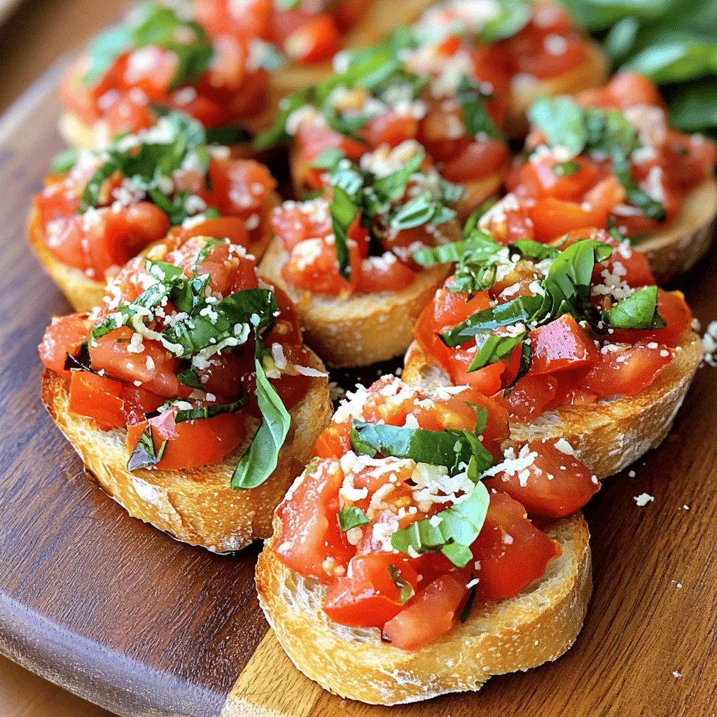 - 6 ripe tomatoes, finely diced - 1 cup fresh basil leaves, chopped - 2 cloves garlic, minced - 2 tablespoons extra virgin olive oil - 1 tablespoon balsamic vinegar - Salt and pepper to taste - 1 baguette, sliced into 1/2-inch thick pieces - 1/4 cup grated Parmesan cheese (optional) - Baking sheet - Mixing bowl - Knife and cutting board - Oven - Calories per serving: About 150 - Macronutrient breakdown: - Protein: 4g - Carbs: 18g - Fats: 7g Using fresh, quality ingredients makes your bruschetta sing. Ripe tomatoes bring sweetness, while basil offers a fragrant touch. You can choose any fresh herbs, but basil is classic for a reason. Use good olive oil for a rich flavor. Keep garlic minced to blend well. Don't skip the balsamic vinegar; it adds a nice zing. The baguette is key! It makes a perfect crostini. Slice it evenly for even toasting. Don't forget to add cheese if you like it creamy. The optional Parmesan is a great finishing touch. For tools, a baking sheet is needed to toast the bread. A mixing bowl helps you combine the fresh ingredients easily. Use a sharp knife and cutting board for safe chopping. Finally, your oven will help achieve that crispy texture on the crostini. This recipe is not just tasty; it's also simple to make. You can enjoy it as a snack or serve it at gatherings. For the full recipe, don't forget to check the details above. Start by dicing the ripe tomatoes. Place them in a bowl. Next, add the chopped basil and minced garlic. Drizzle in the olive oil and balsamic vinegar. Season with salt and pepper. Mix it all well. Let this mixture rest for 15 minutes. This wait allows the flavors to blend nicely. Now, preheat your oven to 400°F (200°C). Take the baguette and slice it into 1/2-inch thick pieces. Arrange the slices on a baking sheet. Brush each slice lightly with olive oil. Bake them in the oven for about 10 minutes. They should turn golden brown and crispy. Once the crostini are toasted, let them cool slightly. Top each toasted slice generously with the tomato mixture. If you like, sprinkle some grated Parmesan cheese on top for extra flavor. For a nice touch, garnish with a few extra basil leaves. Enjoy your savory tomato basil bruschetta on toasted crostini! For the full recipe, check out [Full Recipe]. To get the best taste, let the tomato mixture rest for about 15 minutes. This waiting time helps all the flavors mix well. I love using ripe tomatoes like heirloom or Roma. They add sweetness and depth to the dish. Bruschetta pairs well with a light white wine, like Sauvignon Blanc. It also goes great with other appetizers, such as cheese or olives. For parties, serve the bruschetta on a platter with fresh basil leaves. This adds a pop of color and freshness. One big mistake is over-toasting the bread. You want it crispy but not hard. Also, avoid using unripe tomatoes. They lack flavor and can ruin your bruschetta. Stick to ripe, flavorful tomatoes for the best results. {{image_2}} You can switch up the cheese. Provolone or mozzarella works well in place of Parmesan. They melt nicely and add rich flavor. You can also boost taste by adding avocado or roasted peppers. Both give a creamy texture and a sweet twist. Try different herbs to make your bruschetta unique. Oregano or thyme can add depth. You can also use flavored balsamic vinegar instead of plain. This small change can elevate your dish and surprise your guests. If you're gluten-free, look for gluten-free baguette options. Many stores carry these now. For a vegan version, simply skip the cheese. You won’t miss it, especially with all the fresh flavors. To keep your tomato mixture fresh, store it in an airtight container. This method helps lock in flavor and moisture. The mixture stays fresh in the fridge for up to three days. After that, the tomatoes may lose their crispness and flavor. Always check for any noticeable changes before use. Yes, you can freeze the tomato mixture! However, freezing may change the texture. To freeze, place the mixture in a freezer-safe bag. Remove as much air as possible before sealing. For crostini, it’s best to freeze them before toasting. Slice the baguette, brush with olive oil, and freeze the slices in a single layer. Once frozen, transfer them to a bag. To reheat toasted crostini, use the oven for best results. Preheat your oven to 350°F (175°C). Place the crostini on a baking sheet and heat for about 5-7 minutes. This method keeps the crostini crispy. Avoid using a microwave, as it can make them chewy. Always check your crostini to ensure they stay crunchy and delicious. You can store the tomato basil mixture in the fridge for up to three days. Keep it in an airtight container. For the best taste, eat it fresh. The tomatoes will lose their crunch over time. If you store the toasted crostini, they will get soft. It’s best to keep the mixture and bread separate until serving. Yes, you can make the tomato mixture a few hours before serving. Just mix the diced tomatoes, basil, garlic, olive oil, balsamic vinegar, salt, and pepper. Cover it and let it sit in the fridge. This helps the flavors blend together. If you make it too early, the tomatoes may become mushy. The best bread for bruschetta is a crusty baguette. It has a firm texture and toasts well. You can also use ciabatta or sourdough. These breads hold up against the juicy topping. Make sure to slice them thick enough for a good crunch. For a fun twist, try using garlic bread for added flavor. In this article, we explored how to make delicious Tomato Basil Bruschetta. We covered key ingredients, handy tools, and detailed step-by-step instructions. You learned how to prepare, toast, and assemble the bruschetta for maximum flavor. Remember, resting the mixture boosts its taste, and choosing the right tomatoes makes a difference. Whether you keep it simple or experiment with variations, this dish is sure to impress. Enjoy crafting your own bruschetta, and share it with friends for a perfect snack or appetizer!