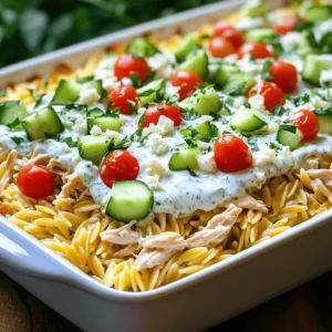 - 2 cups cooked chicken, shredded or diced - 1 cup uncooked orzo pasta - 2 cups chicken broth - 1 cup Greek yogurt - 1 tablespoon lemon juice - 1 clove garlic, minced - 1 cup diced cucumbers - 1 cup cherry tomatoes, halved - 1 cup crumbled feta cheese - Fresh parsley, chopped for garnish The main ingredients of this casserole make it easy and tasty. You start with cooked chicken, which adds protein. I love using shredded or diced chicken for a nice texture. Next, the orzo pasta cooks right in the dish. It absorbs all the flavors as it cooks. Chicken broth keeps everything moist and adds depth to the dish. For the tzatziki sauce, Greek yogurt is key. It gives a creamy base and a slight tang. The lemon juice brightens the flavor, and minced garlic adds a punch that complements the chicken. Finally, you can’t forget the fresh additions. Diced cucumbers add crunch, while cherry tomatoes bring sweetness. Crumbled feta gives a salty kick. Fresh parsley on top makes the dish look vibrant and fresh. This mix of ingredients creates a rich, flavorful casserole that is both filling and satisfying. Check out the Full Recipe for more details on how to put it all together! Preheat the oven to 375°F (190°C). This step is key for even cooking. In a large baking dish, combine the cooked chicken, uncooked orzo pasta, and chicken broth. Stir everything together until mixed well. This forms the base of our casserole. In a separate bowl, mix Greek yogurt, lemon juice, minced garlic, dried dill, and dried oregano. Add salt and pepper to taste. Stir until everything blends smoothly. This tzatziki sauce gives our dish a fresh and creamy flavor. Now, add the tzatziki sauce to the chicken and orzo mixture. Stir gently to ensure every piece is coated. Next, fold in the diced cucumbers and halved cherry tomatoes. These fresh veggies add crunch and color. Finally, sprinkle crumbled feta cheese on top for a salty finish. Cover the baking dish with foil and bake for 25 minutes. This helps keep the moisture in, making the orzo cook perfectly. After 25 minutes, remove the foil and bake for an additional 10-15 minutes. Watch for a golden top and tender orzo. Once done, let it sit for 5 minutes. This helps the flavors settle before serving. For the full recipe, check the link! To save time, you can use rotisserie chicken. It’s already cooked and adds great flavor. Just shred the meat and mix it into your casserole. Adjust the seasoning to suit your taste. If you like it spicy, add a pinch of red pepper flakes. Prefer it mild? Just stick to salt and pepper. Check the orzo for doneness as it bakes. It should be soft but not mushy. If it needs more time, add more broth. This extra liquid helps the orzo cook evenly and keeps it moist. Always taste-test before serving to ensure the texture is just right. For a pretty dish, use fresh herbs like parsley or dill. They add color and a burst of flavor. You can sprinkle them on right before serving. Pair the casserole with a simple side salad or crusty bread. This will make your meal feel complete and satisfying. {{image_2}} You can switch proteins in this dish. Turkey works great if you prefer it over chicken. Just use the same amount. If you want to try tofu, use firm tofu. Press it, then cut it into cubes. This gives a nice texture. Want to go vegetarian? Add more vegetables! Zucchini, bell peppers, and spinach all fit well. They add color and flavor. You can mix them in with the chicken or replace it entirely. Spice is where you can get creative. Adding paprika or cumin can enhance the flavor. Paprika adds a smoky taste, while cumin gives a warm note. Start with a teaspoon of either spice and adjust to your taste. Olives or sun-dried tomatoes are also great additions. They add a briny or tangy punch. Just chop them up and mix these into the casserole. Orzo is a classic choice, but you can switch it up. Quinoa or rice are both healthy and tasty. They also make the dish gluten-free. Just make sure to adjust the cooking time as needed. If you want a heartier option, try whole grain pasta. It adds fiber and a nutty flavor. Traditional pasta works too, so pick what you like best! For the full recipe, check out the details to make this dish your own. To keep your Dump-and-Bake Chicken Tzatziki Casserole fresh, cool it down quickly. Place the casserole in the fridge within two hours after baking. It will last up to three days in the fridge. Make sure to cover it well with plastic wrap or foil to prevent drying. If you want to freeze the casserole before baking, prepare it as usual but skip the oven step. Cover the dish tightly with foil or plastic wrap. Label it with the date and freeze it for up to three months. When you’re ready to bake, thaw it in the fridge overnight. This helps the flavors mix well as it thaws. You can reheat your casserole in two ways: the oven or the microwave. For the oven, preheat it to 350°F (175°C). Bake the casserole for about 20-25 minutes until it's hot throughout. In the microwave, heat it in short bursts of one to two minutes, stirring in between. This helps ensure it heats evenly. Always check that the casserole is heated to a safe temperature of 165°F (74°C) before serving to keep it tasty and safe. Yes, you can prep this dish in advance. Prepare the casserole up to the baking step. Cover it tightly and store it in the fridge. When you’re ready to bake, just pop it in the oven. This saves time on busy days. It also allows the flavors to blend nicely. This casserole pairs well with simple sides. Here are some great options: - Greek salad: Fresh and crunchy, it complements the dish. - Roasted vegetables: A mix of seasonal veggies adds color and nutrition. - Pita bread: Soft pita is perfect for scooping up the casserole. Yes, you can adjust the ingredients based on your needs. If you're lactose intolerant, use dairy-free yogurt. For a lighter meal, skip the feta cheese. You can also try adding more vegetables, like bell peppers or spinach, to fit your taste. The original recipe uses orzo, which is not gluten-free. To make this dish gluten-free, substitute orzo with gluten-free pasta or quinoa. Both options work well and keep the texture nice. Just ensure that your chicken broth is also gluten-free. This blog post covered how to make a tasty Chicken Tzatziki Casserole. We looked at main ingredients, step-by-step instructions, tips for success, and variations. You can easily make this dish your own by changing proteins or flavors. Remember, it’s simple to prepare and great for meals later. I hope you enjoy creating this dish as much as I do! It’s sure to become a family favorite.