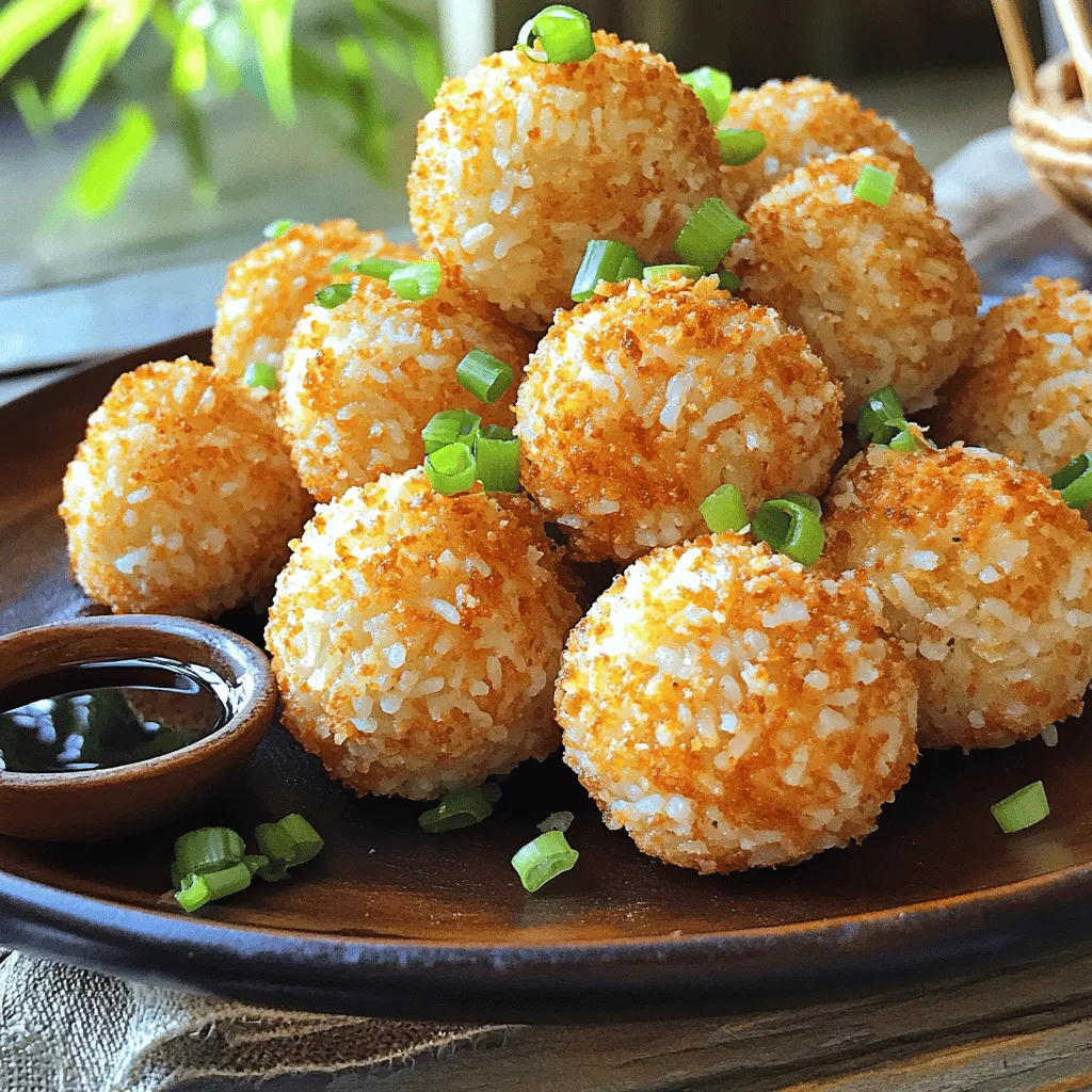- 2 cups cooked sushi rice - 1/2 teaspoon salt - 1 tablespoon rice vinegar - Additional flavor boosters: garlic powder, black pepper To make crispy rice balls, you need a few key ingredients. The base is cooked sushi rice. It gives a sticky texture that helps the balls hold together. The salt adds flavor while the rice vinegar brightens the taste. Garlic powder and black pepper give depth to the flavor. You can adjust these according to your taste. - 1/4 cup finely chopped green onions - 1/4 cup grated Parmesan cheese - Oil for frying (vegetable or canola) For extra flair, chop some green onions and mix them in. They add a fresh crunch. Grated Parmesan cheese brings a nutty flavor. You can use any oil for frying, but vegetable or canola works best. Frying in oil makes the outside crispy while keeping the inside soft. - Soy sauce - Spicy mayo - Sweet chili sauce Dipping sauces add more fun to the dish. Soy sauce is classic and savory. Spicy mayo gives a creamy kick. Sweet chili sauce provides a nice balance of heat and sweetness. You can pick one or try them all! For the complete recipe, check the [Full Recipe]. First, I combine 2 cups of cooked sushi rice, 1/2 teaspoon of salt, and 1 tablespoon of rice vinegar in a large bowl. I mix gently until the rice feels sticky and well-coated. This step is key for texture. Next, I cool the rice mixture for a few minutes. Once it's cool, I add 1/4 cup of finely chopped green onions, 1/4 cup of grated Parmesan cheese, 1/4 teaspoon of garlic powder, and 1/4 teaspoon of black pepper. I mix everything until it blends evenly. Now, I shape the rice mixture into balls. I take about 2 tablespoons of the mixture and use wet hands to form them into a ball shape. Wet hands help prevent sticking. I repeat this until I've shaped all the rice into balls. It's important to keep them compact but not too tight. Next, I set up my breading station. I place the beaten egg in one bowl and the panko breadcrumbs in another. I dip each rice ball into the egg first. Then, I roll it in the panko breadcrumbs until it is fully coated. This will give them a nice crunch. In a deep pan, I heat about 1 inch of vegetable or canola oil over medium heat until it shimmers. This usually happens at around 350°F (175°C). I carefully add the rice balls to the hot oil in batches. I make sure not to overcrowd the pan. I fry each ball for about 3-4 minutes on each side until they turn a lovely golden brown. Once done, I remove them and let them drain on a plate lined with paper towels. I serve them warm. For a tasty touch, I might garnish with extra green onions or serve with my favorite dipping sauce. For the full recipe, check out the instructions above! To get that perfect crunch, use panko breadcrumbs. They are light and airy. This gives your rice balls a great texture. When frying, heat your oil to about 350°F. This makes the outside crisp up fast. Fry in batches, so the oil stays hot. This way, you avoid soggy rice balls. Do not overcrowd the frying pan! If you add too many rice balls at once, they will steam. This will make them soft instead of crispy. Also, let the rice cool before forming balls. If the rice is too warm, it will fall apart. For a beautiful presentation, arrange the crispy rice balls on a platter. You can sprinkle some extra green onions on top for color. Serve with dipping sauces like soy sauce or spicy mayo. These add great flavor and make the snack even better. For the full recipe, check out the detailed steps above! {{image_2}} You can play with flavors in many ways. Adding spices gives each rice ball a unique taste. Try adding a pinch of paprika for heat or a bit of cumin for warmth. You can also mix in meats or vegetables for extra flavor. Cooked chicken or shrimp works well. Finely chopped bell peppers or carrots add color and crunch. Let’s take a trip around the world with these rice balls! For a Japanese twist, try fillings like seasoned seaweed or pickled vegetables. You can even add a small piece of cheese or spicy tuna inside each ball. On the other hand, for an Italian flair, use a mix of mozzarella or ricotta cheese along with fresh herbs like basil or oregano. These variations make the rice balls fun and exciting. If you want a lighter snack, consider baking instead of frying. Just coat the balls in breadcrumbs and place them on a baking sheet. Bake at 400°F (200°C) for about 20 minutes until they are golden. You can also use whole grain or brown rice instead of sushi rice. This adds fiber and nutrients while keeping the dish delicious. For the full recipe, check out the instructions above and get cooking! To keep your leftover rice balls fresh, place them in the fridge. The best practice is to use an airtight container. This helps prevent them from drying out or absorbing smells from other foods. Store them in the fridge for up to three days for the best taste. When reheating, you want to keep that crispy texture. The best way to reheat them is in a hot pan. Heat the pan over medium heat and add a little oil. Place the rice balls in the pan and cook for about 2-3 minutes on each side. This method makes them crispy again! You can also use an air fryer at 350°F for about 5-7 minutes. If you want to save some rice balls for later, freezing works well. To freeze, place the rice balls in a single layer on a baking sheet. Put them in the freezer until they are solid, then transfer them to a freezer bag. They can last up to two months in the freezer. When you are ready to eat them, take them out and defrost in the fridge overnight. Reheat them using the pan method to bring back the crunch. Enjoy your crispy rice balls even later! Crispy rice balls are small, round snacks made from sushi rice. They have a crunchy outer layer and a soft inside. The rice sticks together, thanks to rice vinegar and salt. Their appeal lies in the contrast of textures and flavors. You can customize them with different ingredients, making them fun to eat. These tasty bites are often served warm and can be dipped in sauces. Yes, you can make crispy rice balls ahead of time. Prepare the rice mixture and shape it into balls. Place them on a tray and cover with plastic wrap. You can keep them in the fridge for up to a day. When ready to eat, bread and fry them. This way, they stay fresh and delicious. You can dip crispy rice balls in various sauces. Popular choices include soy sauce and spicy mayo. Some people enjoy sweet chili sauce for a kick. For homemade dips, try mixing mayo with sriracha or creating a tangy soy sauce blend. Customizing your dips makes the experience even better. Crispy rice balls can be gluten-free, depending on the ingredients. Sushi rice is naturally gluten-free. However, panko breadcrumbs often contain gluten. For gluten-free options, use crushed gluten-free crackers or rice flour. Always check labels to ensure your ingredients are safe for your diet. Enjoy these snacks without worry! Crispy rice balls are fun, tasty, and easy to make. We explored key ingredients like sushi rice, salt, and rice vinegar, along with optional flavors and dipping sauces. I shared steps for preparing, shaping, and frying these treats. You learned tips for crispiness and how to store leftovers. If you're eager to try new flavor combos or healthier methods, get creative! Enjoy your crispy rice balls at your next meal or snack time. They're sure to impress!