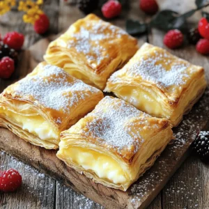 To make Puff Pastry Vanilla Custard Squares, you need simple, fresh ingredients. Here’s what you will need: - 1 sheet of puff pastry (thawed) - 2 cups milk - 1/2 cup granulated sugar - 1/4 cup cornstarch - 4 large egg yolks - 2 teaspoons vanilla extract - 1/4 teaspoon salt - Powdered sugar for dusting - Fresh berries (for garnish, optional) Each ingredient plays a key role. The puff pastry gives a light, flaky texture. Milk and sugar create a creamy, sweet base for the custard. Egg yolks and cornstarch help thicken the custard, making it smooth. Vanilla adds delightful flavor, while salt balances the sweetness. For a fun twist, you can add fresh berries as a garnish. They bring a pop of color and taste. If you want to see all the steps, check the Full Recipe. Enjoy the process, and get ready to impress! 1. Preheat Oven: Start by heating your oven to 400°F (200°C). This temperature helps the pastry puff up nicely. Line a baking sheet with parchment paper to prevent sticking. 2. Rolling Out Puff Pastry: Take your thawed puff pastry and place it on a lightly floured surface. Use a rolling pin to smooth it out. This helps remove any creases and makes it easier to cut. 3. Cutting and Scoring the Pastry: Cut the pastry into squares, about 3x3 inches. Place these squares on your baking sheet. With a knife, score a smaller square inside each piece. Be careful not to cut through. Leave about a 1/2 inch around the edge. This will create a nice border once baked. 1. Baking Time and Temperature: Bake the puff pastry squares in the preheated oven for 15-18 minutes. You want them to turn golden brown and puff up beautifully. 2. Cooling the Pastry: After baking, remove the squares from the oven. Let them cool on the baking sheet for a few minutes. This cooling period prepares them for the delicious custard. 1. Heating the Milk Mixture: In a medium saucepan, combine 2 cups of milk, 1/4 cup of sugar, and a pinch of salt. Heat this mixture over medium heat. Stir it until it starts to steam, but do not let it boil. 2. Mixing Egg Yolks and Cornstarch: While the milk heats, take a mixing bowl. Whisk together 4 egg yolks and 1/4 cup of cornstarch with the remaining sugar. Mix until it is smooth and free of lumps. 3. Tempering and Thickening the Custard: Gradually pour about 1/3 of the hot milk into the egg mixture. Make sure to whisk continuously. This step prevents the eggs from cooking too fast. Then pour the tempered egg mixture back into the saucepan. Continue to cook, whisking constantly. The custard will thicken and boil in about 3-5 minutes. 1. Creating Cavities in Puff Pastry: Once the puff pastry is cool, gently press down the center of each square. This creates a cavity for the custard. 2. Filling with Vanilla Custard: Carefully spoon the warm vanilla custard into the center of each puff pastry square. Fill them generously but avoid overfilling. 3. Chilling Before Serving: Place the assembled custard squares in the refrigerator for at least 30 minutes. This chilling time helps set the custard and makes it easier to serve. For the complete recipe, check the Full Recipe section. Proper Thawing Techniques To get the best puff pastry, thaw it slowly. Leave it in the fridge overnight. This keeps the layers cold and helps them puff up. If you're in a hurry, you can leave it out at room temperature for about 30 minutes. Just don’t let it get too warm. Avoiding Overworking the Dough When handling puff pastry, use gentle hands. Overworking it can ruin the layers. Roll it out just enough to smooth it, and then cut it. The less you touch it, the flakier it will be. Temperature Control When Heating When heating your milk mixture, keep a close eye on it. You want it hot, but not boiling. Steaming is the goal. Too much heat can scorch the milk and ruin the flavor. Thickening Tips for Custard To thicken custard, constant stirring is key. Once the mixture starts to steam, whisk it well. Cook it until it coats the back of a spoon. This usually takes about 3 to 5 minutes. If it doesn’t thicken, continue cooking a bit longer. Dusting Techniques Dusting with powdered sugar makes the squares look fancy. Use a fine sieve for an even layer. This adds sweetness without being too much. Flavor Pairing Suggestions Fresh berries like strawberries or blueberries pair well with the custard. They add color and a tart flavor that balances the sweet custard. You can also add a drizzle of chocolate sauce for extra flair. These tips will help you create perfect Puff Pastry Vanilla Custard Squares. For the complete guide, check the Full Recipe. {{image_2}} You can change up the flavor of your custard easily. Try a chocolate custard for a rich twist. To do this, add melted dark chocolate to the milk as it heats. This adds a deep, sweet taste. Mix well to ensure even flavor. You can also make fruit-infused custard. Use fruit puree like strawberry or mango. Just mix your puree into the custard after it thickens. This gives your squares a fresh and fruity flavor. If you want to switch things up, consider using phyllo dough. It gives a nice, crispy texture. Layer several sheets of phyllo, brushing with butter between them. Then cut and bake as you would with puff pastry. Shortcrust pastry is another option. It has a crumbly texture and a buttery taste. Roll it out and cut it into squares. Use the same assembly method as with puff pastry for a different style. You can make special custard squares for holidays. Try adding spices like cinnamon or nutmeg for a festive touch. This warms up the flavors and fits the season. For a summer treat, top your squares with seasonal fruit. Fresh berries or sliced peaches can make your dessert pop. They add color and a burst of flavor that pairs well with custard. Feel free to explore these variations to keep your Puff Pastry Vanilla Custard Squares exciting and fresh! For the full recipe, click here. To keep your puff pastry vanilla custard squares fresh, store them carefully. - Refrigerating Custard Squares: Place the squares in an airtight container. This helps keep them moist and tasty. They can last in the fridge for about 2 to 3 days. - Freezing Instructions: If you want to save some for later, freeze them! Wrap each square in plastic wrap. Then, put them in a freezer-safe bag. They can stay good for up to 2 months. Knowing how long your treats last is key. - How Long They Last in the Fridge: In the fridge, these squares stay fresh for 2 to 3 days. After that, the custard may lose its creaminess. - Signs of Spoilage: If you notice any off smells or a watery texture, it's best to toss them. Freshness is always best! Reheating your custard squares can be tricky. You want to keep that lovely texture and flavor. - Best Methods to Reheat: The oven works best! Preheat it to 350°F (175°C). Place the squares on a baking sheet and heat for about 10 minutes. This warms them evenly. - Maintaining Texture and Flavor: Avoid the microwave if you can. It may make the pastry soggy. A quick oven reheat keeps everything crispy and delightful. For the full recipe, be sure to check out the details above. Enjoy! Yes, you can prepare Puff Pastry Vanilla Custard Squares in advance. Make the pastry and custard separately. Preparation and Storage Tips: - Puff Pastry: Bake the squares and let them cool. Store them in an airtight container. They are best if eaten within two days. - Custard: Chill the custard in the fridge. Use it within three days for the best taste. You can fill the pastry just before serving. If you want an egg-free custard, there are great options. Egg Substitute Options for Custard: - Silken Tofu: Blend silken tofu until smooth. Use about 1/4 cup per egg. - Cornstarch: Use extra cornstarch to thicken. For each egg, add 2 tablespoons more. - Flaxseed Meal: Mix 1 tablespoon of flaxseed meal with 2.5 tablespoons of water. Let it sit for 5 minutes to thicken. These substitutes will help you create a creamy custard. Curdling can ruin your custard. Here are simple tips to avoid it. Tips for Successful Custard Making: - Temperature Control: Heat the milk slowly. Avoid boiling. - Tempering: Slowly mix hot milk into the egg mixture. This protects the eggs from cooking too fast. - Constant Whisking: Always whisk when cooking. This keeps the mixture smooth and even. These steps help ensure a silky, smooth custard every time. You now have all the steps to make Puff Pastry Vanilla Custard Squares. We’ve covered ingredients, baking, and sweet additions. Remember to master the custard for the best flavor. Don’t rush; let the pastry cool and the custard chill. Try different flavors for a fun twist. Store them well to keep their taste fresh. With practice, you'll make these treats perfectly every time. Enjoy making and sharing your delicious creations!