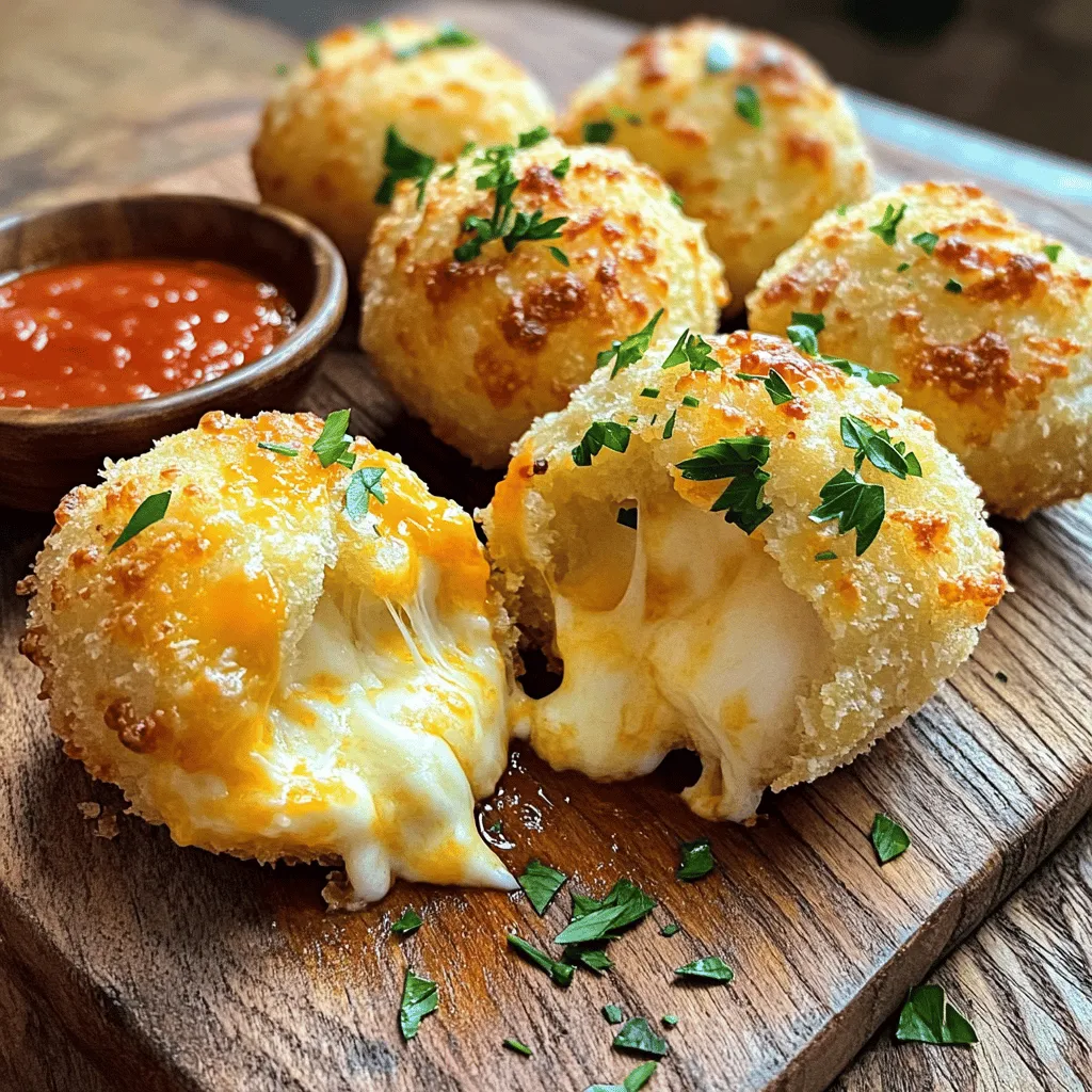 To make these cheesy bites, gather these key ingredients: - 1 cup shredded mozzarella cheese - 1/2 cup grated Parmesan cheese - 1/2 cup all-purpose flour - 1 large egg - 1/2 teaspoon garlic powder - 1/2 teaspoon dried Italian herbs (oregano, basil, thyme) - Salt and pepper to taste - 1/4 cup breadcrumbs (preferably panko for extra crunch) - Cooking oil for frying - Fresh parsley, chopped (for garnish) These ingredients create a perfect blend of flavor and texture. The mozzarella ensures that gooey, melty center, while the Parmesan adds a rich, savory taste. When choosing cheese, look for freshness. Check the sell-by date on the package. Fresh mozzarella should feel soft and moist. Parmesan should have a hard, dry texture. If possible, buy from a local cheese shop. You can often find better quality cheeses there. Ask for samples to taste before buying. This way, you can choose the best cheese for your bites. If you have dietary needs, there are substitutes. For a gluten-free option, use almond flour instead of all-purpose flour. Vegan cheese can replace mozzarella and Parmesan if you avoid dairy. Make sure to choose a brand that melts well. For egg-free bites, use flaxseed meal mixed with water as a binder. This way, you can still enjoy these cheesy bites without worry. These tips help you create Irresistible Cheesy Parmesan Mozzarella Bites that suit your needs. Use the [Full Recipe] for detailed steps to make them. First, grab a bowl. Add 1 cup of shredded mozzarella cheese and 1/2 cup of grated Parmesan cheese. Mix them well. This blend gives the bites their cheesy goodness. Make sure the cheeses are evenly combined. It helps when you shape the bites later. Now, take another bowl. Whisk together 1/2 cup of all-purpose flour, 1/2 teaspoon of garlic powder, and 1/2 teaspoon of dried Italian herbs. Add salt and pepper to taste. Set this bowl aside. In a small bowl, beat one large egg. This egg will help the coating stick. Take about a tablespoon of the cheese mixture and shape it into a ball. Repeat until you have 12-15 balls. Roll each cheese ball in the flour mixture. Then dip it into the beaten egg. Finally, coat it with 1/4 cup of breadcrumbs. Make sure every bite is covered well. In a deep skillet, heat about 1 inch of cooking oil over medium heat. The oil should be hot but not smoking. Carefully add a few mozzarella bites at a time. Fry them for about 2-3 minutes on each side. You want them golden brown. Use a slotted spoon to remove the bites. Place them on a paper towel-lined plate. This helps soak up any extra oil. Let them cool slightly before serving. Garnish with chopped fresh parsley for a fresh touch. For the full recipe, check the earlier section. Enjoy your cheesy bites! To get the best texture, focus on the cheese blend. Use fresh mozzarella for a gooey center. Grated Parmesan adds a rich, salty flavor. The mixture should feel sticky but not too wet. If it’s too wet, add a little flour. This helps the bites hold their shape when frying. Letting the bites chill for 15 minutes helps firm them up. One big mistake is overcrowding the pan. Fry only a few bites at a time. This keeps the oil hot and gives a crispy outer layer. Another mistake is not coating the bites well. Make sure each bite is fully covered in flour, egg, and breadcrumbs. This seals in the cheesy goodness. Lastly, don’t rush the frying time. Cook until golden brown for the best flavor. Use a deep skillet to fry these bites. A slotted spoon makes it easy to remove them. A thermometer helps check oil temperature. Aim for 350°F for even frying. Having paper towels ready helps soak up extra oil. A cookie sheet can hold the bites while they cool. These tools make the cooking process smooth and fun. For the complete recipe, check the Full Recipe section. {{image_2}} To add a kick to your cheesy bites, try adding jalapeños. Simply dice about one or two fresh jalapeños. Mix the diced jalapeños into your cheese mixture. This gives each bite a spicy surprise. Just be careful with the amount. You can always add more, but you can’t take it out! If you prefer a healthier option, you can bake these bites. Preheat your oven to 400°F (200°C). After coating the cheese balls, place them on a baking sheet lined with parchment paper. Spray or brush them lightly with olive oil. Bake for about 15-20 minutes, or until they are golden brown. This method cuts down on oil and keeps the bites crispy. You can elevate the flavor with fun add-ons. Crumbled bacon is a great choice. Just mix in a few tablespoons of cooked bacon into your cheese blend. Fresh herbs like chives or parsley also work well. These add a burst of fresh taste. Experiment with different flavors for a unique twist! For the full recipe, check the details above. Enjoy making these cheesy bites your way! To keep your cheesy Parmesan mozzarella bites fresh, store them in an airtight container. Place a paper towel at the bottom to absorb moisture. This helps maintain their crispy texture. You can keep them in the fridge for up to three days. If you want to enjoy them later, freezing is a great option. To reheat the bites, avoid the microwave. It makes them soggy. Instead, place them in a preheated oven at 350°F (175°C) for about 10 minutes. This helps them regain their crunch. You can also use an air fryer for about five minutes. This keeps them crispy and delicious. To freeze your mozzarella bites, first let them cool completely. Arrange them in a single layer on a baking sheet. Freeze for about an hour until they are firm. Then, transfer them to a freezer-safe bag. They can last up to three months in the freezer. When you’re ready to eat them, reheat straight from frozen. Adjust your cooking time as needed for best results. Don't forget to check out the Full Recipe for more details! Yes, you can use different cheeses! Cheddar or Gouda work well. Each cheese adds its unique flavor. You can mix cheeses for a fun twist. Just keep the texture in mind. Ensure they melt nicely, like mozzarella. Look for a golden brown color on the bites. They should take about 2-3 minutes on each side. The oil should be hot, but not smoking. A small test bite can help, too. If it’s gooey and soft, you’re good to go! These bites pair great with marinara sauce for dipping. You can also serve them with a fresh salad for balance. Try a side of garlic bread for a full meal. Enjoy them as a snack or appetizer! For the full recipe, check out the link. In this blog post, we explored how to make cheesy Parmesan mozzarella bites. We covered essential ingredients, tips for good cheese, and alternatives for dietary needs. I shared step-by-step instructions and valuable tips for a perfect texture. We also looked at fun variations and how to store leftovers. These bites are easy and fun to make. With some practice, you’ll master them in no time! Enjoy experimenting with flavors and impressing friends with your tasty creations.