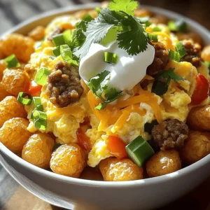 For a tasty Tater Tot Breakfast Bowl, gather these items: - 4 cups frozen tater tots - 4 large eggs - 1 cup cooked breakfast sausage, crumbled - 1 cup shredded cheddar cheese - 1/2 cup diced bell peppers (red, yellow, or green) - 1/4 cup diced green onions - 1/2 teaspoon garlic powder - 1/2 teaspoon paprika - Salt and pepper to taste - 1/4 cup sour cream (for serving) - Fresh cilantro or parsley for garnish (optional) Each ingredient plays a big role in making this dish great: - Tater Tots: They give a nice crunch and comfort. Use frozen for ease. - Eggs: They add protein and richness. Fresh eggs work best. - Breakfast Sausage: This brings savory flavor. You can use turkey or pork. - Cheddar Cheese: Melts beautifully and adds creaminess. Sharp cheddar gives more flavor. - Bell Peppers: Add color and sweetness. Choose your favorite type. - Green Onions: These add a fresh taste and nice crunch. - Garlic Powder & Paprika: These spices enhance the overall flavor. They are quick and easy to use. - Sour Cream: This adds creaminess and tang. It balances the dish well. - Cilantro or Parsley: Optional, but they give a fresh pop of color. If you need to swap out ingredients, here are some ideas: - Tater Tots: Try hash browns or sweet potato fries instead. - Breakfast Sausage: Use crumbled bacon or veggie sausage for a different taste. - Cheddar Cheese: Monterey Jack or pepper jack can add a nice twist. - Bell Peppers: Use zucchini or mushrooms for a different veggie. - Sour Cream: Greek yogurt works great as a healthy swap. - Green Onions: Chives or shallots can be a good replacement. These choices help you customize the recipe. You can make it your own while keeping it tasty. For the full recipe, check the details above. To make a tasty Tater Tot Breakfast Bowl, you need to prep a few items. Gather all your ingredients first. This will help you stay organized. You’ll need frozen tater tots, eggs, sausage, cheese, and some veggies. Don't forget the spices! 1. Preheat the Oven: Set your oven to 425°F (220°C). This will make your tater tots crispy. 2. Bake the Tater Tots: Spread 4 cups of frozen tater tots on a baking sheet. Bake them for 25-30 minutes. Flip them halfway for even cooking. 3. Cook the Veggies: While the tots bake, heat a non-stick skillet. Add 1/2 cup of diced bell peppers. Cook for 3-4 minutes until they soften. 4. Add the Sausage: Stir in 1 cup of crumbled breakfast sausage. Cook it until it's hot, stirring now and then. 5. Prepare the Eggs: In a bowl, crack 4 large eggs. Mix in 1/2 teaspoon garlic powder, 1/2 teaspoon paprika, and some salt and pepper. Pour this mix into the skillet. Stir gently until the eggs cook, around 3-4 minutes. 6. Layer the Bowl: Once your tater tots are ready, remove them from the oven. In a bowl, add a layer of tater tots. Top it with the egg mixture. 7. Add Cheese and Toppings: Sprinkle 1 cup of shredded cheddar cheese on top. Let it melt a little. Finally, add diced green onions and a dollop of sour cream. You can also sprinkle fresh cilantro or parsley for color. Baking tater tots is simple. Just remember to spread them out on the pan. This helps them crisp up nicely. Keep an eye on them. You want them golden brown. Enjoy the aroma filling your kitchen as they cook! For the full recipe, refer back to our detailed guide. To make great eggs, use fresh ones. Crack them into a bowl first. Whisk them well, mixing in garlic powder, paprika, salt, and pepper. This adds depth to your eggs. Cook them on medium heat for soft and fluffy results. Stir gently to keep them moist but not runny. You want them creamy, not dry. For crispy tater tots, spread them evenly on a baking sheet. This helps them cook without sticking. Bake them at 425°F (220°C) for about 25-30 minutes. Flip them halfway through to brown both sides. Keep an eye on them; you want golden brown, not burnt. The right heat and time make them perfectly crunchy. Want to boost flavor? Try adding spices! A dash of smoked paprika enhances the taste. Fresh herbs like cilantro or parsley add brightness. You can also mix in different kinds of cheese. Pepper jack cheese gives a nice kick. Don’t forget to top with sour cream; it adds creaminess and complements all the flavors. For the complete experience, check the Full Recipe. {{image_2}} You can easily make this tater tot breakfast bowl vegetarian. Swap the breakfast sausage for some hearty mushrooms or lentils. For a vegan option, use tofu instead of eggs. Just crumble firm tofu and cook it in the skillet with spices. This way, you keep all the yummy flavors while making it plant-based. Get creative with your toppings! Instead of cheddar cheese, try feta or pepper jack for extra flavor. You can also add sliced avocado or fresh salsa for a fresh twist. For some crunch, toss on some crispy bacon bits or crunchy tortilla strips. These changes keep each bowl exciting and fun. If you like heat, add diced jalapeños or a sprinkle of cayenne pepper. You can also use hot sauce on top for an extra kick. For a milder version, skip the paprika and garlic powder or use sweet paprika instead. Adjusting the spice level makes this dish suitable for everyone. You can store leftover Tater Tot Breakfast Bowl in an airtight container. Let it cool first, then cover it tightly. Keep it in the fridge for up to three days. This meal tastes great the next day. Just remember to keep the sour cream separate until serving. To reheat, place the leftovers on a baking sheet. Preheat your oven to 350°F (175°C). Bake for about 15-20 minutes until warm. You can also use the microwave. Heat in 30-second bursts, stirring in between. Make sure it is heated all the way through before serving. If you want to freeze the Tater Tot Breakfast Bowl, pack it in a freezer-safe container. It can last up to three months. When you’re ready to eat, thaw it overnight in the fridge. Then, reheat it in the oven or microwave. This way, you can enjoy this tasty meal anytime! For the complete recipe, check out the Full Recipe. The best toppings make your Tater Tot Breakfast Bowl fun and tasty. You can use: - Sliced avocado - Crispy bacon bits - Sliced jalapeños - Diced tomatoes - Hot sauce - Fresh herbs like cilantro or parsley These toppings add flavor and freshness. Mix and match to find your favorite combo! Yes, you can make parts of this recipe ahead of time. Bake the tater tots and store them in the fridge for up to 3 days. You can also prepare the egg mixture in advance. Just warm it up when you’re ready to serve. This way, you save time in the morning. To make your Tater Tot Breakfast Bowl healthier, try these tips: - Use sweet potato tater tots for extra nutrients. - Swap the breakfast sausage for turkey or chicken sausage. - Add more veggies, like spinach or mushrooms, for fiber. - Use low-fat cheese or skip it altogether. - Top with Greek yogurt instead of sour cream. These changes help you enjoy a tasty meal while keeping it nutritious. For the full recipe, check out the details above. This blog post covers everything about making a Tater Tot Breakfast Bowl. You learned about the key ingredients, step-by-step cooking instructions, and pro tips for perfect results. We also explored variations, storage tips, and frequently asked questions. In summary, with a few easy steps and ingredient swaps, you can enjoy a delicious and customizable dish. Get creative and make it your own. Enjoy your cooking!