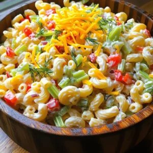 - 2 cups elbow macaroni - 1 cup mayonnaise - 2 tablespoons Dijon mustard - 1 tablespoon apple cider vinegar - 1 cup red bell pepper, diced - 1 cup celery, diced - 1/2 cup red onion, finely chopped - 1/2 cup sweet pickles, chopped - 1/4 cup green onions, sliced - 1/2 cup shredded sharp cheddar cheese - Salt and pepper to taste - 1 tablespoon fresh dill, chopped (or 1 teaspoon dried dill) Guy Fieri’s macaroni salad shines with bright flavors and textures. The main ingredients create a creamy base that holds everything together. You start with elbow macaroni, which gives the salad its classic look. You also need mayonnaise, Dijon mustard, and apple cider vinegar to make the dressing. These ingredients blend well and bring richness to the dish. Next, we add colorful vegetables. Red bell pepper adds sweetness and crunch. Celery brings a nice snap, while finely chopped red onion adds a bit of bite. Sweet pickles give a tangy kick, and green onions provide a fresh finish. Each bite bursts with flavor and brings the salad alive. Lastly, cheese and seasonings complete this dish. I include sharp cheddar cheese for a cheesy goodness. Salt and pepper enhance all the flavors. Fresh dill gives a herbaceous note that ties everything together. You can find the full recipe at the end of this article to make your own delicious macaroni salad. To cook elbow macaroni perfectly, bring a large pot of salted water to a boil. Add the macaroni and cook according to the package instructions. Aim for al dente pasta, as it will hold up better in the salad. After cooking, drain the pasta. Rinse it under cold water. This stops the cooking process and cools the pasta quickly. In a large bowl, whisk together the mayonnaise, Dijon mustard, and apple cider vinegar. Mix until you have a smooth, creamy base. This mixture gives the salad its rich flavor. You want it to be thick yet spreadable. If it’s too thick, add a little water or more vinegar to reach your desired consistency. Next, stir in the diced red bell pepper, celery, red onion, sweet pickles, and green onions. Make sure to mix well until all the veggies are coated in the creamy base. This step adds crunch and freshness to the salad. Aim for an even distribution of flavors throughout the mixture. Now it’s time to combine everything. Gently fold the cooled macaroni into the creamy veggie mixture. Be careful not to mash the pasta; you want to keep it intact for texture. Next, fold in the shredded sharp cheddar cheese. Finally, sprinkle in salt, pepper, and fresh dill. Taste your salad and adjust the seasoning if needed. Chilling is key for flavor. Cover the salad with plastic wrap and refrigerate for at least one hour. This lets the flavors meld together. Before serving, give the salad a good stir. Serve it cold for a refreshing side dish. Enjoy your Guy Fieri-inspired macaroni salad! For a complete guide, refer to the Full Recipe. To balance flavors in Guy Fieri's macaroni salad, taste as you go. Add a splash more vinegar for tang or a pinch of salt for depth. You can customize seasonings to fit your taste. If you want a spicy kick, try adding a dash of hot sauce or some paprika. You can even swap out the dill for fresh basil or parsley for a new twist. Keeping the pasta firm is key. Cook it just until al dente. This way, it holds up well in the salad. Rinse it under cold water to stop cooking. For crunchy vegetable additions, consider adding carrots or bell peppers. They add color and a nice bite to the dish. Time-saving kitchen tools make cooking easier. A good colander helps drain pasta quickly. Use a food processor for chopping veggies fast. Preparing ahead of time is smart. You can make this salad a day before. Just store it in the fridge, covered. The flavors get even better as they sit! {{image_2}} You can swap out mayonnaise for healthier options. Greek yogurt works well. It adds creaminess with less fat. Another option is avocado. It brings a fresh taste and healthy fats. Adding protein is a great way to make this salad heartier. You can mix in cooked chicken for extra flavor. Tuna also makes a nice addition. It adds a savory touch and boosts the protein. In summer, think about adding seasonal vegetables. Fresh corn or zucchini can brighten up the dish. You can also toss in some cherry tomatoes for color and sweetness. For festive times, consider holiday twists. Chopped apples or cranberries can bring a fun crunch. You could even add nuts for a nice texture contrast. Switching up the dressings can change the whole taste. You might try different mustards. Spicy brown mustard can add a kick. If you prefer tangy, apple cider vinegar can do the trick. You can also choose between creamier or tangier dressings. For a creamier taste, add more mayonnaise or yogurt. If you want it tangier, add extra vinegar or lemon juice. This lets you make the salad fit your style. For the full recipe, check out Guy Fieri's Ultimate Macaroni Salad. To store your macaroni salad, use an airtight container. Glass or plastic containers work well. They help keep the salad fresh and tasty for longer. Before sealing, make sure the salad is cool. This prevents condensation, which can make it soggy. Macaroni salad can last in the fridge for about 3 to 5 days. Check for signs of spoilage before eating. Look for a strange smell, changes in color, or a slimy texture. If you see any of these, it’s time to toss it. You can freeze macaroni salad, but it may change in texture. If you decide to freeze it, place it in a freezer-safe container. Leave some space at the top for expansion. When ready to eat, thaw it in the fridge overnight. Stir well before serving to bring back some of its creaminess. Guy Fieri’s macaroni salad stands out due to its bold flavors and crunchy textures. The mix of red bell pepper, celery, and sweet pickles adds a fresh taste. You also get a creamy base from the mayonnaise and Dijon mustard. The sharp cheddar cheese gives it richness. Each bite is a delightful balance of creamy, crunchy, and tangy. This dish shines at barbecues and potlucks. Yes, you can easily make this macaroni salad vegan. Replace the mayonnaise with vegan mayo. Instead of cheddar cheese, use vegan cheese or leave it out. You can also add some extra veggies for flavor. Try diced avocado for creaminess. These swaps keep the dish tasty and plant-based. To prep this salad ahead, cook the pasta and let it cool. Mix the creamy base and veggies, but don’t add the pasta yet. Store each part separately in the fridge. Combine them just before serving. This method keeps the pasta from getting soggy. It also allows the flavors to blend nicely. Absolutely! You can easily double the ingredients. Just use double the elbow macaroni, mayo, and veggies. Ensure you have a large enough bowl to mix everything. Doubling the recipe makes it perfect for big gatherings or family parties. Macaroni salad pairs well with grilled meats, like burgers or hot dogs. It also goes great with BBQ ribs or fried chicken. For lighter meals, serve it alongside fish or veggie skewers. A fresh green salad complements it nicely, too. These pairings enhance the meal and satisfy all tastes. This blog post covered a complete guide to creating the perfect macaroni salad. We discussed the main ingredients, cooking methods, and how to make it creamy and flavorful. You learned about adding fresh vegetables and cheese for extra taste. We also shared tips for storage and variations to please everyone. In the end, macaroni salad is easy to make and customize. With these steps, you can whip up a dish that’s always a hit. Enjoy your cooking and get ready to share this classic with friends and family!