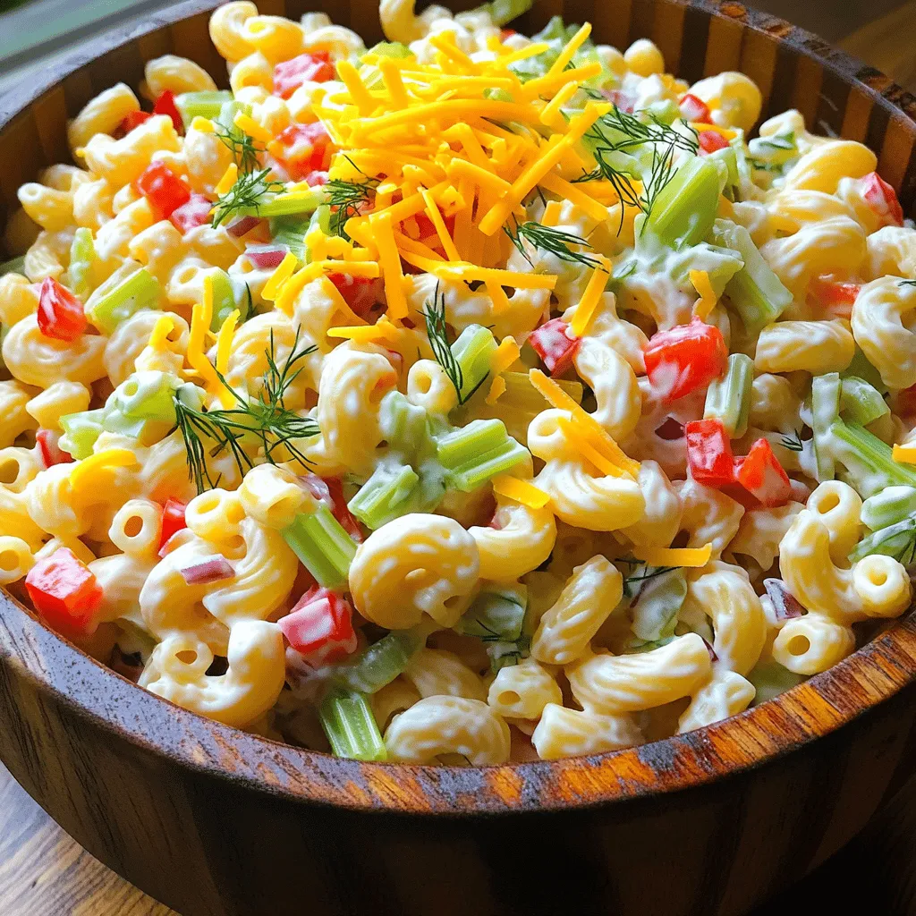 - 2 cups elbow macaroni - 1 cup mayonnaise - 2 tablespoons Dijon mustard - 1 tablespoon apple cider vinegar - 1 cup red bell pepper, diced - 1 cup celery, diced - 1/2 cup red onion, finely chopped - 1/2 cup sweet pickles, chopped - 1/4 cup green onions, sliced - 1/2 cup shredded sharp cheddar cheese - Salt and pepper to taste - 1 tablespoon fresh dill, chopped (or 1 teaspoon dried dill) Guy Fieri’s macaroni salad shines with bright flavors and textures. The main ingredients create a creamy base that holds everything together. You start with elbow macaroni, which gives the salad its classic look. You also need mayonnaise, Dijon mustard, and apple cider vinegar to make the dressing. These ingredients blend well and bring richness to the dish. Next, we add colorful vegetables. Red bell pepper adds sweetness and crunch. Celery brings a nice snap, while finely chopped red onion adds a bit of bite. Sweet pickles give a tangy kick, and green onions provide a fresh finish. Each bite bursts with flavor and brings the salad alive. Lastly, cheese and seasonings complete this dish. I include sharp cheddar cheese for a cheesy goodness. Salt and pepper enhance all the flavors. Fresh dill gives a herbaceous note that ties everything together. You can find the full recipe at the end of this article to make your own delicious macaroni salad. To cook elbow macaroni perfectly, bring a large pot of salted water to a boil. Add the macaroni and cook according to the package instructions. Aim for al dente pasta, as it will hold up better in the salad. After cooking, drain the pasta. Rinse it under cold water. This stops the cooking process and cools the pasta quickly. In a large bowl, whisk together the mayonnaise, Dijon mustard, and apple cider vinegar. Mix until you have a smooth, creamy base. This mixture gives the salad its rich flavor. You want it to be thick yet spreadable. If it’s too thick, add a little water or more vinegar to reach your desired consistency. Next, stir in the diced red bell pepper, celery, red onion, sweet pickles, and green onions. Make sure to mix well until all the veggies are coated in the creamy base. This step adds crunch and freshness to the salad. Aim for an even distribution of flavors throughout the mixture. Now it’s time to combine everything. Gently fold the cooled macaroni into the creamy veggie mixture. Be careful not to mash the pasta; you want to keep it intact for texture. Next, fold in the shredded sharp cheddar cheese. Finally, sprinkle in salt, pepper, and fresh dill. Taste your salad and adjust the seasoning if needed. Chilling is key for flavor. Cover the salad with plastic wrap and refrigerate for at least one hour. This lets the flavors meld together. Before serving, give the salad a good stir. Serve it cold for a refreshing side dish. Enjoy your Guy Fieri-inspired macaroni salad! For a complete guide, refer to the Full Recipe. To balance flavors in Guy Fieri's macaroni salad, taste as you go. Add a splash more vinegar for tang or a pinch of salt for depth. You can customize seasonings to fit your taste. If you want a spicy kick, try adding a dash of hot sauce or some paprika. You can even swap out the dill for fresh basil or parsley for a new twist. Keeping the pasta firm is key. Cook it just until al dente. This way, it holds up well in the salad. Rinse it under cold water to stop cooking. For crunchy vegetable additions, consider adding carrots or bell peppers. They add color and a nice bite to the dish. Time-saving kitchen tools make cooking easier. A good colander helps drain pasta quickly. Use a food processor for chopping veggies fast. Preparing ahead of time is smart. You can make this salad a day before. Just store it in the fridge, covered. The flavors get even better as they sit! {{image_2}} You can swap out mayonnaise for healthier options. Greek yogurt works well. It adds creaminess with less fat. Another option is avocado. It brings a fresh taste and healthy fats. Adding protein is a great way to make this salad heartier. You can mix in cooked chicken for extra flavor. Tuna also makes a nice addition. It adds a savory touch and boosts the protein. In summer, think about adding seasonal vegetables. Fresh corn or zucchini can brighten up the dish. You can also toss in some cherry tomatoes for color and sweetness. For festive times, consider holiday twists. Chopped apples or cranberries can bring a fun crunch. You could even add nuts for a nice texture contrast. Switching up the dressings can change the whole taste. You might try different mustards. Spicy brown mustard can add a kick. If you prefer tangy, apple cider vinegar can do the trick. You can also choose between creamier or tangier dressings. For a creamier taste, add more mayonnaise or yogurt. If you want it tangier, add extra vinegar or lemon juice. This lets you make the salad fit your style. For the full recipe, check out Guy Fieri's Ultimate Macaroni Salad. To store your macaroni salad, use an airtight container. Glass or plastic containers work well. They help keep the salad fresh and tasty for longer. Before sealing, make sure the salad is cool. This prevents condensation, which can make it soggy. Macaroni salad can last in the fridge for about 3 to 5 days. Check for signs of spoilage before eating. Look for a strange smell, changes in color, or a slimy texture. If you see any of these, it’s time to toss it. You can freeze macaroni salad, but it may change in texture. If you decide to freeze it, place it in a freezer-safe container. Leave some space at the top for expansion. When ready to eat, thaw it in the fridge overnight. Stir well before serving to bring back some of its creaminess. Guy Fieri’s macaroni salad stands out due to its bold flavors and crunchy textures. The mix of red bell pepper, celery, and sweet pickles adds a fresh taste. You also get a creamy base from the mayonnaise and Dijon mustard. The sharp cheddar cheese gives it richness. Each bite is a delightful balance of creamy, crunchy, and tangy. This dish shines at barbecues and potlucks. Yes, you can easily make this macaroni salad vegan. Replace the mayonnaise with vegan mayo. Instead of cheddar cheese, use vegan cheese or leave it out. You can also add some extra veggies for flavor. Try diced avocado for creaminess. These swaps keep the dish tasty and plant-based. To prep this salad ahead, cook the pasta and let it cool. Mix the creamy base and veggies, but don’t add the pasta yet. Store each part separately in the fridge. Combine them just before serving. This method keeps the pasta from getting soggy. It also allows the flavors to blend nicely. Absolutely! You can easily double the ingredients. Just use double the elbow macaroni, mayo, and veggies. Ensure you have a large enough bowl to mix everything. Doubling the recipe makes it perfect for big gatherings or family parties. Macaroni salad pairs well with grilled meats, like burgers or hot dogs. It also goes great with BBQ ribs or fried chicken. For lighter meals, serve it alongside fish or veggie skewers. A fresh green salad complements it nicely, too. These pairings enhance the meal and satisfy all tastes. This blog post covered a complete guide to creating the perfect macaroni salad. We discussed the main ingredients, cooking methods, and how to make it creamy and flavorful. You learned about adding fresh vegetables and cheese for extra taste. We also shared tips for storage and variations to please everyone. In the end, macaroni salad is easy to make and customize. With these steps, you can whip up a dish that’s always a hit. Enjoy your cooking and get ready to share this classic with friends and family!