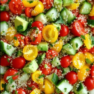 When you think about salads, fresh and bright ingredients come to mind. Here are key items that help make a great salad: - Leafy greens (like romaine, spinach, or kale) - Fresh vegetables (such as tomatoes, cucumbers, and bell peppers) - Fruits (like apples, berries, or avocados) - Proteins (think beans, chickpeas, or grilled chicken) - Nuts and seeds (almonds, sunflower seeds, or walnuts) - Cheese (feta, goat cheese, or mozzarella) - Herbs (like basil, cilantro, or parsley) These ingredients add taste, texture, and nutrients. You can mix and match them based on your preferences. Knowing the health benefits of your salad ingredients helps you make better choices. Here’s a quick look at some common ingredients: - Leafy Greens: Low in calories, rich in vitamins A, C, and K. They support eye health and boost immunity. - Tomatoes: High in vitamin C and antioxidants. They may lower heart disease risk. - Cucumbers: Hydrating and low calorie. Great for refreshing salads. - Chickpeas: Packed with protein and fiber. They help you feel full longer. - Avocados: High in healthy fats. They support heart health and brain function. These ingredients not only taste good but also help keep you healthy. Choosing fresh produce can make your salad shine. Here are some simple tips: - Look for vibrant colors: Bright and rich colors usually signal freshness. - Check for firmness: Fruits and vegetables should feel firm, not soft or mushy. - Smell the produce: Fresh fruit and veggies have a pleasant aroma. - Know the seasons: Buy seasonal produce for the best flavor and price. By following these tips, you can make your salads not only tasty but also visually appealing. For a delicious start, try the Rainbow Quinoa Salad for a burst of flavors and textures. See the [Full Recipe]. To make the Rainbow Quinoa Salad, you start by cooking the quinoa. Here’s how to do it: 1. In a medium saucepan, add 1 cup of rinsed quinoa and 2 cups of water or vegetable broth. 2. Bring it to a boil over high heat. 3. Once boiling, reduce the heat to low and cover. Let it simmer for about 15 minutes. 4. When done, remove the pot from heat and let the quinoa cool a bit. Now, let’s mix the salad: 1. In a large bowl, combine the cooked quinoa with: - 1 diced red bell pepper - 1 diced yellow bell pepper - 1 cup halved cherry tomatoes - 1 diced cucumber - 1/2 finely chopped red onion - 1 diced avocado 2. In a small bowl, whisk together: - Juice of 2 limes - 3 tablespoons olive oil - Salt and pepper to taste - 1/4 teaspoon cumin (optional) 3. Pour the dressing over the salad and mix gently. 4. Top with 1/4 cup of chopped fresh cilantro before serving. Making the Mediterranean Chickpea Salad is quick and easy. Here’s the plan: 1. In a large bowl, mix together: - 1 can (15 oz) drained and rinsed chickpeas - 1 cup halved cherry tomatoes - 1 diced cucumber - 1/2 finely chopped red onion - 1/2 cup crumbled feta cheese - 1/4 cup pitted and sliced Kalamata olives 2. For the dressing, whisk in a small bowl: - Juice of 1 lemon - 3 tablespoons olive oil - Salt and pepper to taste 3. Drizzle the dressing over the salad and toss to combine. 4. Finally, add 2 tablespoons of chopped fresh parsley on top before serving. The Tropical Fruit Salad is a sweet treat. Here’s how to whip it up: 1. In a large bowl, combine: - 1 cup diced pineapple - 1 cup diced mango - 1 cup sliced strawberries - 1 sliced banana - 1/2 cup blueberries 2. In a small bowl, mix: - Juice of 1 lime - 1 tablespoon honey (optional) 3. Drizzle the lime-honey mixture over the fruit and toss gently. 4. Finish by sprinkling 1/4 cup of shredded coconut on top and adding fresh mint leaves for garnish. These recipes are simple, fresh, and perfect for any meal. Enjoy every bite! To cook quinoa well, start by rinsing it. This step removes the bitter coating, called saponin. Use a ratio of 1 cup of quinoa to 2 cups of water or broth. Bring it to a boil, then lower the heat and cover. Cook for about 15 minutes until it absorbs the liquid. Let it rest for a few minutes off the heat. Fluff it with a fork for the perfect texture. Dressings can change how a salad tastes. A simple mix of oil and acid works great. Use 3 parts oil to 1 part acid, like lemon juice or vinegar. Add salt and pepper to taste. For extra flavor, mix in herbs, garlic, or mustard. Let the dressing sit for a bit to blend the flavors. Pour it over your salad right before serving for the best taste. A beautiful salad catches the eye. Use colorful ingredients like cherry tomatoes, bell peppers, and greens. Cut veggies in fun shapes for added interest. Layer the salad in a clear bowl to show off the colors. Sprinkle fresh herbs or seeds on top for a pop of color. Serve in individual bowls for a special touch. These small changes can make your salad look gourmet, just like my Rainbow Quinoa Salad. [Full Recipe] {{image_2}} You can make classic salads fun with new flavors. Think of a Caesar salad. Add roasted chickpeas for crunch. You can also try a Caprese salad. Add sliced peaches instead of tomatoes for a sweet twist. Try mixing greens like spinach and arugula. This gives a fresh taste. Use different cheeses like goat cheese or feta. They add creaminess and flavor. Salads can be both gluten-free and vegan. You can use quinoa as a base. It is full of protein and easy to cook. Mix in your favorite veggies like bell peppers and carrots. For dressings, use olive oil and lemon juice. They add great flavor without any allergens. Avocado is another good option. It makes salads creamy and rich. Seasonal ingredients make salads exciting all year. In spring, use fresh peas and radishes. In summer, add juicy tomatoes and cucumbers. Fall calls for roasted squash and apples. Winter salads can include hearty greens like kale and citrus fruits. You can also change your dressings. Use lighter dressings in summer and richer ones in winter. This keeps flavors fresh and fun. For a colorful dish, try the Rainbow Quinoa Salad. It is a feast for the eyes and the stomach. For the full recipe, check out the Rainbow Quinoa Salad above. To keep your leftover salad fresh, store it in the fridge right away. Use a clean container with a lid. If your salad has dressing, keep it separate. This way, the greens stay crisp. If you have cut fruits or avocados, add lemon or lime juice. This helps stop browning. Keep salad ingredients fresh by following these simple tips: - Wash and dry greens before storage. Moisture can cause wilting. - Store cucumbers and peppers in a separate bag. They release gases that can spoil other veggies. - Use paper towels in your container. They absorb extra moisture and keep greens crisp. - Check your fridge's temperature. It should be around 35-38°F (1.7-3.3°C) for best results. The right container makes all the difference. Here are my top picks: - Glass jars: These are great for single servings. They seal well and keep salads fresh. - Plastic containers: Choose BPA-free ones. They are lightweight and easy to stack. - Bento boxes: These are perfect for salads with multiple ingredients. They keep everything separate. - Vacuum-sealed bags: Use these for short-term storage. They reduce air and help keep salads fresh longer. For a delicious salad, try the Rainbow Quinoa Salad. You can find the Full Recipe above. To make a salad more filling, add protein. Try grilled chicken, beans, or tofu. Whole grains like quinoa or brown rice also help. Nuts and seeds add crunch and keep you full longer. Don't forget healthy fats like avocado or olive oil for richness. The best dressings are simple yet tasty. A classic vinaigrette made from olive oil and vinegar works well. Creamy dressings like ranch or Caesar are popular too. For a fresh twist, use citrus dressings with lemon or lime juice. You can even make your own dressing with yogurt or tahini. Salads last about 3 to 5 days in the fridge. It depends on the ingredients. Leafy greens may wilt faster, while hearty veggies last longer. Keep dressings separate until serving to maintain freshness. Store salads in airtight containers to prevent spoilage. Building a great salad is simple and fun. We explored key ingredients, preparation steps, and creative variations. You learned how to make salads that are fresh, tasty, and healthy. Remember to store your leftovers right to keep them fresh. With these tips, you can create exciting salads year-round. Enjoy the flavors and benefits of salads in your meals!