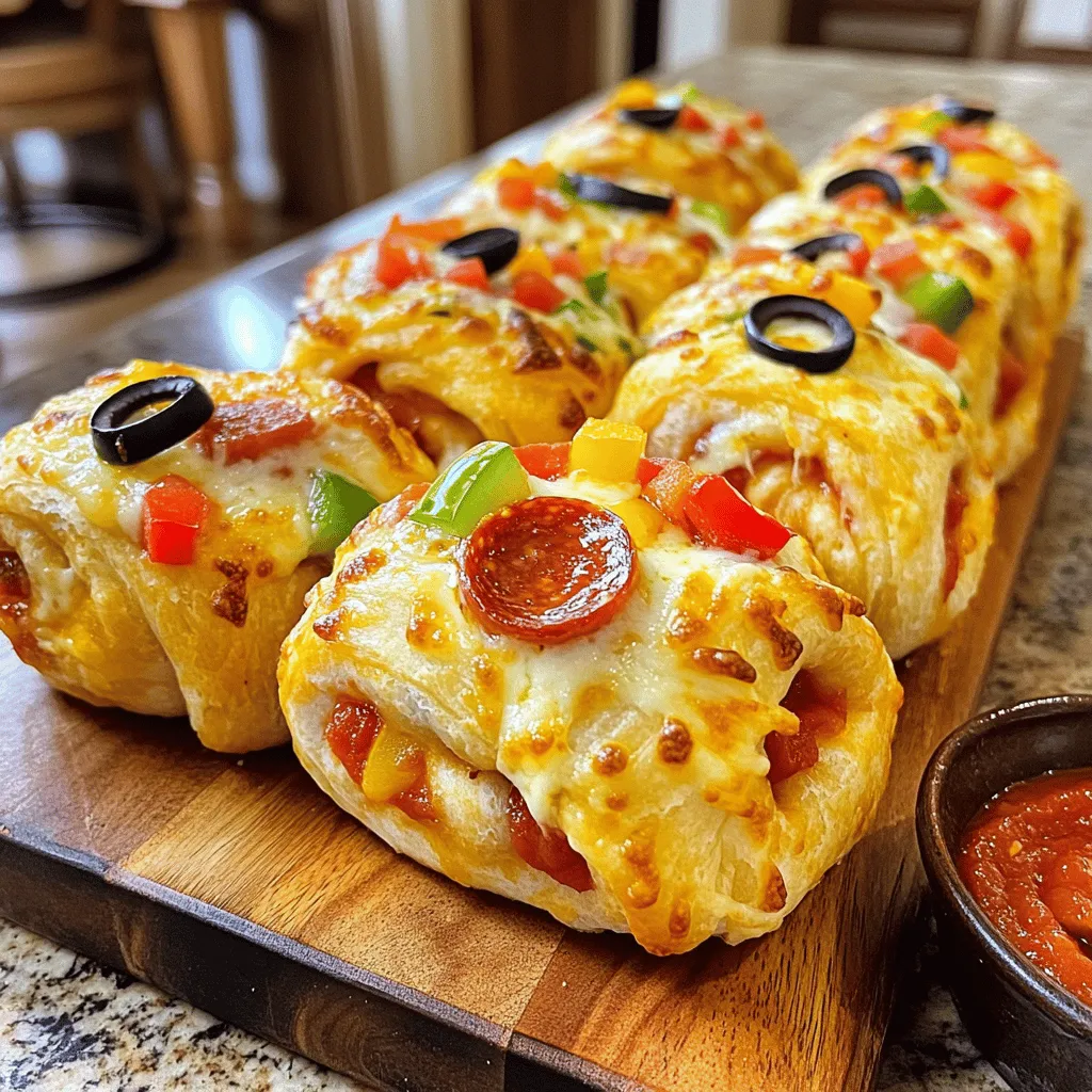 To make Cheesy Supreme Pizza Rolls, you need the following: - 1 can of pizza dough (store-bought or homemade) - 1 cup shredded mozzarella cheese - 1/2 cup pepperoni slices - 1/2 cup bell peppers, diced (red and green) - 1/4 cup black olives, sliced - 1/2 teaspoon Italian seasoning - 1/4 teaspoon garlic powder - 1/4 teaspoon onion powder - 1 egg, beaten (for egg wash) - Marinara sauce, for dipping When you use different measuring tools, here are some basic conversions: - 1 cup = 16 tablespoons - 1/2 cup = 8 tablespoons - 1/4 cup = 4 tablespoons - 1 teaspoon = 5 milliliters - 1/2 teaspoon = 2.5 milliliters These conversions help you get the right amounts for your rolls. Choosing great ingredients makes a big difference. Here are my tips: - Pizza dough: Fresh dough from a local bakery tastes best. - Cheese: Use whole milk mozzarella for a rich, creamy flavor. - Pepperoni: Look for high-quality pepperoni that is not greasy. - Vegetables: Fresh bell peppers add crunch. Choose ripe, colorful ones. - Seasonings: Fresh herbs can boost flavor even more. Use fresh garlic and onions if you can. Using quality ingredients makes your Cheesy Supreme Pizza Rolls even tastier. For the complete recipe, check the Full Recipe section. To start, preheat your oven to 400°F (200°C). This step is key for even cooking. Next, take your pizza dough. You can use store-bought dough or make your own. Roll the dough out on a lightly floured surface. Aim for a rectangle shape, about 1/4 inch thick. Make sure it’s even. Now, let’s build the filling. First, sprinkle shredded mozzarella cheese evenly across the rolled-out dough. Leave a small border around the edges to avoid spills. Next, layer on pepperoni slices. Add diced bell peppers, both red and green, for a fresh crunch. Don’t forget to toss in some sliced black olives for a briny touch. For added flavor, sprinkle Italian seasoning, garlic powder, and onion powder over the toppings. This mix will make your rolls burst with flavor. It’s time to roll it up! Start at one end of the dough and carefully roll it toward the other end. Keep the filling inside as you go. Pinch the seams to seal them well. Once rolled, slice the dough into 1 to 2-inch pieces. Place these pieces seam-side down on a baking sheet lined with parchment paper. Next, brush the tops with beaten egg. This will give your rolls a nice golden color. Finally, bake them in the preheated oven for 15-20 minutes. Watch for a puffed-up and golden brown finish. Once done, let them cool for a few minutes. You can serve them warm with marinara sauce for dipping. Enjoy your cheesy supreme pizza rolls! For the complete recipe, check out the Full Recipe section. To make the best pizza rolls, start with fresh ingredients. Use a good pizza dough for better flavor. Roll the dough evenly to avoid uneven baking. Keep the filling balanced to prevent spills. If the rolls are too full, they may burst. Make sure to seal the edges well. This helps keep the cheese and toppings inside. Using the right tools can make your cooking easier. A rolling pin helps to flatten the dough evenly. A sharp knife or pizza cutter works great for slicing the rolls. Use a baking sheet lined with parchment paper for easy cleanup. An egg wash brush helps to coat the rolls evenly. A good oven thermometer ensures your oven is at the right temperature. Add more flavor with herbs and spices. Fresh basil or oregano can elevate your pizza rolls. You can also sprinkle extra cheese on top before baking. For a fun touch, serve with marinara sauce in a small bowl. This adds color and makes your rolls look inviting. Another option is to garnish with chopped parsley after baking. It adds freshness and a nice pop of color. For the full recipe, refer to the main section. {{image_2}} You can easily make vegetarian pizza rolls. Just skip the pepperoni. Use more veggies instead. Great choices include mushrooms, zucchini, or spinach. They add color and flavor. You can use different cheese too. Feta or cheddar work well. Just remember to keep the taste balanced. Cheese is the heart of pizza rolls. You can mix and match your favorites. Try provolone for a sharp taste. Or use gouda for a smoky flavor. A blend of mozzarella and ricotta adds creaminess. The cheese melts perfectly, making each bite delicious. Don't be afraid to experiment with cheese! Want some heat? Add jalapeños or crushed red pepper flakes. You can also include spicy sausage for a meatier option. Hot sauce drizzled on top before baking gives a nice zing. Always taste as you go to find the right level of spice. Keep it fun and flavorful! To keep your leftover pizza rolls fresh, let them cool first. Place them in an airtight container. You can also wrap them tightly in plastic wrap. Store them in the fridge for up to three days. This way, they stay tasty and ready for your next snack. When you are ready to enjoy your pizza rolls again, reheating is key. Preheat your oven to 350°F (175°C). Place the rolls on a baking sheet. Heat them for about 10-15 minutes. This makes them crispy again, just like when they were fresh. You can also use a microwave, but they may not be as crispy. Heat them in 30-second bursts. Keep an eye on them to avoid sogginess. If you want to save some for later, freezing is a great option. First, let the pizza rolls cool completely. Then, place them in a single layer on a baking sheet. Freeze them for about an hour. Once frozen, move them to a freezer bag. Remove as much air as possible before sealing. They will stay good for up to three months. When you want to eat them, bake them from frozen. Add a few extra minutes to the baking time for the best results. For the full recipe, check out the earlier sections. To keep pizza rolls crispy, avoid overfilling them. Use just enough cheese and toppings. Make sure to roll the dough tightly. This keeps moisture inside. Bake them until golden brown and puffy. Let them cool on a wire rack. This helps air circulate. Yes, you can use gluten-free dough. Many stores sell it now. Just follow the same steps in the recipe. Check the dough package for bake times, as they may differ. Gluten-free dough can taste great too! These pizza rolls can last up to three days in the fridge. Store them in an airtight container. When you are ready to eat, reheat them in the oven. This keeps them crispy. Enjoy the flavors again! For the full recipe, check out the earlier sections. In this post, we explored how to make Cheesy Supreme Pizza Rolls. We covered ingredients, step-by-step instructions, and tips for success. You learned to make tasty variations and how to store leftovers properly. Use quality ingredients for the best flavor. Follow my tips for perfect rolls. Now, enjoy your cooking, and impress everyone with your delicious pizza rolls. Happy baking!