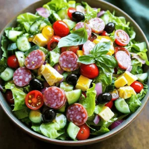 - 2 cups romaine lettuce, chopped - 1 cup cherry tomatoes, halved - 1 cup cucumbers, diced - 1/2 cup red onion, thinly sliced - 1/2 cup pepperoncini peppers, sliced - 1/2 cup black olives, pitted and sliced Fresh vegetables make the base of this salad. Romaine lettuce offers a crisp bite. Cherry tomatoes add a burst of sweetness. Cucumbers bring a refreshing crunch. Red onions provide a sharp flavor. Pepperoncini peppers add a nice kick. Black olives give a salty finish. Together, they create a colorful and tasty mix. - 1 cup salami, chopped - 1 cup provolone cheese, cubed Protein is key in this dish. Chopped salami delivers rich flavors and a satisfying chew. Provolone cheese adds creaminess and depth. These ingredients ensure your salad feels hearty and full. Plus, they complement the vegetables well. - 1/4 cup olive oil - 2 tablespoons red wine vinegar (or apple cider vinegar) - 1 teaspoon Italian seasoning - Salt and pepper to taste - Fresh basil leaves for garnish The dressing ties everything together. Olive oil brings richness and smoothness. Red wine vinegar gives a tangy balance. Italian seasoning adds a blend of herbs. Salt and pepper enhance the flavors. Fresh basil leaves on top make it look beautiful. For the full recipe, check out Low Carb Italian Grinder Salad. - Chop and slice all vegetables as indicated. - Prepare salami and provolone cheese for mixing. Start by washing and chopping the fresh vegetables. First, take 2 cups of romaine lettuce and chop it into bite-sized pieces. Next, halve 1 cup of cherry tomatoes. Then, dice 1 cup of cucumbers for a nice crunch. Slice 1/2 cup of red onion thinly to add flavor. After that, take 1/2 cup of pepperoncini peppers and slice them too. Finally, slice 1/2 cup of black olives. Now, prepare your proteins. Chop 1 cup of salami into small pieces. Cube 1 cup of provolone cheese for a creamy texture. Set all your chopped ingredients aside in a large bowl. - In a large salad bowl, mix fresh vegetables. - Fold in salami and provolone cheese. Once your ingredients are prepped, it’s time to combine everything. In the large salad bowl, start mixing the chopped romaine, halved cherry tomatoes, diced cucumbers, sliced red onion, pepperoncini peppers, and black olives. Toss these fresh vegetables gently. This ensures an even mix. Next, fold in the chopped salami and cubed provolone cheese. Mixing these ingredients creates a colorful and tasty salad. - Whisk together dressing ingredients in a separate bowl. - Drizzle and coat salad with dressing. Now for the dressing! In a separate bowl, whisk together 1/4 cup of olive oil, 2 tablespoons of red wine vinegar, and 1 teaspoon of Italian seasoning. Add salt and pepper to taste. Whisk until well combined. This dressing adds a burst of flavor to your salad. Drizzle the dressing over the salad and toss gently. Make sure all the ingredients are coated. Taste the salad and adjust the seasoning if needed. You can add more salt, pepper, or vinegar for extra zing. For a lovely finish, garnish with fresh basil leaves before serving. For the full recipe, check out the details above! To boost flavor, try different types of vinegar. Red wine vinegar gives a rich taste. Apple cider vinegar adds a fruity note. Both work well in this salad. Using fresh herbs like basil or parsley can also add depth. They brighten the salad and enhance the overall taste. Always prepare your ingredients just before serving. This keeps the salad crunchy and fresh. If you want to store it, keep the dressing separate. Mix it in right before you eat. This way, the veggies stay crisp. Cut your vegetables to the right thickness. This helps them mix well without losing their bite. For example, slice cucumbers thin and chop lettuce into bite-sized pieces. When combining the salad, fold in the ingredients gently. This prevents wilting and keeps everything looking fresh and vibrant. For the full recipe, check out the Low Carb Italian Grinder Salad! {{image_2}} You can add more greens to your salad. Spinach and arugula are great choices. They boost nutrition and add a fresh taste. These greens blend well with the other ingredients. Plus, they make your salad more colorful. If you want a leaner option, swap out the salami. Turkey or chicken work perfectly in this salad. They keep it light and healthy. You still enjoy great flavor while reducing fat. Just chop them up and mix them in. Cheese can change the flavor of your salad. Try different types like mozzarella or feta. Mozzarella gives a creamy touch, while feta adds a salty kick. These options change the taste and make the salad unique. Don’t be afraid to experiment with cheese! You can store the salad in an airtight container in the fridge. It will stay fresh for up to 1 day. If you leave it longer, the veggies may get soggy. I recommend eating it quickly to enjoy the best taste and texture. Keep the dressing separate from the salad. You can refrigerate it for up to 1 week. This way, it stays fresh, and you can add it just before serving. If you want a quick meal, make the dressing in advance. You can prep the ingredients ahead of time. Chop the veggies and store them separately. This makes assembly easy when you're ready to eat. Just mix everything together, add the dressing, and enjoy a fresh meal. Check out the Full Recipe for more tips! This salad is low-carb because it uses fresh vegetables and meats, not grains or sugars. Here are the main ingredients and their low-carb values: - Romaine lettuce: Very low in carbs, about 1 gram per cup. - Cherry tomatoes: Low in carbs, around 3 grams per cup. - Cucumbers: Also low, about 4 grams per cup. - Red onion: Adds flavor with about 7 grams per half cup. - Pepperoncini peppers: Adds a zesty kick with less than 1 gram per half cup. - Black olives: About 3 grams per half cup. - Salami: Provides protein with 0 carbs per ounce. - Provolone cheese: Offers flavor with about 1 gram per ounce. By focusing on these ingredients, you keep carbs low while enjoying great taste. Yes, you can make this salad vegan! Here are some great swaps: - Proteins: Use chickpeas or lentils for a hearty plant-based protein. - Cheese alternatives: Try vegan mozzarella or cashew cheese for creaminess. These swaps keep the salad fresh and flavorful while meeting vegan needs. To boost protein in the salad, consider these tips: - Add nuts: Almonds or walnuts add crunch and protein. - Include seeds: Pumpkin or sunflower seeds are great options. - Incorporate legumes: Chickpeas or black beans work well and add texture. These additions keep the salad nutrient-rich and satisfying. This blog post covered a fresh, tasty salad that’s easy to make. You learned about the key ingredients, including vegetables, proteins, and dressing. I shared helpful tips for enhancing flavor and maintaining freshness. You discovered variations like adding greens or changing proteins. Remember, you can store the salad and dressing to enjoy later. With these steps and ideas, you can create a salad that’s healthy and fun to eat. Enjoy your cooking and happy eating!
