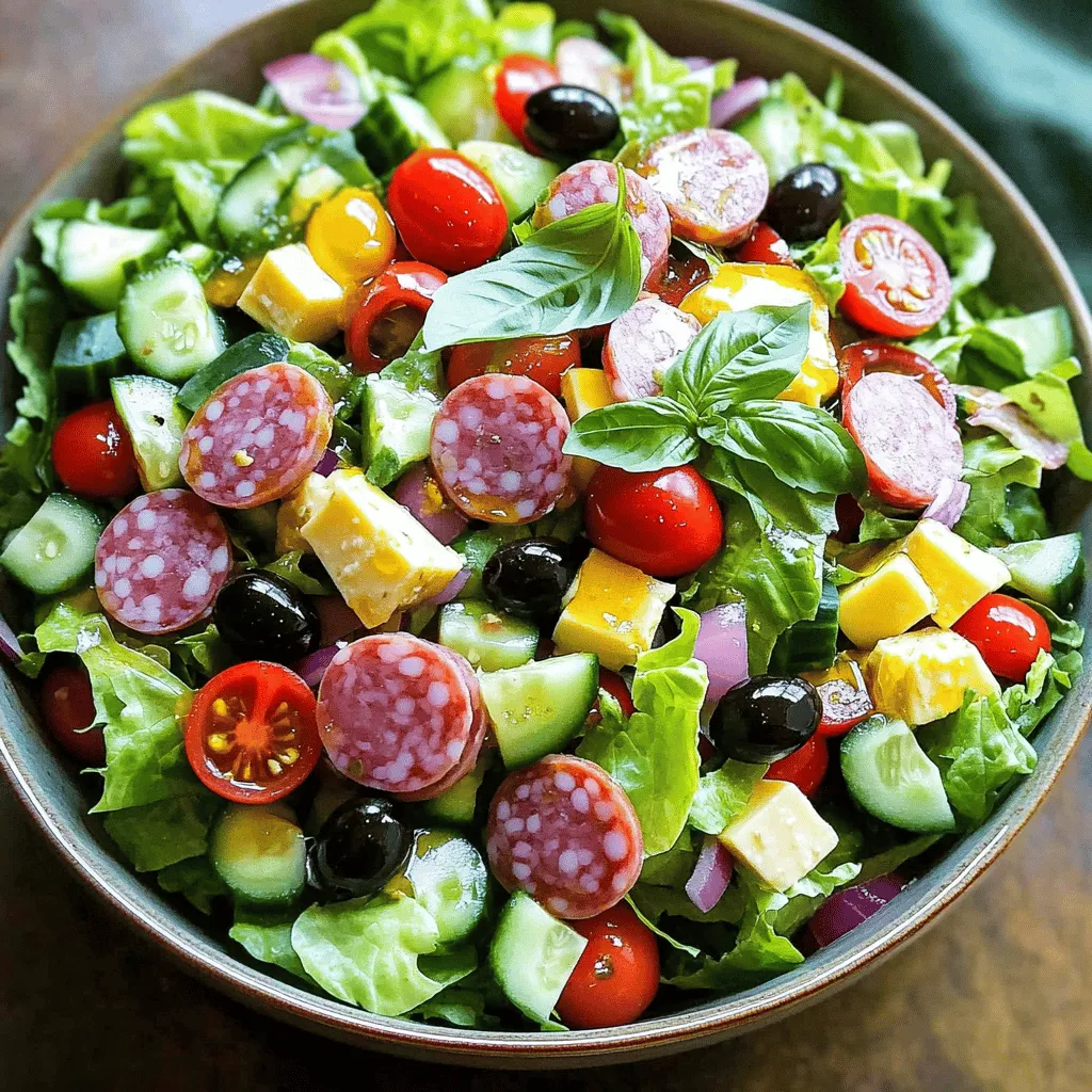 - 2 cups romaine lettuce, chopped - 1 cup cherry tomatoes, halved - 1 cup cucumbers, diced - 1/2 cup red onion, thinly sliced - 1/2 cup pepperoncini peppers, sliced - 1/2 cup black olives, pitted and sliced Fresh vegetables make the base of this salad. Romaine lettuce offers a crisp bite. Cherry tomatoes add a burst of sweetness. Cucumbers bring a refreshing crunch. Red onions provide a sharp flavor. Pepperoncini peppers add a nice kick. Black olives give a salty finish. Together, they create a colorful and tasty mix. - 1 cup salami, chopped - 1 cup provolone cheese, cubed Protein is key in this dish. Chopped salami delivers rich flavors and a satisfying chew. Provolone cheese adds creaminess and depth. These ingredients ensure your salad feels hearty and full. Plus, they complement the vegetables well. - 1/4 cup olive oil - 2 tablespoons red wine vinegar (or apple cider vinegar) - 1 teaspoon Italian seasoning - Salt and pepper to taste - Fresh basil leaves for garnish The dressing ties everything together. Olive oil brings richness and smoothness. Red wine vinegar gives a tangy balance. Italian seasoning adds a blend of herbs. Salt and pepper enhance the flavors. Fresh basil leaves on top make it look beautiful. For the full recipe, check out Low Carb Italian Grinder Salad. - Chop and slice all vegetables as indicated. - Prepare salami and provolone cheese for mixing. Start by washing and chopping the fresh vegetables. First, take 2 cups of romaine lettuce and chop it into bite-sized pieces. Next, halve 1 cup of cherry tomatoes. Then, dice 1 cup of cucumbers for a nice crunch. Slice 1/2 cup of red onion thinly to add flavor. After that, take 1/2 cup of pepperoncini peppers and slice them too. Finally, slice 1/2 cup of black olives. Now, prepare your proteins. Chop 1 cup of salami into small pieces. Cube 1 cup of provolone cheese for a creamy texture. Set all your chopped ingredients aside in a large bowl. - In a large salad bowl, mix fresh vegetables. - Fold in salami and provolone cheese. Once your ingredients are prepped, it’s time to combine everything. In the large salad bowl, start mixing the chopped romaine, halved cherry tomatoes, diced cucumbers, sliced red onion, pepperoncini peppers, and black olives. Toss these fresh vegetables gently. This ensures an even mix. Next, fold in the chopped salami and cubed provolone cheese. Mixing these ingredients creates a colorful and tasty salad. - Whisk together dressing ingredients in a separate bowl. - Drizzle and coat salad with dressing. Now for the dressing! In a separate bowl, whisk together 1/4 cup of olive oil, 2 tablespoons of red wine vinegar, and 1 teaspoon of Italian seasoning. Add salt and pepper to taste. Whisk until well combined. This dressing adds a burst of flavor to your salad. Drizzle the dressing over the salad and toss gently. Make sure all the ingredients are coated. Taste the salad and adjust the seasoning if needed. You can add more salt, pepper, or vinegar for extra zing. For a lovely finish, garnish with fresh basil leaves before serving. For the full recipe, check out the details above! To boost flavor, try different types of vinegar. Red wine vinegar gives a rich taste. Apple cider vinegar adds a fruity note. Both work well in this salad. Using fresh herbs like basil or parsley can also add depth. They brighten the salad and enhance the overall taste. Always prepare your ingredients just before serving. This keeps the salad crunchy and fresh. If you want to store it, keep the dressing separate. Mix it in right before you eat. This way, the veggies stay crisp. Cut your vegetables to the right thickness. This helps them mix well without losing their bite. For example, slice cucumbers thin and chop lettuce into bite-sized pieces. When combining the salad, fold in the ingredients gently. This prevents wilting and keeps everything looking fresh and vibrant. For the full recipe, check out the Low Carb Italian Grinder Salad! {{image_2}} You can add more greens to your salad. Spinach and arugula are great choices. They boost nutrition and add a fresh taste. These greens blend well with the other ingredients. Plus, they make your salad more colorful. If you want a leaner option, swap out the salami. Turkey or chicken work perfectly in this salad. They keep it light and healthy. You still enjoy great flavor while reducing fat. Just chop them up and mix them in. Cheese can change the flavor of your salad. Try different types like mozzarella or feta. Mozzarella gives a creamy touch, while feta adds a salty kick. These options change the taste and make the salad unique. Don’t be afraid to experiment with cheese! You can store the salad in an airtight container in the fridge. It will stay fresh for up to 1 day. If you leave it longer, the veggies may get soggy. I recommend eating it quickly to enjoy the best taste and texture. Keep the dressing separate from the salad. You can refrigerate it for up to 1 week. This way, it stays fresh, and you can add it just before serving. If you want a quick meal, make the dressing in advance. You can prep the ingredients ahead of time. Chop the veggies and store them separately. This makes assembly easy when you're ready to eat. Just mix everything together, add the dressing, and enjoy a fresh meal. Check out the Full Recipe for more tips! This salad is low-carb because it uses fresh vegetables and meats, not grains or sugars. Here are the main ingredients and their low-carb values: - Romaine lettuce: Very low in carbs, about 1 gram per cup. - Cherry tomatoes: Low in carbs, around 3 grams per cup. - Cucumbers: Also low, about 4 grams per cup. - Red onion: Adds flavor with about 7 grams per half cup. - Pepperoncini peppers: Adds a zesty kick with less than 1 gram per half cup. - Black olives: About 3 grams per half cup. - Salami: Provides protein with 0 carbs per ounce. - Provolone cheese: Offers flavor with about 1 gram per ounce. By focusing on these ingredients, you keep carbs low while enjoying great taste. Yes, you can make this salad vegan! Here are some great swaps: - Proteins: Use chickpeas or lentils for a hearty plant-based protein. - Cheese alternatives: Try vegan mozzarella or cashew cheese for creaminess. These swaps keep the salad fresh and flavorful while meeting vegan needs. To boost protein in the salad, consider these tips: - Add nuts: Almonds or walnuts add crunch and protein. - Include seeds: Pumpkin or sunflower seeds are great options. - Incorporate legumes: Chickpeas or black beans work well and add texture. These additions keep the salad nutrient-rich and satisfying. This blog post covered a fresh, tasty salad that’s easy to make. You learned about the key ingredients, including vegetables, proteins, and dressing. I shared helpful tips for enhancing flavor and maintaining freshness. You discovered variations like adding greens or changing proteins. Remember, you can store the salad and dressing to enjoy later. With these steps and ideas, you can create a salad that’s healthy and fun to eat. Enjoy your cooking and happy eating!