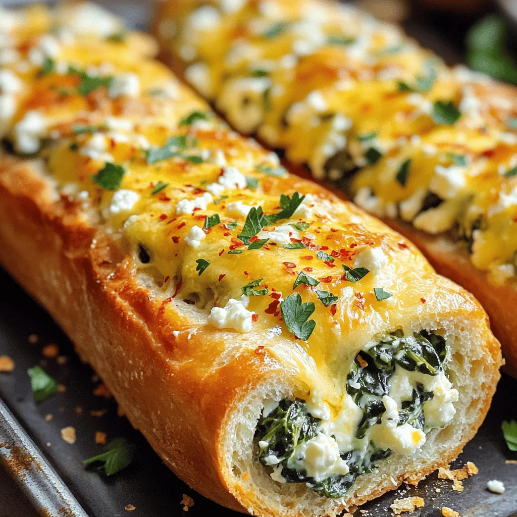 To make the best feta spinach stuffed French bread, gather these ingredients: - 1 large French bread loaf - 1 cup fresh spinach, chopped - 1 cup feta cheese, crumbled - 1/2 cup cream cheese, softened - 1/4 cup sour cream - 2 tablespoons olive oil - 2 cloves garlic, minced - 1/4 teaspoon red pepper flakes (optional) - Salt and pepper to taste - Fresh parsley, chopped (for garnish) Each ingredient plays a key role in creating a rich and tasty filling. The spinach adds freshness, while feta brings a salty bite. Cream cheese and sour cream make the mixture creamy and smooth. Olive oil helps sauté the garlic and spinach, adding depth to the flavors. You can adjust the red pepper flakes for a little heat, or skip them if you prefer milder tastes. Lastly, fresh parsley gives a beautiful touch when you serve your dish. For full details, check the Full Recipe. - Preheat your oven to 375°F (190°C). Line a baking sheet with parchment paper. - In a skillet, heat 2 tablespoons of olive oil over medium heat. Add 2 cloves of minced garlic. Sauté for about 1 minute until you smell the garlic. - Add 1 cup of chopped fresh spinach to the skillet. Cook until it wilts, about 2-3 minutes. Remove from heat and let it cool for a bit. - In a mixing bowl, combine the wilted spinach, 1 cup of crumbled feta cheese, 1/2 cup of softened cream cheese, and 1/4 cup of sour cream. If you want some heat, add 1/4 teaspoon of red pepper flakes. Mix well until all ingredients blend. Season with salt and pepper to taste. - Take 1 large French bread loaf and slice it in half lengthwise. This creates a top and bottom half. Hollow out some bread from the center of each half. This makes room for your filling. - Spread the spinach and feta mixture evenly on the bottom half of the French bread. Place the top half back on and gently press down. - Wrap the stuffed loaf in aluminum foil. Place it on your prepared baking sheet. Bake in the preheated oven for 15 minutes. - After 15 minutes, carefully remove the foil. Bake for an additional 10 minutes. This step makes the bread crispy and golden. - Once baked, remove from the oven and let it cool for a few minutes. Slice it into pieces before serving. - Garnish with chopped fresh parsley for a nice touch. Enjoy your Feta Spinach Stuffed French Bread! For the full recipe, refer to the instructions above. - Choosing the right bread: Use a large, fresh French bread loaf. A good crust adds flavor. Look for one that feels light and sounds hollow when tapped. This helps the stuffed bread hold up well. - Ensuring filling balance: Mix creamy and salty flavors. The feta and cream cheese create a smooth base. Add spinach for freshness and a pop of color. Adjust salt to taste, as feta is naturally salty. - Tips for hollowing out the bread: Slice the bread in half lengthwise. Use a sharp knife to remove some of the inside. Leave enough bread on the sides for support. This creates a nice pocket for the filling. - Pairing with sides or dips: Serve with a simple salad or a bowl of soup. A yogurt dip or tzatziki adds a cool touch. These pair well with the warm, savory bread. - Ideal occasions for serving: This dish shines at parties or casual gatherings. It's great for game day or family dinners. You can even serve it as a fun appetizer at a potluck. - How to garnish beautifully: After baking, sprinkle fresh parsley on top. This adds color and a fresh taste. You can also add a drizzle of olive oil for extra richness. This dish is a delightful treat that brings joy to any table. For the complete recipe, check the Full Recipe. {{image_2}} You can change the cheese for a new flavor. Try using goat cheese or ricotta. They add a creamy texture and taste great. You can also mix in herbs like dill or basil. A pinch of oregano gives a nice touch. If you love spice, add some cayenne pepper or smoked paprika for a kick. For veggies, consider mushrooms or bell peppers. They blend well with the spinach and cheese. If you want a vegan version, use tofu instead of cheese. You can blend the tofu with nutritional yeast for a cheesy taste. Substitute the cream cheese with cashew cream or coconut yogurt. For gluten-free bread, use gluten-free French bread. You can find this at many stores now. If you're on a low-carb diet, try using a cauliflower bread or a low-carb wrap. These swaps keep the dish tasty and fun for everyone! To keep your feta spinach stuffed French bread fresh, follow these easy tips: - Refrigeration: Wrap the leftover bread tightly in plastic wrap or aluminum foil. Store it in the fridge for up to 3 days. The bread will stay soft with this method. - Freezing: For longer storage, freeze the stuffed bread. Wrap it well in plastic wrap and then in foil. It can last up to 2 months in the freezer. Be sure to label it with the date. When you're ready to enjoy your leftovers, reheating is key. Here’s how to do it right: - Best methods for reheating: Preheat your oven to 350°F (175°C). Remove the wrapping and place the bread on a baking sheet. Heat for about 10-15 minutes. This keeps the bread crispy. - Avoiding sogginess or over-drying: If you notice the bread is getting soggy, place it on a wire rack while reheating. This allows air to circulate and keeps the crust nice. If it seems too dry, you can sprinkle a bit of water on the bread before wrapping it in foil. This helps it stay moist. How to make Feta Spinach Stuffed French Bread? To make this dish, you need to gather your ingredients. First, preheat your oven to 375°F (190°C). Sauté minced garlic in olive oil until fragrant, then add chopped spinach and cook until wilted. Mix this with feta, cream cheese, sour cream, and seasonings. Hollow out the French bread, fill it with the mixture, and bake wrapped in foil. After 15 minutes, uncover and bake for 10 more minutes until golden. Can I prepare this dish in advance? Yes, you can prepare it ahead. Make the filling a day prior and store it in the fridge. You can stuff the bread just before baking. This saves time and lets the flavors blend nicely. What are the best sides to serve with this recipe? This stuffed bread pairs well with a fresh salad or a bowl of soup. You can also serve it with a yogurt dip or a side of roasted veggies. The bread is filling, so lighter sides work best. What if my filling is too runny? If your filling is too runny, add more feta or cream cheese. You can also mix in some breadcrumbs to absorb excess moisture. This will help firm it up without losing flavor. How to fix overcooked French bread? If your bread is overcooked, you can try to revive it. Wrap the bread in a damp paper towel and microwave for a few seconds. This adds moisture back into the bread, making it softer. What to do if the bread is too crusty? If the bread is too crusty, slice it thinner next time. You can also add butter or oil on the crust before baking. This keeps it soft while still getting that nice golden color. For the full recipe, please check the earlier section in this article. You learned the key ingredients and steps to make Feta Spinach Stuffed French Bread. Remember, cooking is about balance and creativity. Use my tips for better results and tasty variations. Don’t forget to store leftovers properly! This dish is perfect for any occasion, from parties to family dinners. I hope you feel confident to try your version of this recipe. Enjoy your cooking adventure and make delicious memories!