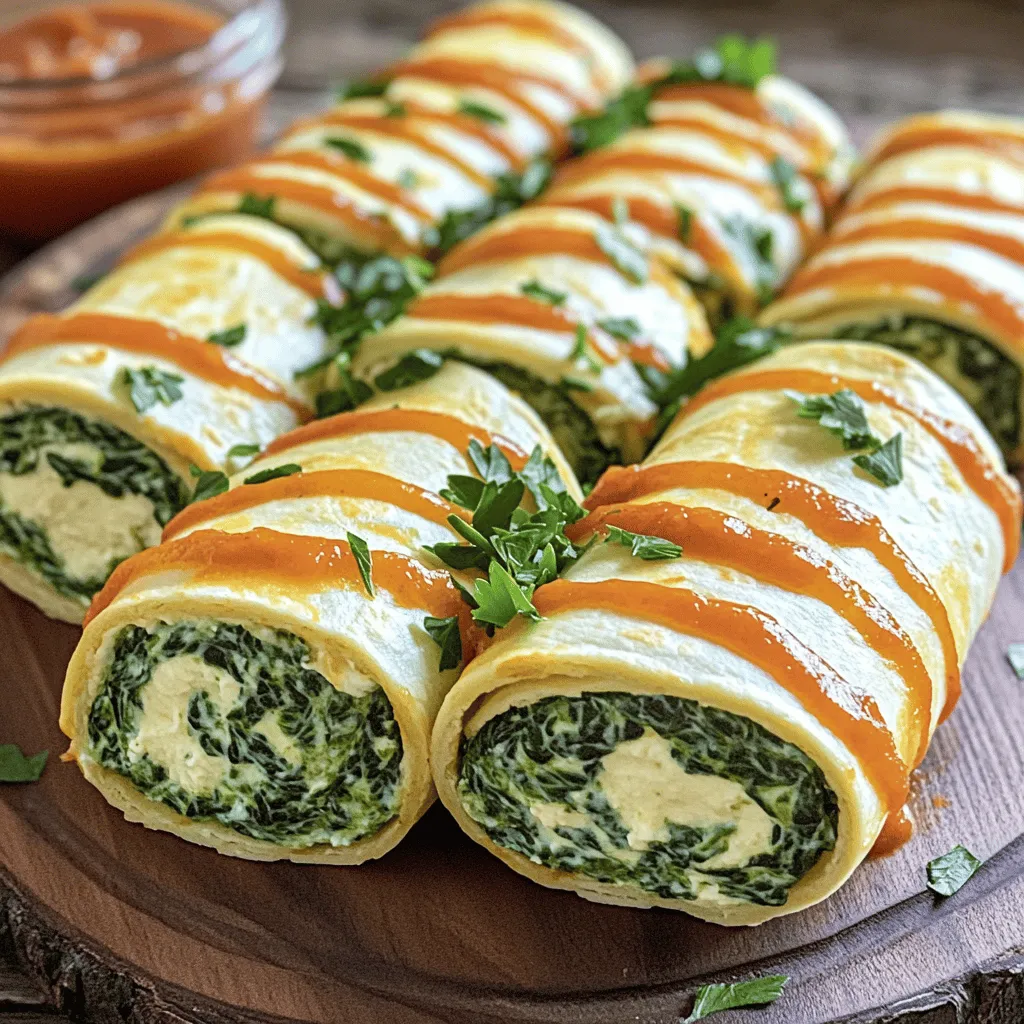 To make these creamy spinach roll ups, you need simple and fresh ingredients. Here’s what you will use: - 8 large flour tortillas - 2 cups fresh spinach, chopped - 1 cup ricotta cheese - 1 cup cream cheese, softened - 1/2 cup grated Parmesan cheese - 1/2 teaspoon garlic powder - 1/4 teaspoon nutmeg - Salt and pepper to taste - 1 cup marinara sauce (for serving) - Fresh parsley, chopped (for garnish) These ingredients work together to create a rich and creamy filling. The spinach adds color and nutrients, while the cheeses bring that delicious creamy texture. You can easily customize this recipe. Here are some ideas to make it your own: - Diced cooked chicken for extra protein - Red pepper flakes for a spicy kick - Sun-dried tomatoes for a tangy twist - Different cheeses like mozzarella or feta - Fresh herbs like basil or dill Mix and match these options to suit your taste. Each addition can change the flavor and make it unique. If you have dietary needs, you can still enjoy this dish. Here are some options: - To make it gluten-free, use gluten-free tortillas. - For a dairy-free version, try using vegan cheese. - If you want it lower in calories, use low-fat cream cheese and ricotta. These options allow everyone to enjoy creamy spinach roll ups. Just remember to adjust your ingredients based on your needs. For the full recipe, check out the recipe card. Start by gathering your ingredients. You need ricotta cheese, cream cheese, and Parmesan cheese. In a large bowl, mix the three cheeses together. Use a spatula or a fork to blend until smooth. Next, add the chopped spinach, garlic powder, nutmeg, salt, and pepper. Stir well so that the spinach is mixed evenly with the cheese. This creamy mixture is the heart of your roll-ups. Lay a tortilla flat on your kitchen counter. Spread a good amount of the creamy cheese mixture across the tortilla. Be sure to leave a small border around the edges. Now, start rolling the tortilla from one end. Roll it tightly to keep the filling inside. Once you have rolled it, repeat this with the other tortillas. After rolling, slice each roll into bite-sized pieces. Aim for about 1.5 inches thick for easy eating. To serve, arrange the roll-ups on a pretty platter. Pour marinara sauce in a small bowl and place it in the center. This makes for a lovely dipping spot. For a pop of color, sprinkle some fresh parsley on top. You can also add extra Parmesan for flavor. This dish is perfect for parties or family dinners. Enjoy! Rolling tortillas can be tricky. Start with soft, fresh tortillas. Warm them slightly in the microwave for about 10 seconds. This makes them more pliable. Spread the creamy spinach mixture evenly. Leave a small border around the edges. Tightly roll the tortilla from one end to the other. Use your fingers to keep the filling from escaping. To keep roll-ups fresh, wrap them in plastic wrap. This helps prevent drying out. Store them in the fridge for up to three days. You can also place them in an airtight container. For best taste, eat them within the first day. Avoid overfilling the tortillas. Too much filling can cause leaks. Ensure the spinach is well-drained. Excess moisture can make the roll-ups soggy. Don’t skip refrigerating them for 30 minutes if you can. This step helps with slicing. Lastly, remember to taste your filling. Adjust seasonings if needed before assembling. {{image_2}} You can easily make this dish vegetarian or vegan. For vegetarian roll-ups, just stick with the original recipe. If you want vegan roll-ups, swap the cheeses for plant-based options. Use vegan cream cheese and a nut-based ricotta. This swap keeps the creaminess while making it dairy-free. You can also add more veggies. Try roasted peppers or mushrooms for extra flavor. Feel free to spice things up! Add red pepper flakes for heat. You can also mix in herbs like basil or oregano for a fresh taste. For a smoky flavor, try adding a bit of smoked paprika. If you like it cheesy, add more Parmesan or even some feta cheese. Each of these options adds a unique twist. While marinara is great, you can get creative with sauces. A creamy Alfredo pairs well and adds richness. If you want a tangy touch, serve with a yogurt-based sauce. You can even use pesto for a fresh, herbal flavor. Each sauce changes the dish and adds a new element. Don't be afraid to experiment! For the full recipe, check out the section above. To store leftover creamy spinach roll ups, place them in an airtight container. This helps keep them fresh. You can refrigerate them for up to three days. Make sure the roll ups cool before you cover them. This avoids moisture buildup, which can make them soggy. You can freeze creamy spinach roll ups for later use. Wrap each roll up tightly in plastic wrap. Then, put them in a freezer bag. This keeps them safe from freezer burn. They stay good for up to three months. When you're ready to eat, thaw them in the fridge overnight. To reheat your roll ups, preheat the oven to 350°F (175°C). Place the roll ups on a baking sheet. Cover them with foil to keep them moist. Heat for about 15-20 minutes. You can also microwave them for quicker results. Just heat for 1-2 minutes, checking often to avoid overcooking. Serve with marinara sauce from the Full Recipe for a tasty touch. Yes, you can make Creamy Spinach Roll Ups ahead of time. Prepare them a day in advance and store them in the fridge. Cover them tightly with plastic wrap to keep them fresh. This also helps the flavors meld together. When you're ready to serve, just slice and enjoy! Creamy Spinach Roll Ups pair well with various sides. Here are some great options: - A fresh garden salad adds a nice crunch. - Garlic bread is a tasty addition. - Roasted vegetables bring color and flavor. - You can serve extra marinara sauce for dipping. These sides make your meal more exciting and filling! To keep the filling inside, use these tips: - Spread the filling evenly, but leave a small edge. - Roll the tortilla tightly, starting from one end. - Secure the roll with a toothpick if needed. These steps help hold everything together. Plus, you can chill the roll-ups for a bit before cutting them. This helps firm them up and reduces leaking. For the complete recipe, check out the Full Recipe section! Creamy Spinach Roll Ups are simple and tasty. We covered main and optional ingredients, giving you options. You learned step-by-step how to prepare and assemble them. I shared tips to keep your roll ups fresh and avoid common mistakes. You can customize these roll ups for any diet. Don’t forget to store extras properly or freeze them for later. I hope you feel ready to try this fun recipe. Enjoy your cooking and get creative!
