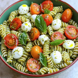 - 8 oz rotini pasta - 1 cup cherry tomatoes, halved - 1 cup fresh mozzarella balls, halved - 1 cup fresh basil leaves - 1/2 cup homemade or store-bought pesto - 1/2 cup Greek yogurt - 2 tablespoons olive oil - Salt and pepper to taste - Optional: Parmesan cheese for topping Gathering the right ingredients is key to making this salad shine. I love using rotini pasta because its twists hold the creamy dressing well. For the tomatoes, I prefer cherry tomatoes. They add a burst of sweetness and color. Fresh mozzarella balls, or bocconcini, bring a delightful creaminess that pairs perfectly with the other flavors. Don’t forget the bright green basil leaves—they add a fresh, aromatic touch. For the dressing, you can choose homemade or store-bought pesto. Homemade pesto has a fresh taste that cannot be beaten, but store-bought is quick and easy. Mixing it with Greek yogurt creates a light, creamy texture. A drizzle of olive oil brings everything together. Seasoning with salt and pepper helps enhance the flavors. If you want to take it up a notch, sprinkle some Parmesan cheese on top. It adds a nice salty finish that complements the dish. You can find the full recipe in the main article to guide you through the steps! - Cook the rotini according to package instructions. - Drain and rinse under cold water. Start by boiling a large pot of salted water. Add the rotini and cook until it's al dente, which means it should still have a slight bite. Once it's done, drain the pasta. Rinsing it under cold water stops the cooking process. This helps keep the pasta firm and prevents it from getting mushy. - Combine pasta with tomatoes, mozzarella, and basil. - Mix pesto and Greek yogurt, then stir in olive oil. In a large bowl, mix the cooled pasta with halved cherry tomatoes, fresh mozzarella balls, and fragrant basil leaves. These ingredients create a fresh and tasty base. Next, in a smaller bowl, whisk together your pesto and Greek yogurt until they blend well. This creamy mixture adds a rich flavor to your salad. Add olive oil and stir until smooth. This step enhances creaminess and helps the dressing coat the pasta. - Toss creamy pesto mixture with the salad. - Season with salt, pepper, and optional Parmesan. Now comes the fun part! Pour the creamy pesto mixture over your salad. Gently toss everything together until the pasta and veggies are fully coated. Taste the salad and season with salt and pepper. If you love cheese, sprinkle some grated Parmesan on top for extra flavor. Let the salad chill in the fridge for at least 30 minutes before serving. This helps the flavors blend together nicely. You can find the full recipe in the earlier sections. Enjoy your Light and Creamy Pesto Caprese Pasta Salad! - Cook pasta al dente for best texture. It means pasta should be firm yet tender. - Rinse with cold water to stop cooking. This helps keep the pasta from getting mushy. - Choose high-quality pesto for the best taste. Fresh pesto makes a big difference. - Adjust seasoning to personal preference. Taste as you go, and add salt or pepper as needed. - Use a colorful bowl for presentation. A bright bowl makes the dish pop. - Garnish with fresh basil and olive oil. This adds flair and flavor to your salad. These tips will help you create a tasty Light and Creamy Pesto Caprese Pasta Salad. Enjoy experimenting! {{image_2}} Adding a twist to your Light and Creamy Pesto Caprese Pasta Salad can make it even more delightful. You can easily boost the protein in your salad. - Incorporate grilled chicken or shrimp for a hearty option. - Use chickpeas for a tasty vegetarian choice. Chicken or shrimp adds a nice texture and flavor. Chickpeas are great for a plant-based meal. Both options keep your salad filling and nutritious. Switching up your veggies can enhance your dish. - Substitute tomatoes with roasted bell peppers for a smoky taste. - Add spinach or arugula for extra greens and crunch. Roasted bell peppers give a sweet flavor. Spinach and arugula add a fresh, crisp element. These variations keep the salad light and vibrant. Experimenting with pasta shapes can change the vibe of your salad. - Try penne or fusilli instead of rotini for a fun twist. - Use whole grain or gluten-free pasta for different dietary needs. Penne offers a solid bite, while fusilli holds onto more dressing. Whole grain adds fiber, and gluten-free options cater to those with sensitivities. These simple swaps keep your dish exciting and enjoyable. To keep your salad fresh, store it in an airtight container in the fridge. This helps prevent moisture loss and keeps the flavors intact. If you want to maintain the creamy texture, keep the dressing separate until you serve. This way, your pasta salad won’t get soggy. This salad shines when served cold, but you can gently reheat it if you prefer. Warm it on low heat for a short time. Avoid overheating, as this can ruin the creamy texture of the yogurt and pesto. For the best taste, consume the salad within three days. After that, the flavors may start to fade. Enjoy the light and creamy goodness while it’s fresh! Yes, you can make this salad ahead of time. It tastes even better after sitting in the fridge. Just be sure to mix the dressing in before serving. This allows all the flavors to blend well. I recommend preparing it a few hours or even a day in advance. If you need a substitute for Greek yogurt, try using sour cream or a dairy-free yogurt. Both options give a creamy texture. You can also use mayonnaise for a different taste. Adjust the amount to your liking for flavor. Absolutely! This recipe is great for meal prep. You can store individual servings in airtight containers. It keeps well in the fridge and makes a quick lunch or dinner option. Just remember to keep the dressing separate if you want it fresh. Homemade pesto lasts about a week in the fridge. Store it in a clean, airtight container. You can also freeze it for longer storage. Store-bought pesto usually has a longer shelf life, so check the label for specific dates. Yes, you can use store-bought pesto! It saves time and still brings great flavor. Look for a good quality pesto for the best taste. Homemade is awesome, but store-bought works great in a pinch. - Full Recipe: Light and Creamy Pesto Caprese Pasta Salad This creamy pesto Caprese pasta salad is simple and tasty. We covered key ingredients, easy steps, and ways to add your twist. Remember, using fresh items and good quality pesto makes a big difference. Store leftovers in the fridge and eat them within three days. Whether you want a light meal or a side dish, this salad fits perfectly. Enjoy creating your delicious version of it!