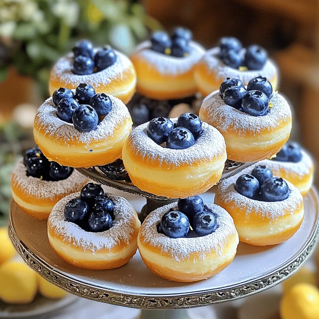 To make blueberry cake donuts, you need a few key ingredients. Here’s what you will need: - 1 cup all-purpose flour - 1/2 cup granulated sugar - 1/4 cup unsalted butter, melted - 1/2 cup milk - 1 large egg - 1/2 teaspoon vanilla extract - 1 teaspoon baking powder - 1/4 teaspoon salt - 1 cup fresh blueberries (or frozen, thawed) - 1 tablespoon lemon zest - 1/4 teaspoon cinnamon (optional) - Powdered sugar for dusting (optional) These ingredients come together to create a moist and fluffy donut. The blueberries add a nice burst of flavor. The lemon zest brightens the taste, making each bite special. You can also customize your donuts. Here are some optional ingredients you might like: - 1/4 teaspoon nutmeg for extra warmth - A splash of almond extract for a unique twist - Chopped nuts for added crunch One serving of these blueberry cake donuts contains about 150 calories. Here's a basic breakdown of the macronutrients per donut: - Carbohydrates: 22 grams - Protein: 2 grams - Fat: 7 grams These values can vary based on your ingredient choices. If you add nuts or use a different type of milk, keep that in mind. Enjoying these delicious donuts as a treat can fit well into a balanced diet. 1. Preheat your oven to 350°F (175°C). This helps the donuts bake evenly. 2. Grease a donut pan with non-stick cooking spray. This step keeps the donuts from sticking. 3. In a large bowl, whisk together the flour, sugar, baking powder, salt, and cinnamon (if using). This mix gives the donuts their base flavor. 4. In another bowl, mix the wet ingredients: melted butter, milk, egg, vanilla extract, and lemon zest. Stir until smooth. 5. Combine the wet and dry mixtures. Pour the wet mix into the dry mix and stir gently. Don’t overmix; lumps are okay. 6. Fold in the blueberries. Be gentle to keep the berries whole for bursts of flavor. 7. Fill each donut cavity about two-thirds full with the batter. Use a piping bag or spoon for easy filling. 1. Bake the donuts in the preheated oven for 10-12 minutes. They should rise and turn golden. 2. Check for doneness by inserting a toothpick into the center. If it comes out clean, they are ready. 3. Cool the donuts in the pan for about 5 minutes. Then, transfer them to a wire rack to cool completely. For a sweet touch, consider dusting the cooled donuts with powdered sugar. Enjoy the delightful taste of your homemade blueberry cake donuts! - Common mistakes to avoid when making donuts: One big mistake is overmixing the batter. This can make your donuts tough. Mix until just combined for a light texture. Another mistake is not preheating your oven. Always preheat for even baking. Lastly, don’t skip greasing your pan well. This helps the donuts release easily. - Best practices for mixing and baking: Use room temperature ingredients for best results. This helps the batter mix well. When adding blueberries, gently fold them in. This keeps them whole and juicy. Bake your donuts until a toothpick comes out clean. This ensures they are done without being dry. - Pairings for Blueberry Cake Donuts: These donuts pair well with fresh fruit, like strawberries or raspberries. A cup of coffee or tea makes a perfect match too. You can also serve them with yogurt for a tasty breakfast combo. - Presentation tips for serving at gatherings: To impress guests, place the donuts on a tiered cake stand. It looks beautiful and draws attention. For a sweet touch, drizzle a simple glaze made from powdered sugar and milk over the top. Dusting with powdered sugar adds a nice finish as well. {{image_2}} You can play with flavors in your blueberry cake donuts. Try using other fruits like raspberries, strawberries, or bananas. Each fruit will add its own taste. You can also add spices like nutmeg or ginger for a warm kick. If you want gluten-free options, use a gluten-free flour mix. This will keep your donuts light and tasty. Toppings make your donuts shine! You can drizzle a simple glaze made from powdered sugar and milk over them. This adds sweetness and shine. For a fruity twist, top with a blueberry glaze. You can also sprinkle crushed nuts or coconut flakes for crunch. Add a dusting of powdered sugar for a classic look. These toppings not only taste great but also make your donuts more fun to eat! To keep your blueberry cake donuts fresh, store them in an airtight container. This method helps maintain their moisture and flavor. Place a piece of parchment paper between layers to prevent sticking. These donuts taste best within two days. However, you can keep them for up to five days in the fridge. Freezing blueberry cake donuts is easy. First, let the donuts cool completely. Then, wrap each donut in plastic wrap. Place the wrapped donuts in a freezer bag. This keeps them fresh for about three months. When you want to enjoy one, simply remove it from the freezer. Thaw it at room temperature for about an hour. For the best texture, you can warm it in the microwave for about 10 seconds. Enjoy your delicious treat! How do I prevent my donuts from being too dense? To avoid dense donuts, do not overmix the batter. Mix gently until just combined. Make sure your baking powder is fresh. This helps the donuts rise well. Can I use frozen blueberries instead of fresh ones? Yes, you can use frozen blueberries. Just thaw them first and drain excess liquid. This keeps your batter from becoming too watery. How do I make the donuts more flavorful? Add lemon zest to the batter; it brightens the taste. You can also mix in spices like cinnamon or nutmeg. A sprinkle of sea salt can enhance sweetness. What is the best way to reheat leftover donuts? To reheat, place them in a microwave for 10-15 seconds. You can also warm them in an oven at 350°F for about 5 minutes. This keeps them soft and tasty. What can I use instead of all-purpose flour? You can use almond flour or a gluten-free blend. Just remember, different flours may change the texture. Adjust liquid ingredients if needed. Can I replace sugar with a sugar alternative? Yes, you can use honey, maple syrup, or a sugar substitute. Just adjust the amount based on the sweetness level. Be aware that this may change the texture of your donuts. For the complete recipe, please refer to the Full Recipe. Making Blueberry Cake Donuts is easy and fun, as this post shows. We covered key ingredients, from basics to options for customizing. You learned how to prepare, bake, and serve your donuts with style. I shared tips to avoid mistakes, plus ways to store and freeze your treats. Now, you can enjoy delicious donuts any time. Don't hesitate to experiment with flavors and toppings. With practice, your baking skills will grow, and your friends will love your creations. Happy baking!