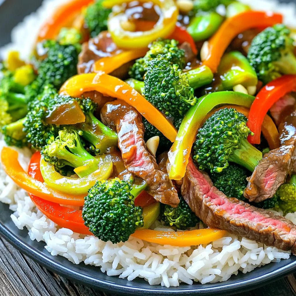 To make Chinese beef and broccoli, you need a few key items. Here is your shopping list: - 1 pound beef sirloin, thinly sliced - 3 cups broccoli florets - 1 bell pepper, sliced (any color) - 3 cloves garlic, minced - 1 tablespoon ginger, grated - 1/4 cup soy sauce - 2 tablespoons hoisin sauce - 1 tablespoon cornstarch - 1 tablespoon sesame oil - 2 tablespoons vegetable oil - 1 teaspoon red pepper flakes (optional) - Cooked rice or noodles (for serving) You need some simple tools to cook this dish. Gather these before you start: - Large pan or wok - Knife and cutting board - Mixing bowl - Measuring spoons and cups - Spatula or wooden spoon If you don't have some ingredients, don't worry! Here are some swaps: - Use flank steak instead of sirloin for a different flavor. - Any color bell pepper works, but you can use snap peas or carrots instead. - If you lack hoisin sauce, try a mix of soy sauce and a bit of sugar. - For a gluten-free option, use tamari instead of soy sauce. - Swap sesame oil for olive oil if you need to. This list will help you get ready for the full recipe. Enjoy cooking! To start, take your 1 pound of beef sirloin and slice it thinly. You want pieces that cook fast. In a bowl, mix the beef with 1/4 cup soy sauce, 1 tablespoon cornstarch, and 1 tablespoon sesame oil. This helps add flavor and tenderizes the meat. Make sure each slice is coated well. Let it sit for about 15 minutes. This step is key for juicy beef in your dish. Now, heat a large pan or wok over medium-high heat. Once hot, add 2 tablespoons of vegetable oil. You want the oil to shimmer. Place the marinated beef in a single layer in the pan. Sear it for about 2-3 minutes until it turns brown. Don't overcrowd the pan. This step keeps the beef juicy. After browning, remove the beef and set it aside on a plate. In the same hot pan, add 3 cloves of minced garlic and 1 tablespoon of grated ginger. Stir them for about 30 seconds until you smell a great aroma. Next, toss in 3 cups of broccoli florets and 1 sliced bell pepper. Stir-fry these veggies for about 4-5 minutes. You want them tender but still crisp. Finally, return the beef to the pan. Add 2 tablespoons of hoisin sauce and mix well. Cook for another 2-3 minutes, letting the flavors blend. Now, you're ready to serve this beefy broccoli delight over rice or noodles. For the full recipe, check the earlier section. To get that nice flavor, start by marinating your beef. Use soy sauce, cornstarch, and sesame oil. Let it sit for about 15 minutes. This step adds depth to the meat. The garlic and ginger also play a big role. Sauté them until fragrant. This will make your kitchen smell amazing! Cooking times matter a lot. For the beef, sear it for just 2-3 minutes. If you overcook it, it can turn tough. For the veggies, stir-fry for 4-5 minutes. This keeps them crisp and bright. Remember, each stove is different. You may need to adjust times slightly. Texture is key in this dish. The beef should be tender, not chewy. The broccoli should be bright green and slightly crisp. To achieve this, do not overcrowd the pan. Cook in batches if needed. If you want a bit of crunch, add the bell pepper at the end. This gives a nice bite to the dish. {{image_2}} You can swap beef for many other proteins. Chicken, shrimp, or tofu work well. Chicken has a light flavor that pairs nicely with broccoli. Shrimp cooks fast and adds a sweet taste. Tofu is great for a plant-based meal. Just press and cube it before cooking. Each protein changes the dish's taste and texture. Try different proteins to find your favorite. You can also change the vegetables in this recipe. Instead of broccoli, use snap peas, bok choy, or green beans. Snap peas add a nice crunch. Bok choy brings a mild flavor and soft texture. Green beans add a fresh taste and bright color. Mix and match your favorites to create new blends. Your dish will feel fresh and exciting with every swap. The sauce can change your dish's flavor too. If you want a different taste, try oyster sauce instead of hoisin. It gives a savory, rich flavor. You could also use teriyaki sauce for a sweet twist. For a spicy kick, add chili garlic sauce or sriracha. Each sauce will give your dish a new character. Explore these options to find your perfect flavor profile. To keep your beef and broccoli fresh, store leftovers in an airtight container. Let the dish cool down before sealing it. Place it in the fridge if you plan to eat it within three days. This method helps keep the flavors intact while preventing spoilage. When you're ready to enjoy your leftovers, reheat them gently. You can use a pan on the stove or a microwave. If using a pan, add a splash of water to prevent sticking. Heat on low until warm. If using a microwave, cover the dish with a lid to keep moisture. Heat in short bursts, stirring in between. If you want to save your beef and broccoli for later, freezing is a great option. Cool the dish completely, then place it in a freezer-safe container. Make sure to leave some space for expansion. You can freeze it for up to three months. When you're ready to eat, thaw it in the fridge overnight before reheating. Yes, you can make this dish gluten-free. Use gluten-free soy sauce or tamari instead of regular soy sauce. You can also check the hoisin sauce for gluten. Some brands offer gluten-free versions. You can serve this dish with cooked rice or noodles. Steamed rice pairs well and so do chow mein noodles. You can also add a side of egg rolls or spring rolls for extra crunch. Homemade Chinese Beef and Broccoli lasts about 3 to 4 days in the fridge. Make sure to store it in an airtight container. This keeps the flavors fresh and prevents spoilage. Yes, you can make this recipe in advance. Prepare the beef and veggies, and store them separately. When ready to eat, just stir-fry everything together. This saves time and makes meal prep easier. For the complete recipe, check the Full Recipe section. You learned about key ingredients for a tasty dish. We covered how to marinate and cook beef, sauté veggies, and achieve great flavor. I shared tips for adjusting cooking times and perfecting texture. You can explore variations with different proteins and veggies. Proper storage and reheating can keep your dish fresh. Remember, cooking is fun and can be customized to your taste. Enjoy your cooking journey!