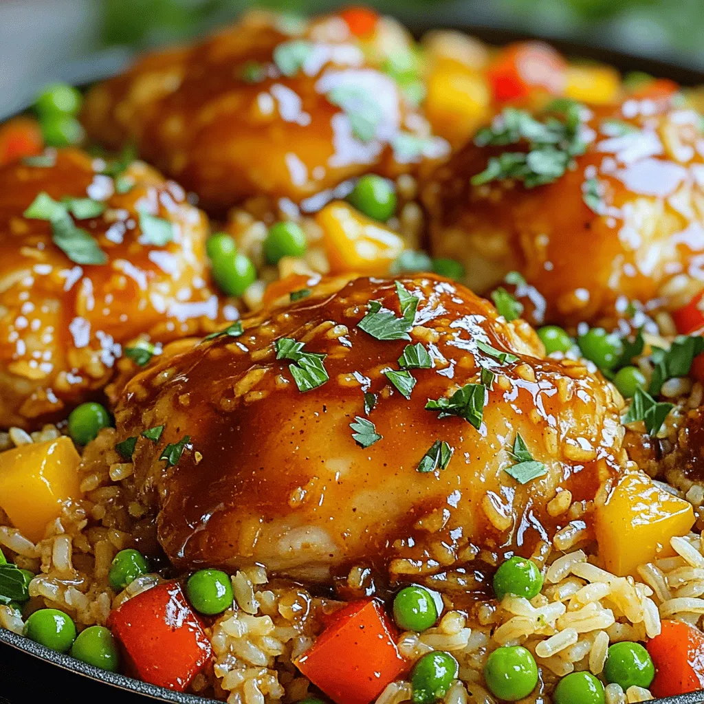 To make this dish, gather the following main ingredients: - 4 chicken thighs, skinless and boneless - 1 cup long-grain rice - 2 cups chicken broth - 1 cup BBQ sauce (your favorite brand) - 1 tablespoon honey - 1 red bell pepper, diced - 1 cup frozen peas - 1 small onion, finely chopped - 2 cloves garlic, minced - 1 tablespoon olive oil - Salt and pepper to taste - Chopped parsley for garnish These ingredients work together to create a tasty and balanced meal. The chicken gives protein, while the rice serves as a hearty base. The BBQ sauce and honey add sweetness and depth to the dish. While the dish is great on its own, you can add some garnishes for extra flavor and color. Consider these options: - Chopped green onions for a fresh crunch - Sliced avocado for creaminess - A squeeze of lime juice for brightness - Crushed red pepper for some heat These garnishes can take your meal to the next level. Feel free to mix and match based on what you enjoy! If you’re missing some ingredients, don’t worry! Here are some easy substitutions: - Chicken thighs can be replaced with chicken breasts or drumsticks. - Use vegetable broth instead of chicken broth for a vegetarian option. - Swap BBQ sauce with teriyaki sauce for a different flavor. - Jasmine rice can replace long-grain rice if you prefer it. These substitutions keep the dish delicious while allowing you to use what you have at home. For the full recipe, check out the complete guidelines to make this meal a hit! Start by gathering all your ingredients. This makes cooking easier and faster. You'll need: - 4 chicken thighs, skinless and boneless - 1 cup long-grain rice - 2 cups chicken broth - 1 cup BBQ sauce (your favorite brand) - 1 tablespoon honey - 1 red bell pepper, diced - 1 cup frozen peas - 1 small onion, finely chopped - 2 cloves garlic, minced - 1 tablespoon olive oil - Salt and pepper to taste - Chopped parsley for garnish Chop the onion, garlic, and red bell pepper. This helps them cook evenly. Measure out your rice and broth. Set everything aside, ready to go. Heat the olive oil in a large skillet over medium heat. Add the chopped onion and garlic. Sauté them for 2-3 minutes until they smell good and the onions turn clear. Next, season the chicken thighs with salt and pepper. Push the onion and garlic to the side of the pan. Now, add the chicken thighs. Cook them for 5-6 minutes on each side until they are golden brown. In a small bowl, mix the BBQ sauce and honey. Once the chicken is browned, pour this mixture over the chicken. Make sure it covers the chicken well. Now, stir in the rice, making sure it is coated with the sauce. Pour in the chicken broth and bring this to a boil. When it boils, lower the heat, cover the pan, and let it simmer for about 20 minutes. After 10 minutes, add the diced red bell pepper and frozen peas. Cover again and cook for another 10 minutes until the rice is soft and the liquid is gone. When done, take the skillet off the heat. Let it sit for 5 minutes. Then fluff the rice with a fork. Serve warm and sprinkle with chopped parsley for a fresh look. Enjoy your one-pan honey BBQ chicken rice! For a complete guide, check the Full Recipe. To get fluffy rice, start with rinsing it under cold water. This removes extra starch. Use long-grain rice for the best texture. It cooks evenly and stays separate. Once you add the rice to the pan, stir it gently. This helps coat each grain with the sauce. When you cover the pan, keep it sealed. This traps steam and helps the rice cook perfectly. Choose a BBQ sauce that you love. The flavor of the sauce makes a big difference. Mix in honey to add a touch of sweetness. If you crave a spicy kick, add a pinch of cayenne or hot sauce. You can also toss in some smoked paprika for a richer taste. Let the chicken soak in the BBQ sauce for a few minutes before cooking. This helps the flavor seep in deeper. To save time, chop your veggies ahead. Store them in the fridge for easy access. You can also buy pre-diced onions and bell peppers. This cuts down on prep time. Use frozen peas; they cook fast and add color. If you're in a rush, you can cook the chicken and rice in the same pot. Just follow the steps in the Full Recipe for a quick and easy meal. {{image_2}} You can boost the nutrition of your One-Pan Honey BBQ Chicken Rice by adding vegetables. Try these options: - Carrots: Dice them small so they cook quickly. They add a nice sweetness. - Zucchini: Chop it into half-moons. It cooks fast and brings moisture. - Broccoli: Cut the florets small. Add them during the last 10 minutes of cooking. Adding veggies not only makes the dish colorful but also adds vitamins and minerals. If you enjoy spice, you can change the heat level of your dish. Here are some ideas: - Red Pepper Flakes: Stir in a pinch for a bit of heat. - Hot Sauce: Mix in your favorite hot sauce with the BBQ sauce. - Jalapeños: Dice them finely and add them with the onions. Adjust the spice to match your taste. Just be careful not to overpower the sweetness of the honey. You don’t have to stick with chicken. Here are some tasty alternatives: - Turkey Thighs: They work well and have a similar flavor. - Tofu: Use firm tofu for a vegetarian option. Make sure to press it first to remove excess water. - Pork Chops: They add a nice twist to the dish. Just adjust cooking times for different meats. These alternatives can change the flavor while keeping the dish easy and fun. You can find the Full Recipe for more details on how to make this dish delicious! To store your One-Pan Honey BBQ Chicken Rice, let it cool first. Place it in an airtight container. Store it in the fridge for up to three days. Make sure to seal it well to keep it fresh. When you're ready to enjoy leftovers, reheat them in a pan. Add a splash of water or broth to keep it moist. Heat on low until warm. You can also use the microwave. Just cover the bowl and heat in short bursts to avoid drying it out. You can freeze this dish for later. Use a freezer-safe container or bag. Label it with the date and contents. It can last up to three months in the freezer. When you’re ready to eat, thaw it overnight in the fridge. Reheat it fully before serving. Enjoy your meal without the hassle! Yes, you can make One-Pan Honey BBQ Chicken Rice ahead of time. Cook it fully, then let it cool. Store it in an airtight container in the fridge for up to three days. When you’re ready to eat, just reheat it in a pan or microwave. This makes it a great meal for busy days. This dish pairs well with several sides. Here are some tasty options: - Corn on the cob: It's sweet and crunchy. - Green salad: A light salad adds freshness. - Coleslaw: This adds a nice crunch. - Garlic bread: It’s great for soaking up the sauce. Each of these sides complements the flavors of the chicken rice. Check the chicken's internal temperature. It should reach 165°F (75°C) for safe eating. You can use a meat thermometer for accuracy. If you don’t have one, cut into the thickest part of the thigh. The meat should be white, not pink. This ensures your chicken is juicy and safe to eat. One-Pan Honey BBQ Chicken Rice is simple and tasty. We covered ingredients, steps, and tips to help you. You can add veggies or adjust spice levels for your taste. Store leftovers correctly for another meal later. This dish is great for busy nights and will please everyone. Enjoy making and sharing this meal with friends and family!