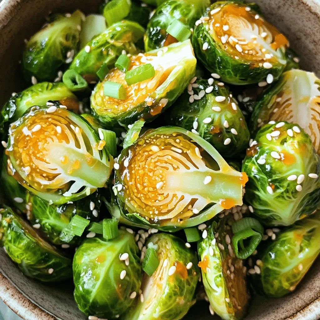 - 1 pound Brussels sprouts, trimmed and halved - 2 tablespoons olive oil - 3 tablespoons sweet chili sauce - 1 tablespoon soy sauce - 1 teaspoon garlic powder - Salt and pepper to taste - 1 tablespoon sesame seeds - 2 green onions, chopped Gather these ingredients before you start. Fresh Brussels sprouts are key for the best taste. Trim and halve them, so they cook evenly. Olive oil adds richness and helps the sauce stick. Sweet chili sauce brings a nice balance of heat and sweetness. The soy sauce gives depth, while garlic powder adds flavor. Remember to season with salt and pepper to enhance all the tastes. For garnish, sesame seeds add crunch, and green onions bring a fresh bite. This combination creates a dish that’s both simple and delicious. You can find the full recipe below for easy reference. To prep Brussels sprouts, start by trimming the stem end. This helps them cook evenly. Next, cut each sprout in half. This step makes them crispier in the air fryer. Rinsing them under cold water removes dirt and debris. After rinsing, dry them well with a clean towel. Moisture can make them soggy, and we want crispy bites. In a large bowl, combine the halved Brussels sprouts, olive oil, sweet chili sauce, soy sauce, garlic powder, salt, and pepper. Mix it well. You want every sprout to be covered. Use your hands or a spoon for this. Ensure they are evenly coated for the best flavor. Trust me, this step makes a huge difference. Set your air fryer to 375°F (190°C). This temperature is perfect for getting that crispy texture. Place the seasoned Brussels sprouts in the air fryer basket. Make sure they are in a single layer. This helps air circulate for even cooking. Air fry for 15 to 18 minutes. Shake the basket halfway through to promote even browning. When they are done, they should be crispy outside and tender inside. Enjoy the deliciousness of your Sweet Chili Air Fryer Brussels Sprouts. For the complete recipe, check out the Full Recipe. To make your Brussels sprouts crispy, avoid overcrowding the air fryer basket. Place them in a single layer. This way, hot air can flow freely. If they are too close, they will steam instead of crisp. Use the shaking technique for even cooking. Halfway through cooking, shake the basket gently. This helps all sides get that golden brown finish. It will also improve texture and flavor. Want more spice? You can add chili flakes or sriracha to the mix. This will give your dish a nice kick. If you prefer milder flavors, consider using less sweet chili sauce. You can also try alternative sauces. Teriyaki sauce or garlic aioli can change the taste. These options keep the dish fresh and exciting. You can mix and match based on your mood. For the complete method, refer to the [Full Recipe]. {{image_2}} Adding bacon makes these Brussels sprouts even more delicious. The crispy, salty bacon pairs perfectly with the sweet chili sauce. To make this, cook diced bacon in the air fryer for a few minutes first. Once it gets a little crispy, add your Brussels sprouts to the basket. Toss the sprouts and bacon together with the olive oil and sweet chili sauce. The bacon adds richness and depth to the flavor. You can easily make a vegan version of this dish. Instead of using bacon, try adding more veggies like bell peppers or mushrooms. Switch the soy sauce for a gluten-free option or tamari if needed. Ensure the sweet chili sauce you pick is vegan-friendly. This version keeps the same great taste while being plant-based. Sweet chili Brussels sprouts go well with many main dishes. They pair nicely with grilled chicken or fish. You can also serve them with rice or quinoa for a healthy meal. Add a fresh salad on the side to create a colorful plate. Feel free to mix and match sides to suit your taste. For the full recipe, you can check the details above. To keep your sweet chili air fryer Brussels sprouts fresh, follow these steps. First, let them cool down. Once cool, transfer them to an airtight container. This helps keep moisture out. Store the container in your fridge. They will stay good for about 3 to 4 days. If possible, avoid stacking them. This prevents them from getting mushy. If you want to keep them longer, you can freeze them. Just remember to use freezer-safe containers. When reheating, you want to keep them crispy. The best way is to use the air fryer again. Preheat it to 350°F (175°C). Place the Brussels sprouts in a single layer in the basket. Heat for about 5 to 7 minutes. Check them halfway through. If they need more time, give them a minute or two. You can also use an oven if you don’t have an air fryer. Just spread them on a baking sheet and heat at the same temperature. Enjoy your crispy leftovers! For the full recipe, check out the details above. Yes, you can use frozen Brussels sprouts. However, fresh ones taste better. If you use frozen sprouts, thaw them first. Drain any excess water to avoid sogginess. You may need to cook them longer. Check them often, as they cook differently than fresh sprouts. You have many choices! Try teriyaki sauce for a sweet twist. Soy sauce mixed with honey adds a nice glaze. You can also make a spicy version with sriracha or chili paste. Mix and match flavors to find your favorite! Look for a golden brown color on the outside. They should feel crispy when you touch them. The inside should be tender but not mushy. If they are soft with a slight crunch, they are ready. Enjoy your tasty Sweet Chili Air Fryer Brussels Sprouts! For the full recipe, refer to the earlier section. In this blog post, you learned how to make delicious air fryer Brussels sprouts. We covered the key ingredients, from Brussels sprouts to sweet chili sauce. You saw step-by-step instructions for prepping and cooking them perfectly. I shared tips for getting that crispy texture and ideas for flavor variations. Don’t forget to store leftovers properly to keep that great taste. Try these easy recipes, and enjoy a tasty dish that fits any meal. Soon, you’ll impress everyone with your cooking!
