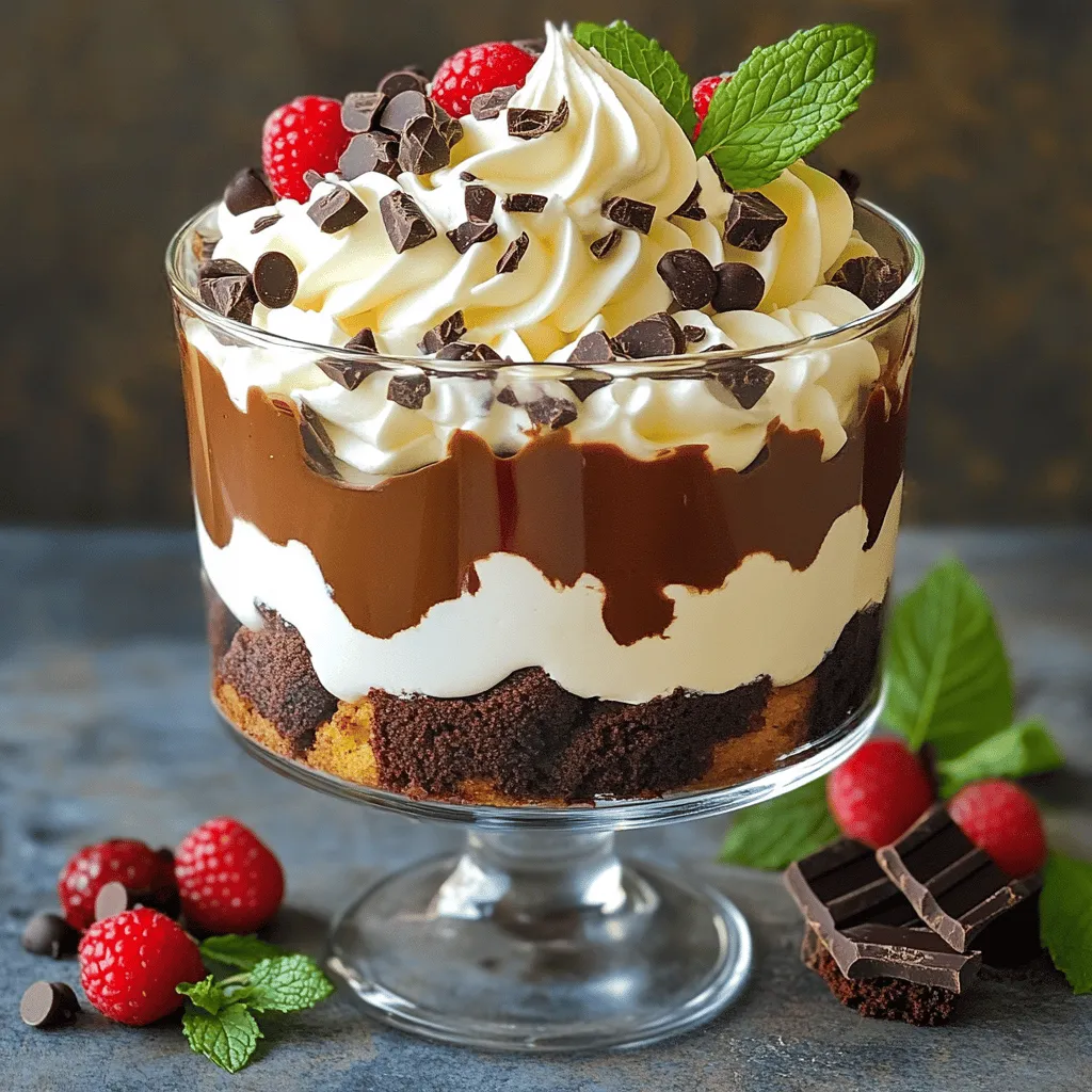 To make this delicious triple-chocolate trifle, gather these simple ingredients: - 1 cup dark chocolate pudding - 1 cup milk chocolate pudding - 1 cup white chocolate pudding - 2 cups whipped cream (store-bought or homemade) - 1 package chocolate cake mix (prepared and cooled) - 1 cup chocolate chips (semi-sweet or dark) - 1 cup chocolate shavings (for garnish) - Optional: fresh berries or mint leaves for decoration You can easily swap out ingredients for this trifle. If you want a lighter dessert, use low-fat pudding. You can also use homemade pudding instead of store-bought. For the cake, you can use brownies or even a sponge cake. If you need a gluten-free option, a gluten-free cake mix works well. You can replace chocolate chips with nuts for a crunchier texture. Using good quality ingredients makes a big difference. For pudding, I recommend Jell-O or Royal brands for great flavor. For whipped cream, try Reddi-wip or make your own using heavy cream. When it comes to cake mix, Betty Crocker or Duncan Hines provide moist cakes. For chocolate chips, Ghirardelli or Nestlé Toll House are top choices. Their chocolate shavings are also perfect for an elegant touch on top. You won't regret using quality brands for this trifle! To start, you need to bake the chocolate cake. Follow the package instructions carefully. Once the cake cools, cut it into small cubes or crumbles. This texture helps the layers mix well together. Grab a large trifle dish or individual glasses. Start by placing a layer of chocolate cake cubes at the bottom. Next, add a layer of dark chocolate pudding. Use a spoon to smooth it out evenly. Now, add a layer of whipped cream on top. Make sure to spread it gently. Repeat this process: another layer of cake, followed by milk chocolate pudding, then more whipped cream. Keep layering until you finish with white chocolate pudding on top. For the final touch, add a generous layer of whipped cream. Sprinkle chocolate chips and chocolate shavings over it. This makes it visually appealing and adds texture. After you finish layering, it’s time to chill the trifle. Place it in the refrigerator for at least 2 hours. This allows the flavors to blend and the layers to set. When ready to serve, consider garnishing with fresh berries or mint leaves. This adds a bright pop of color and freshness. Enjoy making this delightful dessert! To get great layers in your trifle, use a clear dish. This way, you can see each layer. Start with a layer of cake cubes on the bottom. Press them down lightly so they hold. Then, add the dark chocolate pudding on top. Use a spatula to spread it evenly. After that, add whipped cream. Repeat these steps with milk chocolate pudding and more cake. Finish with white chocolate pudding. This method keeps your layers neat and pretty. Store any leftovers in the fridge. Use an airtight container to keep it fresh. If you plan to eat it later, cover the top with plastic wrap. This prevents the whipped cream from getting hard. The trifle tastes best within three days. If it sits too long, the cake may get soggy. One mistake is not cooling the cake properly. If you add warm cake, it can melt the pudding. Another mistake is skipping the chilling step. Chilling helps the layers set. Lastly, avoid overfilling the trifle dish. Leave some space at the top for garnish. These tips will help you make a perfect triple-chocolate trifle every time. For detailed instructions, check the Full Recipe. {{image_2}} You can make this dessert gluten-free by using a gluten-free chocolate cake mix. Look for one that tastes great. For a vegan version, use plant-based milk and vegan whipped cream. You can also opt for dairy-free chocolate pudding. These swaps keep the taste rich and satisfying. Want to mix things up? Add a splash of coffee or liqueur to the chocolate puddings. Coffee enhances the chocolate flavor, making it richer. If you use liqueur, choose one that pairs well with chocolate, like Kahlúa or Bailey’s. Just a little goes a long way! In the summer, fresh berries can add a bright touch. Strawberries or raspberries work well. Just layer them between the chocolate layers or on top for a pop of color. If it’s fall, consider adding spiced apples or pumpkin puree for a seasonal twist. Each variation brings a new taste to your triple-chocolate trifle, making it fun and exciting! To store your Triple-Chocolate Trifle, cover it tightly. Use plastic wrap or a lid. This keeps the trifle fresh and prevents it from absorbing other smells from the fridge. If you made it in individual glasses, just cover each one. Your trifle will last in the fridge for about 3 to 4 days. After that, it may lose its texture and taste. Freezing is not the best option. The whipped cream and pudding can separate when thawed. If you must freeze, try to freeze only the cake layers. Thaw them before layering again. You don’t need to reheat the trifle. It’s best served cold. If it looks a bit flat after storage, gently whip some extra cream. Add it on top to refresh the look and taste. If you want to learn more, check the Full Recipe for detailed steps. The best way to layer a trifle is to start with cake. Place cubes of chocolate cake at the bottom of your dish. Next, add a layer of pudding. You can use dark chocolate pudding first, then follow with whipped cream. Repeat this process until you fill the dish. This gives you a beautiful look and great taste. Make sure to press down gently to keep layers neat. This method creates a tasty trifle that looks great. Yes, you can make Triple-Chocolate Trifle ahead of time. It’s best to prepare it a day before serving. This allows the flavors to blend well together. Just keep it in the fridge after you layer it. Cover it tightly with plastic wrap to keep it fresh. If you do this, it will still taste amazing when you're ready to serve. If you want to switch things up, you can use vanilla pudding instead of chocolate pudding. This gives a nice contrast to the chocolate layers. You can also try other flavors, like caramel or coffee pudding. Just remember, the flavors should mix well with chocolate. Be creative and have fun with your trifle! You can find the full recipe for my Triple-Chocolate Trifle to explore all the delicious options. You now have all the tools to make a delightful Triple-Chocolate Trifle. We covered the ingredients, step-by-step instructions, and tips for perfect layers. With flavor variations and storage tips, you can adapt this dessert to fit your needs. Remember, practice makes perfect, so don't worry if it’s not flawless at first. Enjoy the process, and soon you’ll impress everyone with your delicious trifle creation. Now, get started and have fun making this treat!