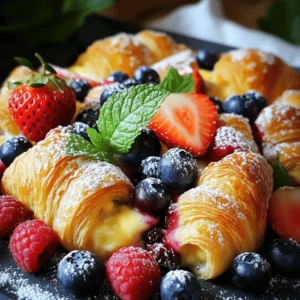 To make a tasty berry croissant bake, you need these main ingredients: - 4 large croissants, torn into bite-sized pieces - 1 cup mixed berries (strawberries, blueberries, raspberries) - 3 large eggs - 1 cup milk - 1/2 cup sugar - 1 teaspoon vanilla extract - 1/2 teaspoon ground cinnamon - 1/4 teaspoon salt - 1 tablespoon butter, for greasing - Powdered sugar, for dusting - Fresh mint leaves, for garnish These ingredients work together to create a sweet and creamy dish. The croissants soak up the egg mixture, making them soft and fluffy. The berries add a burst of flavor and color. You can add some optional ingredients to enhance your bake. Consider these: - A pinch of nutmeg for warmth - Chopped nuts for crunch - A splash of orange juice for zest - Cream cheese for extra creaminess These additions can make your dish unique. Feel free to mix and match based on what you like! If you can't find some ingredients, don't worry. Here are some good substitutes: - Use any bread instead of croissants, like brioche or challah. - Almond milk or oat milk can replace regular milk. - Replace sugar with honey or maple syrup for a different sweetness. - Use vanilla bean paste if you want a richer flavor. These swaps can help you make this dish while using what you have at home. Check out the Full Recipe for more details on how to put it all together. To start, gather your ingredients. You will need: - 4 large croissants, torn into bite-sized pieces - 1 cup mixed berries (strawberries, blueberries, raspberries) - 3 large eggs - 1 cup milk - 1/2 cup sugar - 1 teaspoon vanilla extract - 1/2 teaspoon ground cinnamon - 1/4 teaspoon salt - 1 tablespoon butter, for greasing - Powdered sugar, for dusting - Fresh mint leaves, for garnish First, preheat your oven to 350°F (175°C). While it heats, grease your baking dish with butter. Next, in a large bowl, whisk together the eggs, milk, sugar, vanilla extract, cinnamon, and salt. Mix until smooth. Now, arrange the torn croissant pieces evenly in the greased dish. Scatter the mixed berries over the croissants. This adds color and taste. Pour the egg mixture over the croissants and berries. Ensure all pieces soak well. Press down gently to help the croissants absorb the mixture. Let it sit for about 10 minutes. This step is key for flavor. When your oven is hot, place the dish inside. Bake for 30 to 35 minutes. Look for a golden brown top. The custard should be set. Once baked, take it out and let it cool for a few minutes. This helps with serving. Dust the top with powdered sugar for a sweet finish. Serve your Berry Croissant Bake warm. Garnish with fresh mint leaves for a pop of color. You can also pair it with whipped cream or a scoop of ice cream. This adds a creamy touch. For extra flair, serve it with a side of maple syrup or honey. Enjoy this delightful dish with family or friends! For the complete guide, refer to the Full Recipe. To make your berry croissant bake shine, pay close attention to the soaking. After you pour the egg mixture over the croissants and berries, press down gently. This helps the croissants absorb the milk and egg mixture well. Let it sit for about 10 minutes. This step ensures a soft, custardy texture. One common mistake is not tearing the croissants enough. If the pieces are too big, they won't soak properly. Another mistake is rushing the bake time. Always check for a golden top and a set custard. Trust your oven, and use a toothpick to test for doneness. If it comes out clean, you're ready! For the best taste, serve your berry croissant bake warm. Let it cool for a few minutes after baking. This allows the flavors to meld. You can enjoy it plain or dust it with powdered sugar. Fresh mint leaves add a nice touch, too. If you prefer it cold, that's okay! It tastes great chilled, too. {{image_2}} You can use many kinds of berries in this dish. Strawberries, blueberries, and raspberries mix well. You can also try blackberries or even chopped cherries. Each berry brings its own flavor. The tartness of raspberries pairs nicely with sweet croissants. Blueberries add a juicy burst. When you choose berries, pick ripe ones for the best taste. You can even mix frozen berries if fresh ones are not available. Just remember to thaw and drain them first. If you want a dairy-free or vegan Berry Croissant Bake, it's easy to adjust. Use plant-based milk like almond or oat milk. For the eggs, chia seeds or flaxseeds work great. Mix 1 tablespoon of chia seeds or flaxseeds with 3 tablespoons of water. Let it sit for a few minutes until it thickens. This mix acts like an egg in your bake. You can also find vegan croissants at some stores. Check the labels to be sure they are dairy-free. To make this bake even more special, add some extras. A splash of almond extract can boost the flavor. You might also sprinkle in some chocolate chips for a sweet surprise. Nuts like chopped almonds or pecans add a fun crunch. For a touch of zest, try adding orange or lemon zest. Each of these options brings a new twist to your dish. Feel free to mix and match based on your taste. These small changes can take your Berry Croissant Bake to a whole new level! To store your Berry Croissant Bake, let it cool first. Then, place leftover portions in an airtight container. You can keep it in the fridge for up to three days. This method helps keep the bake fresh and tasty. When you're ready to enjoy leftovers, preheat your oven to 350°F (175°C). Place the Berry Croissant Bake in an oven-safe dish. Cover it with foil to keep it moist. Heat for about 15-20 minutes, or until it's warm throughout. If you want a crisp top, remove the foil for the last few minutes. You can freeze Berry Croissant Bake for later enjoyment. First, cool it completely. Then, cut it into portions and wrap each piece tightly in plastic wrap. Place the wrapped pieces in a freezer-safe bag or container. You can freeze it for up to three months. When you're ready to eat, let it thaw in the fridge overnight, then reheat as described above. This way, you have a quick and tasty treat ready to go! Yes, you can make Berry Croissant Bake ahead of time. Simply prepare it the night before. After you arrange the croissants and berries, pour the egg mixture over them. Cover the dish with plastic wrap and store it in the fridge. In the morning, just bake it as usual. This saves you time and lets the flavors blend well. Berry Croissant Bake pairs well with many dishes. You can serve it with whipped cream or yogurt for added creaminess. Fresh fruit on the side enhances the berry flavor. A drizzle of maple syrup adds sweetness. You could also offer a warm beverage like coffee or tea to complete the meal. Absolutely! Store-bought croissants work great for this recipe. They save you time and still taste delicious. Choose fresh or day-old croissants for the best results. Day-old croissants soak up the egg mixture well, making your bake even tastier. Just tear them into pieces and follow the full recipe. You learned about making a delicious berry croissant bake. We covered key ingredients, step-by-step methods, and helpful tips to ensure success. You can use different berries and even try dairy-free options. Remember to store any leftovers properly so they stay fresh. This dish is perfect for breakfast or brunch with family and friends. Enjoy getting creative in the kitchen. Your berry croissant bake will surely impress everyone!