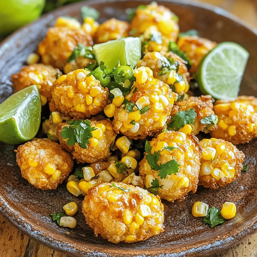 For these Spicy Mexican Corn Bites, fresh ingredients make all the difference. You will need: - 2 cups fresh corn kernels (about 4 ears of corn) - 1 jalapeño, finely chopped (remove seeds for less heat) - 1/4 cup fresh cilantro, chopped The corn gives a sweet crunch. The jalapeño adds heat, while cilantro brings freshness. These ingredients create a vibrant base for your snack. Next, we need some dry ingredients to hold everything together. Gather these: - 1/2 cup all-purpose flour - 2 large eggs - 1/2 cup cotija cheese, crumbled (or feta cheese) - 1 teaspoon cumin powder - 1 teaspoon baking powder - Salt and pepper to taste These ingredients provide structure and flavor. The flour and eggs bind the corn mix. The cheese adds creaminess and a savory touch. Garnishes can elevate your dish even more. Consider these options: - Lime wedges for serving - Extra cilantro for garnish Serving with lime adds a zesty kick. Fresh cilantro on top enhances the look and flavor. Enjoy your Spicy Mexican Corn Bites warm for the best taste. Check the [Full Recipe] for more details on preparation! First, gather all your fresh ingredients. You need 2 cups of corn kernels. That’s about 4 ears of corn. Next, take a large bowl. Add the corn, chopped jalapeño, and cilantro. Stir them gently. In a separate bowl, whisk 2 large eggs. Then, mix in the flour, cotija cheese, cumin, baking powder, salt, and pepper. Combine these until you have a thick batter. Now, fold the corn mixture into the batter. If it feels too dry, add a splash of water. You want a pancake-like consistency. Heat olive oil in a skillet over medium heat. You want enough oil to fry well. Once hot, scoop heaping tablespoons of the corn mixture into the oil. Press them down slightly to make small patties. Fry each side for 3 to 4 minutes. You want them golden brown and crispy. Once done, drain the bites on paper towels to remove extra oil. Serve your bites warm for the best taste. Add lime wedges on the side for squeezing. You can also sprinkle extra cilantro on top for color. These bites are great as a snack or a side dish. For the full recipe, refer back to the section above. Enjoy every tasty bite! To get the best texture, use fresh corn. Frozen corn can work, but it won't taste as good. Make sure to mix the batter well. A thick batter helps keep the corn inside. If the mixture feels too dry, add a splash of water. This keeps the bites moist and fluffy. If you love heat, keep the jalapeño seeds in. They add fiery flavor! For milder bites, remove the seeds. You can also add more spices. Try cayenne pepper or chili powder for extra kick. Taste the batter before frying. This way, you can adjust the heat to your liking. Heat the oil on medium heat. If it’s too hot, the bites burn quickly. If it’s too cold, they soak up too much oil. Use a deep skillet for even cooking. Fry in small batches to avoid crowding. This ensures they cook evenly and get crispy. Drain them on paper towels right after frying. This removes extra oil and keeps them light. {{image_2}} You can easily make Spicy Mexican Corn Bites vegetarian or vegan. For a vegetarian twist, skip the cotija cheese and use a plant-based cheese instead. To make them vegan, replace the eggs with flaxseed meal. Mix one tablespoon of flaxseed with three tablespoons of water and let it sit for five minutes. This mix will bind your ingredients just like eggs. If you have allergies, there are simple swaps you can make. For gluten-free bites, use almond flour or a gluten-free all-purpose flour mix. If you can’t have eggs, use the flaxseed mix mentioned earlier. For dairy allergies, try using nutritional yeast for a cheesy flavor without the cheese. Want to jazz up your bites? Add different herbs or spices. Chopped green onions or bell peppers work well for added taste. For a smoky twist, try adding smoked paprika. You can also mix in black beans for extra protein and a change in texture. Each of these additions will make your bites unique and fun! For the complete recipe, check out the [Full Recipe]. After enjoying Spicy Mexican Corn Bites, store leftovers in an airtight container. Keep them in the fridge. They stay fresh for up to three days. Make sure they cool down first. This helps keep them crispy. If you add toppings, store those separately. To reheat, use a skillet for the best results. Heat over medium heat. Add a small amount of olive oil to keep them crispy. Cook for about 3-4 minutes on each side. You can also use an oven. Preheat to 350°F (175°C) and bake for about 10 minutes. This method helps them regain their crunch. You can freeze these bites if you want to save some for later. Place them on a baking sheet and freeze until solid. Then, transfer them to a freezer bag. They stay good for up to two months. When ready to eat, thaw them in the fridge. Reheat in a skillet or oven for the best taste. Enjoy them like fresh! For the full recipe, check above! You can serve these corn bites with many fun sides. They pair well with salsa. A fresh pico de gallo adds a bright touch. Guacamole is a creamy option that complements the spice. Try serving them with sour cream for a cool contrast. You can also add lime wedges for some zest. These sides make the bites even more delicious. Yes, you can make these bites ahead of time. Prepare the batter and store it in the fridge. This keeps the flavors fresh. You can also cook them in advance. Just let them cool and store in an airtight container. When ready to eat, reheat in a skillet. This will help them stay crispy. Making them ahead saves time and makes entertaining easy. If you can’t find cotija cheese, don't worry! Feta cheese is a great alternative. It has a similar salty taste and crumbly texture. You could also use queso fresco for a milder flavor. Even shredded cheddar works well if you prefer a different taste. Keep in mind, each cheese gives its own unique twist to the dish. This article covered how to make Spicy Mexican Corn Bites from fresh and dry ingredients to serving suggestions. You learned the steps for preparing and cooking, plus tips to get the right texture. Variations let you cater to different diets or tastes. Lastly, we discussed how to store and reheat leftovers. Enjoy these bites with friends and family, and don’t hesitate to experiment with flavors. Trust me, your kitchen will smell great, and everyone will love them!