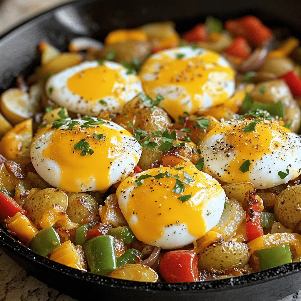 To make a loaded breakfast hash, you need fresh and tasty ingredients. Here’s what you will need: - 2 large russet potatoes, diced - 1 red bell pepper, diced - 1 green bell pepper, diced - 1 small onion, finely chopped - 2 cloves garlic, minced - 4 large eggs - ½ cup shredded cheddar cheese - ½ cup cooked and crumbled breakfast sausage (or plant-based alternative) - 1 tablespoon olive oil - 1 teaspoon smoked paprika - Salt and pepper to taste - Fresh parsley, chopped (for garnish) These ingredients mix well to create a flavorful meal. The russet potatoes give a nice base. The bell peppers add color and crunch. Onions and garlic make everything smell great. Eggs add protein and richness. You can also change some ingredients. For a plant-based dish, use a meat alternative. You can switch cheeses too. Try pepper jack for a spicy kick. You will find this recipe easy to follow and fun to make. Check out the Full Recipe for step-by-step guidance! Start by dicing your russet potatoes. Cut them into small, even pieces. This helps them cook evenly. Heat olive oil in a large skillet over medium heat. Add the diced potatoes to the skillet. Sprinkle salt, pepper, and smoked paprika on top. Cook for about 10 minutes. Stir them occasionally. You want them to start browning and softening. Once your potatoes are ready, add the chopped onion and minced garlic. Stir this mixture and let it cook for 3 to 4 minutes. You should see the onions turn translucent. Next, toss in the diced red and green bell peppers. Cook for another 5 minutes until they are slightly softened. Finally, stir in the cooked breakfast sausage. Heat this through for about one minute. Now, your hash is colorful and full of flavor! Make four small wells in the hash mixture. Crack an egg into each well. This makes a beautiful presentation. Sprinkle the shredded cheddar cheese over everything. If your skillet is oven-safe, move it to the preheated oven at 400°F (200°C). Bake for 8 to 10 minutes. The eggs should be set to your liking. If your skillet isn't safe for the oven, transfer the hash to a baking dish to bake. Once done, take it out and let it cool for a minute. Garnish with fresh parsley before serving. Enjoy this hearty meal! For the complete recipe, check out the Full Recipe. To get the best texture for your hash, start with the right potatoes. I love using russet potatoes because they get crispy on the outside and fluffy inside. Dice them evenly to ensure they cook at the same speed. When cooking, let them sit in the pan without stirring too much. This helps form a nice crust. If you like a softer hash, cook them with a lid for a few minutes. You can easily swap out some ingredients based on what you have. If you don’t have russet potatoes, sweet potatoes work well, too. For the sausage, try turkey sausage or a plant-based option for a lighter dish. Don’t have cheddar cheese? Use feta or pepper jack for a nice twist. Feel free to add other veggies like spinach or zucchini to boost flavor and nutrition. For runny yolks, bake the eggs for about 8 minutes. If you like firmer yolks, leave them in for about 10 minutes. You can also fry the eggs separately and place them on top of the hash. This way, you control their doneness perfectly. Consider adding a splash of hot sauce over the eggs for extra flavor. Visit the Full Recipe for all the details you need to make this dish! {{image_2}} You can easily make a vegetarian or vegan loaded breakfast hash. Start by swapping the breakfast sausage for a plant-based option. Use tofu or tempeh for a protein boost. You can also add more veggies like spinach, mushrooms, or zucchini. This not only adds flavor but makes the dish vibrant and colorful. For a creamy touch, consider using avocado slices on top. If you like heat, add some spice! Toss in jalapeños or diced serrano peppers for a kick. Use spicy sausage or chorizo instead of regular sausage. You can also sprinkle red pepper flakes on top before serving. A drizzle of hot sauce adds even more flavor. This will give your loaded breakfast hash a nice, fiery touch that wakes up your taste buds. Experiment with different meats for your loaded breakfast hash. Try diced ham, bacon, or chorizo for unique tastes. Each meat brings its own flavor profile. For a smoky flavor, use smoked sausage. You can also mix meats for added depth. Just remember to adjust cooking time based on the meat you choose. These variations ensure you never get bored of this dish. For all the details on how to make this dish, check out the Full Recipe. To keep your loaded breakfast hash fresh, let it cool down first. Place leftovers in an airtight container. You can store it in the fridge for up to three days. Make sure to separate the eggs if possible to keep their texture better. When you're ready to eat, reheat your hash on the stove. Use medium heat and add a splash of water to keep it moist. Stir occasionally until it’s hot. You can also use the microwave. Heat it in short bursts, about one minute at a time, stirring in between. If you want to freeze your hash, do this right after it cools. Pack it in a freezer-safe container. You can freeze it for up to three months. To reheat, let it thaw overnight in the fridge. Then, warm it up on the stove. This keeps the flavors fresh and tasty. For the best results, refer to the full recipe. Yes, you can make Loaded Breakfast Hash in advance. Cook it up to the point before adding eggs. Let it cool, then store it in the fridge. When ready, just add the eggs and bake. This saves time on busy mornings. You can serve Loaded Breakfast Hash with many tasty sides. Here are some ideas: - Fresh fruit like berries or bananas - Toast or warm tortillas - A side salad for a crisp bite - Hot sauce or salsa for extra flavor These options add variety and make your meal even more filling. Loaded Breakfast Hash lasts about 3 to 4 days in the fridge. Make sure to store it in an airtight container. When you're ready to eat, just reheat it in the oven or microwave. Enjoy every bite! This article covered a tasty loaded breakfast hash. You learned about the simple ingredients, step-by-step cooking instructions, and helpful tips. You can make many variations, whether you prefer meat or plant-based options. Don't forget about storing leftovers for later meals. In the end, this dish is easy, fun, and great for sharing. Try making it your own and enjoy every bite!