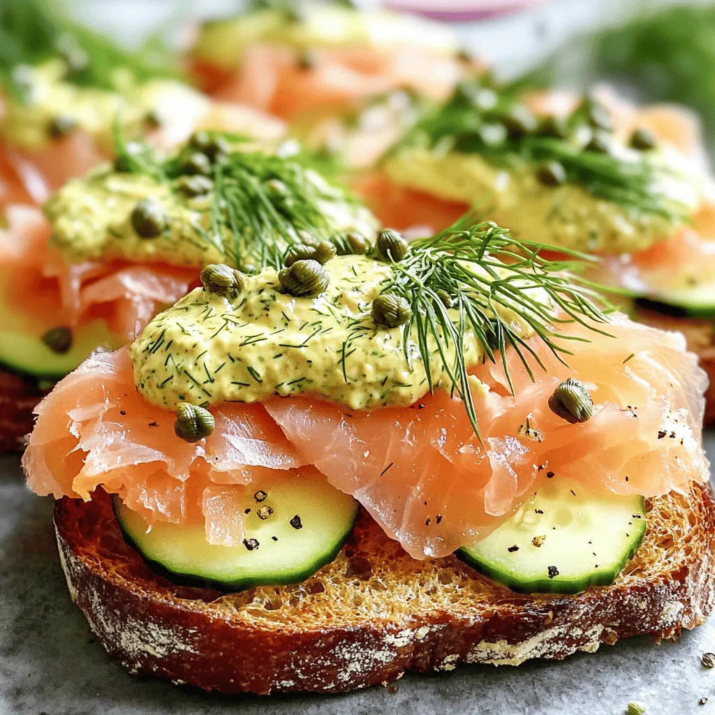 For a perfect Salmon Tartine with Dill Pickle Mustard, gather these simple ingredients: - 2 slices of crusty bread (like sourdough or rye) - 4 oz smoked salmon - 2 tablespoons cream cheese, softened - 1 tablespoon dill pickle mustard (store-bought or homemade) - 1 tablespoon capers, rinsed and drained - Fresh dill, for garnish - Freshly cracked black pepper, to taste You can add these optional toppings to enhance your tartine: - Thinly sliced red onion - Thinly sliced cucumber This dish is not only tasty but also healthy. Each serving offers: - Calories: Approximately 350-400 - Protein: About 20g - Carbohydrates: Roughly 30g - Fat: Around 15-20g These values can change based on your choice of bread and toppings. For the full recipe, check out the details above! To make the salmon tartine, gather your ingredients first. You will need crusty bread, smoked salmon, cream cheese, dill pickle mustard, capers, and fresh dill. This dish comes together fast, so get ready to enjoy a burst of flavor. 1. Toast the Bread: Start by toasting your bread slices. Aim for a golden brown hue. This adds great texture to the dish. 2. Prepare the Base: In a small bowl, mix softened cream cheese and dill pickle mustard. Blend them well. This adds a tangy flavor that pairs well with salmon. 3. Spread the Mixture: Take your toasted bread and spread the cream cheese mix on top. Don’t skimp; be generous! 4. Layer the Salmon: Next, place pieces of smoked salmon on your spread. Arrange them nicely and let them shine. 5. Add Toppings: Sprinkle capers over the salmon. They add a nice briny taste. If you like, add thin slices of red onion or cucumber for a crunch. 6. Garnish: Finish your tartine with fresh dill and a sprinkle of black pepper. This enhances the overall flavor. 7. Serve: Cut the tartines in half for easy eating. Serve them right away while the bread is crispy. Enjoy your salmon tartine as a light lunch or appetizer. Pair it with a simple salad or some fresh fruit for balance. You can also serve it with a glass of crisp white wine for a delightful experience. For the full recipe, check back for all the details! For a great salmon tartine, the bread choice matters. I love using crusty bread like sourdough or rye. These breads have a nice chew and crust that holds up well. Toasting the bread makes it crispy and adds flavor. Aim for a golden brown color for the best taste. Dill pickle mustard adds a tangy kick. You can buy it or make your own. To make your own, mix mustard with finely chopped dill pickles and a bit of pickle juice. This mix creates an amazing flavor. Use it in the tartine for a burst of taste. It pairs perfectly with smoked salmon. If you have leftover ingredients, store them right. Keep the smoked salmon in an airtight container in the fridge. It stays fresh for a few days. For the dill pickle mustard, also use an airtight jar. It can last for weeks in the fridge. When you’re ready to enjoy, just toast more bread. You can whip up another tartine easily. For the best taste, use fresh ingredients. Check out the Full Recipe for more details. {{image_2}} You can switch out the salmon for other proteins. Try smoked trout or tuna for a new taste. These fish have a similar texture and work well with the creamy spread. If you want a rich flavor, go for mackerel. Each option brings its own twist to the tartine. Don’t hesitate to swap ingredients based on the season. In summer, ripe tomatoes or fresh radishes add a nice crunch. In the fall, try roasted beets for a sweet touch. Seasonal veggies enhance your dish while keeping it fresh and exciting. Always look for what’s fresh at your local market to inspire new flavors. For a vegan or dairy-free tartine, use hummus or avocado instead of cream cheese. Both options provide creaminess without dairy. You can also use smoked carrot to mimic the flavor of smoked salmon. This keeps the dish tasty and suitable for everyone. Experiment with different spices to enhance these flavors. For more detailed ideas and tips, check out the Full Recipe. Store any leftover salmon tartine in an airtight container in the fridge. It keeps well for up to two days. The bread may become soggy, so it’s best to keep the toppings separate until you’re ready to eat. When you want a quick snack or meal, just grab the ingredients and assemble a fresh tartine. I do not recommend freezing the salmon tartine. Freezing can change the texture of the smoked salmon and bread. If you have extra smoked salmon, you can freeze it separately for later use. Wrap it tightly in plastic wrap and then place it in a freezer bag. Use it within three months for the best flavor. If you want to enjoy your tartine warm, reheat the bread separately. Toast it lightly to bring back that crunchy texture. Avoid reheating the smoked salmon, as it can dry out. Assemble your tartine fresh and enjoy the flavors. For a quick bite, you can also enjoy it cold straight from the fridge. For the full recipe, check out the Salmon Tartine with Dill Pickle Mustard. If you don’t have dill pickle mustard, you can use regular mustard. Mix it with some chopped pickles or pickle juice for a similar taste. You can also try honey mustard for a sweet twist. This will change the flavor a bit but can still work well. Yes, you can use fresh salmon. Just cook it first, either by poaching or grilling. This will give it a nice texture and flavor. Smoked salmon has a distinct taste, but fresh salmon will still make a great tartine. To make homemade dill pickle mustard, mix 1 tablespoon of yellow mustard with 1 tablespoon of finely chopped dill pickles. You can add a little pickle juice for extra flavor. Taste it, and adjust the amounts to your liking. This simple mix adds a fresh zing to your dishes. In this post, we explored a range of topics, starting with key ingredients and optional toppings. I shared nutritional info to help you make informed choices. The cooking steps were clear, ensuring a great meal. We also discussed tips for selecting the best bread and making dill pickle mustard. Plus, we looked at delicious variations and important storage info. Remember, cooking can be fun and flexible. Use your creativity with flavors and ingredients. Enjoy the process!