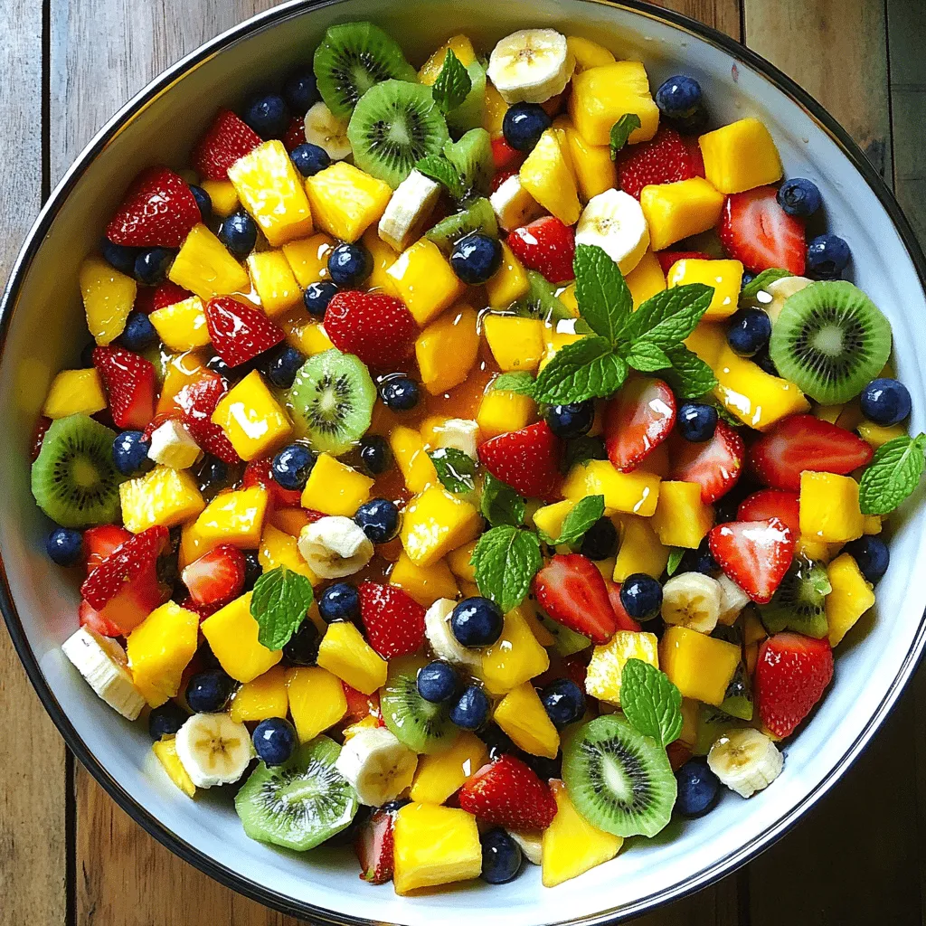 You can use many fruits in breakfast fruit salad. Common choices include: - Pineapple - Mango - Strawberries - Kiwifruit - Blueberries - Banana I love using seasonal fruits. In the summer, berries shine bright. In the fall, apples and pears add crunch. Want creaminess? Add yogurt! Greek yogurt works great. It boosts protein and flavor. For crunch, include nuts or seeds. Almonds, walnuts, or sunflower seeds add texture. They make the salad even more satisfying. I prefer a honey and lime dressing. It adds sweetness and zing. The lime juice helps keep fruit fresh. You can try other dressings too. A splash of orange juice gives a fruity twist. Or mix yogurt with vanilla for a creamy touch. For the full recipe, check out the Tropical Morning Bliss Fruit Salad. Start by washing all your fruit. Rinse them under cold water to remove dirt. Use a clean cutting board and knife. Dice the pineapple and mango into small pieces. Hull and slice the strawberries. Peel and slice the kiwifruit. Lastly, slice the banana. Once you cut all the fruit, arrange them in a large mixing bowl. Place the pineapple first, followed by mango, strawberries, kiwifruit, blueberries, and banana. This keeps your colors bright and inviting. To mix the salad, first, make your dressing. In a small bowl, whisk together honey and fresh lime juice. Pour this mixture over your fruit. Gently toss everything together. Use a spatula or wooden spoon for this. Be careful not to mash the fruit. A gentle touch keeps the fruit intact and fresh. Let the salad sit for about 10 minutes. This allows the flavors to blend nicely. For serving, choose chilled bowls or plates. This adds a refreshing touch to your dish. You can present the fruit salad beautifully by arranging it in a spiral or layered pattern. For a finishing touch, garnish with fresh mint leaves. They add color and a nice aroma. Enjoy your tropical morning bliss fruit salad! This Full Recipe is perfect for any breakfast table. To make your breakfast fruit salad pop, add some zest with citrus peel. A little bit of lemon or lime peel gives a fresh kick. Just use a grater to get fine shavings. This adds a bright flavor that lifts the fruit. You can also use spices like cinnamon or ginger. A sprinkle of cinnamon can warm up the fruit. Ginger adds a nice bite. Just a pinch can change the whole dish. Experiment with these to find your favorite mix! To keep leftovers fresh, store them in an airtight container. This prevents air from getting in. The fruit stays crisp and tasty longer. If you want to keep the fruit vibrant in the salad, avoid cutting too far in advance. Cut the fruit just before serving. You can also add a bit of lime juice to help prevent browning. This keeps everything looking and tasting great. Garnishing can make your fruit salad look more inviting. Fresh mint leaves add a nice touch. You can place them on top or around the bowl. For creative serving ideas, try using clear glasses. Layer the fruit for a colorful display. You can also serve it in a hollowed-out pineapple for fun. These small touches will impress your guests and make your dish memorable! For a full recipe to guide you, check out the Tropical Morning Bliss Fruit Salad. {{image_2}} You can add a fun twist to your breakfast fruit salad by including tropical fruits. Try adding fresh coconut or passion fruit for a burst of flavor. These fruits bring a sweet and tangy taste that makes the salad special. You can mix exotic fruits like dragon fruit or star fruit for a unique salad. These fruits not only taste great but also add color and fun shapes to your dish. To boost the nutrition of your fruit salad, consider adding chia seeds or flaxseeds. These tiny seeds are packed with omega-3 fatty acids and fiber. Just a spoonful can make your salad even better! You can also use low-fat yogurt or kefir instead of honey. This adds creaminess while keeping it healthy. Both options create a tasty and nutritious treat. Adjusting your fruit salad for different seasons is easy and fun. In the summer, use berries and melons for a refreshing dish. In autumn, add apples and pears for a cozy feel. Winter salads can include citrus fruits like oranges and grapefruits. Each season brings new flavors that can make your salad exciting. You can always find fresh fruits to match the time of year. For a full recipe, check out the Tropical Morning Bliss Fruit Salad. To keep your breakfast fruit salad fresh, store it in an airtight container. This method helps to keep moisture in and prevents the fruit from drying out. You can keep it in the fridge for up to three days. However, it’s best to eat it within the first two days for optimal taste and texture. Can you freeze breakfast fruit salad? Yes, but it's not ideal. Freezing can change the fruit's texture. If you still want to freeze it, use fruits that freeze well, like bananas and berries. Cut the fruit into small pieces, and place them in a freezer-safe bag. To thaw, leave it in the fridge overnight. This method helps maintain some of its texture. To bring your fruit salad back to life, add a splash of fresh lime juice before serving. This adds flavor and brightens the fruit. You can also mix in some fresh mint leaves for a refreshing touch. If you have leftover salad, consider adding it to yogurt or blending it into a smoothie for a tasty treat. For the full recipe, check the Tropical Morning Bliss Fruit Salad. You can use a variety of fruits for your salad. Popular choices include: - Pineapple - Mango - Strawberries - Kiwifruit - Blueberries - Bananas These fruits add sweetness and color. I love using seasonal fruits for the best taste. In summer, try peaches or cherries. In winter, citrus fruits like oranges or grapefruits are great. Yes, you can prepare it in advance. Here are some tips: - Cut fruits like apples and bananas just before serving. They brown quickly. - Mix more stable fruits, like berries, and keep them in the fridge. - Store the salad in an airtight container. This keeps it fresh longer. Make your dressing separately and add it just before serving for the best flavor. To prevent browning, use these strategies: - Squeeze fresh lemon or lime juice over cut fruits. The acid slows down oxidation. - Store fruits in cold water with a bit of lemon juice until you're ready to serve. - Keep them in the fridge to slow down the browning process. These tips keep your fruit looking fresh and appetizing. Yes, it is very healthy! Here are some benefits: - Fruits are high in vitamins and minerals. - They provide fiber, which is great for digestion. - Many fruits are low in calories, making them perfect for breakfast. Eating a variety of fruits helps you get different nutrients. This salad is a tasty way to start your day. Making your fruit salad vegan is easy. All fruits are naturally vegan! Here are some substitutions: - Replace honey with maple syrup or agave nectar. - Use coconut yogurt instead of regular yogurt for creaminess. - Avoid nuts if you have nut allergies. You can customize your salad to fit different diets easily. This blog post covered how to make a tasty breakfast fruit salad. We discussed choosing fresh fruits, which add flavor. Optional add-ins, like yogurt and nuts, enhance texture. A simple dressing of honey and lime juice ties it all together. Presentation matters, so serve it beautifully. Use our tips for freshness and unique twists, too. Now, you can create fun fruit salads anytime. Enjoy exploring all the options and flavors!