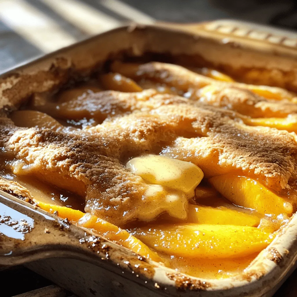 When making the ultimate peach cobbler, fresh and simple ingredients shine. I love using ripe peaches for their sweet flavor. Here’s what you need: - 6 ripe peaches, peeled and sliced - 1 tablespoon lemon juice - 1 teaspoon vanilla extract - 1 cup granulated sugar (divided) - 1 teaspoon ground cinnamon - 1 teaspoon ground nutmeg - 1 cup all-purpose flour - 2 teaspoons baking powder - 1/2 teaspoon salt - 1 cup milk - 1/2 cup unsalted butter, melted Gather these ingredients before starting. Fresh peaches make your cobbler taste amazing. The sugar balances the tartness, while the spices add warmth. The butter and milk create a rich batter. You can find the full recipe [here](#). Start by slicing six ripe peaches. Peeling them makes the dish smooth. In a big bowl, mix the sliced peaches with half a cup of sugar, lemon juice, cinnamon, and vanilla extract. This blend adds a sweet and zesty flavor. Let the peaches marinate for about ten minutes. This step makes the peaches juicy and flavorful. In another bowl, gather your dry ingredients. Combine one cup of all-purpose flour, half a teaspoon of salt, two teaspoons of baking powder, and the remaining half cup of sugar. Whisk them together until they blend well. Next, slowly add one cup of milk to the dry mix. Stir until the batter is smooth and creamy. Now it’s time to build your cobbler! Pour half a cup of melted butter into a 9x13 inch baking dish. Carefully pour the batter over the melted butter. Do not stir! Next, spoon the marinated peaches over the batter. Again, resist the urge to mix. This will create a lovely layered effect. Finally, sprinkle one teaspoon of ground nutmeg over the top for extra flavor. Preheat your oven to 350°F (175°C). Place your cobbler in the oven and bake for 40 to 45 minutes. Keep an eye on it. The top should turn golden brown. A toothpick should come out clean when inserted. Once done, let it cool for a bit before serving. This waiting time helps the flavors settle. For the complete experience, you can check the Full Recipe. To make the best peach cobbler, start with ripe peaches. Look for peaches that feel soft but not mushy. They should smell sweet. A mix of yellow and white peaches adds depth. The yellow peaches are sweet, while the white ones are juicy and fragrant. Achieving a golden brown crust is key. Spread the batter evenly in the baking dish. Pour the melted butter in first, then add the batter. This helps create a crispy layer on the bottom. Bake at 350°F for about 40-45 minutes. Check for a golden top and a clean toothpick. If the crust is not golden, bake for a few more minutes. Serve your peach cobbler warm for the best taste. Ice cream is a classic pairing. Vanilla or cinnamon flavors work great. Whipped cream is another option. Both add creamy richness that complements the warm cobbler perfectly. For a twist, try it with a scoop of yogurt. {{image_2}} You can mix things up by using other fruits. Blueberries, apples, or mixed berries work well. Each fruit brings its unique taste to the cobbler. Blueberries add a sweet burst. Apples give a nice crunch. Mixed berries offer a blend of flavors. You just need to adjust the sugar based on the fruit's sweetness. If you want a healthier peach cobbler, try gluten-free and reduced-sugar versions. Use almond flour or oat flour instead of all-purpose flour. For sugar, consider using honey or stevia. These swaps keep the dish tasty while making it lighter. You can still enjoy a great dessert without the guilt. Adding spices or extracts can boost the flavor. A dash of almond extract gives a nice nutty taste. Ginger adds warmth and depth. You can also try cinnamon or nutmeg for a cozy feel. These simple tweaks make your cobbler even more special. Don’t be afraid to experiment; find what you like best! To store your peach cobbler, let it cool first. Cover it well with plastic wrap or foil. This keeps it fresh and moist. Place it in the fridge for up to five days. When you're ready to enjoy it, simply reheat in the oven or microwave. You can freeze peach cobbler for later. First, let it cool completely. Cut it into pieces and wrap each piece in plastic wrap. Then, put them in a freezer-safe bag. This way, they stay fresh for up to three months. To reheat, thaw in the fridge overnight. Bake at 350°F (175°C) until warm. Homemade peach cobbler lasts about five days in the fridge. If frozen, it keeps for around three months. Always check for signs of spoilage. If it looks or smells off, it's best to toss it. Enjoy your peach cobbler fresh for the best taste! Yes, you can prepare this cobbler ahead of time. To do this, follow these steps: - Make the peach filling and batter as directed. - Pour the batter into the baking dish and add the peaches. - Cover the dish with plastic wrap or foil. - Store it in the fridge for up to 24 hours. When you are ready to bake, just remove the wrap and pop it in the oven. Reheating peach cobbler is easy. Here are my best tips: - Preheat your oven to 350°F (175°C). - Place the cobbler in an oven-safe dish. - Cover it loosely with aluminum foil. - Bake for about 15-20 minutes, or until warm. This method keeps the topping nice and crisp while warming the filling. Yes, canned peaches work in this recipe. Here are some adjustments: - Drain the canned peaches well to reduce excess liquid. - Use about 2 cans of sliced peaches for the recipe. - You may want to cut back on the sugar since canned peaches are often sweet. Using canned peaches can save time and still taste great. Peach cobbler is a simple and delicious dessert. We started with fresh peaches, added dry ingredients, and created a rich batter. I shared tips for perfecting your cobbler, as well as variations with different fruits. Proper storage ensures your dessert stays fresh. Remember, this recipe is flexible, allowing you to explore flavors and make it your own. Enjoy making this sweet treat!