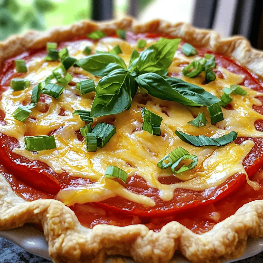 - 1 pre-made pie crust - 4 large ripe tomatoes, sliced - 1 cup shredded mozzarella cheese - 1 cup shredded sharp cheddar cheese - 1/2 cup mayonnaise - 1 tablespoon Dijon mustard - 1/4 cup fresh basil, chopped - 1 teaspoon garlic powder - Salt and pepper to taste - 1/4 cup green onions, chopped To make Paula Deen's Tomato Pie, you need fresh ingredients. The tomatoes are the star. Make sure they are ripe and juicy. They bring great flavor to the dish. The mozzarella and cheddar cheeses add creaminess and depth. Mayonnaise and Dijon mustard create a rich sauce. Fresh basil gives a lovely aroma. Garlic powder adds an extra kick. You can change a few ingredients if needed. For the cheeses, try gouda or pepper jack for a twist. If you want a gluten-free option, use a gluten-free pie crust. This keeps the dish yummy while fitting your diet. When choosing tomatoes, look for beefsteak or heirloom varieties. These types are juicy and flavorful. The best time for fresh tomatoes is late summer. You will find them at local markets. For basil, spring and summer are prime. Always pick bright green, fragrant leaves for the best taste. For the full recipe, check out the Heavenly Southern Tomato Pie. It's a delightful dish to enjoy! - Preheat your oven to 375°F (190°C). - Line a pie dish with the pre-made pie crust. Press it into the corners. Prick the bottom with a fork. This helps prevent bubbling. - In a bowl, mix mayonnaise, Dijon mustard, garlic powder, and half of the chopped basil. Stir until creamy. - For the first layer, place half of the sliced tomatoes in the pie crust. Season with salt and pepper. - Spread half of the mayonnaise mixture over the tomatoes. Then, add half of the mozzarella and cheddar cheeses. - For the second layer, repeat with the remaining tomatoes, seasoning, and mayonnaise mixture. Top with the rest of the cheeses. - Bake in the preheated oven for 35-40 minutes. Look for bubbling and a golden-brown top. - Let the pie cool for 10 minutes before slicing and serving. This helps the layers set. Enjoy making Paula Deen's Tomato Pie with these clear steps. You can find the full recipe along with tips for perfecting this dish! To get the pie crust just right, start with a good pre-made pie crust. You can also make your own if you prefer. Make sure to press it into the dish firmly. Prick the bottom with a fork. This helps keep it from bubbling up. For a flaky crust, chill it for 15 minutes before baking. Keep it cool when you add the filling. When layering the ingredients, think about balance. Start with a layer of tomatoes. Be sure to season them with salt and pepper. This brings out their natural sweetness. Spread half of the creamy mayonnaise mix over them. Then add a mix of mozzarella and cheddar cheese. Repeat this process to build height and flavor. Tomato pie shines when served with fresh sides. A light salad with greens and vinaigrette pairs well. You can also serve it with roasted veggies. For garnish, sprinkle fresh basil on top before serving. This adds color and a fresh taste. Arrange slices on a colorful plate to impress your guests. One common mistake is overcooking the pie. Keep an eye on it while it bakes. The top should be golden brown, but not burned. If you overbake it, the filling can become too dry. Using unripe tomatoes is another mistake. Always choose ripe, juicy tomatoes for the best flavor. Look for tomatoes that are slightly soft to the touch. They should also have a deep color. This ensures your pie is both tasty and juicy. For more details, check the Full Recipe for Paula Deen's Tomato Pie. {{image_2}} Southern tomato pie shines with its rich flavors. In the South, we often add ingredients like corn or bell peppers. These add sweetness and crunch. You can also use different types of cheese. Try pepper jack for a spicy kick or goat cheese for creaminess. Each region has its twist, making this dish unique. If you want a vegetarian option, simply skip the meat. Instead, add more veggies like zucchini or mushrooms. You can boost flavor with herbs such as thyme or oregano. For those on a keto diet, swap regular crust for a cauliflower crust. Use cream cheese instead of mayonnaise for a low-carb twist. Want to enhance the taste? Add crispy bacon for a smoky touch. Spinach gives a healthy boost and pairs well with tomatoes. You can also try spices like paprika or cayenne for heat. A sprinkle of fresh herbs like parsley or chives adds a pop of color and flavor. These little changes make a big difference in taste! For the full recipe, check out the detailed steps I shared earlier. To keep your tomato pie fresh, store it in the fridge. Place it in an airtight container. This helps keep moisture in and prevents it from drying out. If you don't have a container, cover it tightly with plastic wrap or foil. This will protect the flavors and keep it tasty. When reheating your tomato pie, use the oven. Preheat it to 350°F (175°C). Place the pie on a baking sheet. Heat it for about 15-20 minutes. This method warms the pie evenly and keeps the crust crisp. You can also cover it with foil to keep moisture in. Be sure to check it so it doesn't overcook! To freeze tomato pie before cooking, wrap it tightly in plastic wrap. Then, place it in a freezer bag or container. This will help prevent freezer burn. When ready to cook, move it to the fridge to thaw overnight. Once thawed, bake it as directed in the Full Recipe. Enjoy the fresh flavors just like when you first made it! Can I make this dish in advance? Yes, you can make tomato pie ahead of time. Prepare it, then cover and chill. Bake it later. Serve it warm for the best taste. What can I serve with tomato pie? Tomato pie pairs well with a side salad or coleslaw. You can also enjoy it with grilled veggies or crusty bread. These sides balance the flavors perfectly. What is traditional tomato pie? Traditional tomato pie is a savory dish made with fresh tomatoes and cheese. It often includes herbs and a creamy base. The combination creates a rich, delicious flavor. How long does homemade tomato pie last? Homemade tomato pie lasts about three to four days in the fridge. Store it in an airtight container. Reheat it when ready to serve. Can I use fresh herbs for added flavor? Yes, fresh herbs add great flavor. Basil is a classic choice. You can also try thyme or oregano for a twist. What is the best way to slice tomatoes for this recipe? Slice tomatoes about 1/4 inch thick. This thickness allows them to cook well without becoming mushy. Keep the slices even for a nice look and texture. In this blog post, I shared a simple and tasty tomato pie recipe. I covered ingredients, preparation steps, and tips to help you succeed. You learned about variations and how to store leftovers. Remember, using ripe tomatoes and the right cheese makes all the difference. Don't be afraid to add your twist for flavor. Enjoy your cooking and savor every bite of homemade tomato pie!