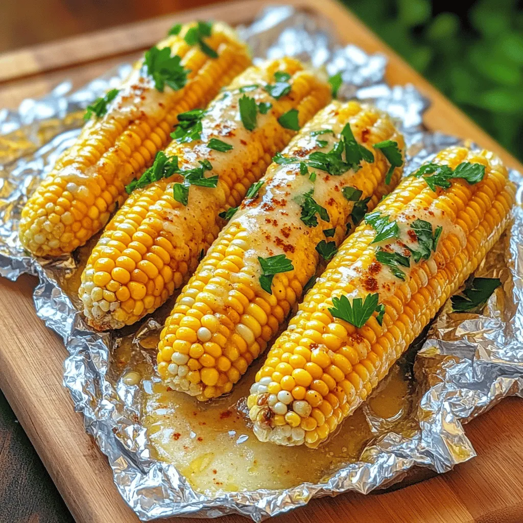 For this tasty dish, you need: - 4 ears of fresh corn, husked - 1/2 cup unsalted butter, softened - 4 cloves garlic, minced - 2 tablespoons fresh parsley, chopped - 1 teaspoon smoked paprika - 1 teaspoon salt - 1/2 teaspoon black pepper - Aluminum foil These ingredients create a rich flavor that makes the corn shine. The garlic butter adds a lovely touch to the sweet corn. You can customize your corn by adding extra ingredients. Here are some ideas: - Crushed red pepper flakes for heat - Cheese, like Parmesan or feta, for creaminess - Lemon juice for a bright twist Feel free to mix and match based on your taste. These add-ins can bring new life to the recipe. To make this dish, you will need: - A baking sheet or oven rack - A small mixing bowl - A sharp knife for husking the corn - A spoon or spatula for mixing Having the right tools makes the cooking process smoother. With these ingredients and equipment, you are ready to enjoy oven-roasted corn in foil with garlic butter. For the full recipe, check the main article. Start by husking the corn. Remove all the green leaves and silk strands. This step is key for a great taste. Make sure you have clean ears of corn. Rinse them under cool water to wash away any dirt. Pat them dry with a towel. Set your corn aside while you prepare the garlic butter. In a small bowl, combine the softened butter and minced garlic. Use a fork to mix them well. Add in the chopped parsley for a fresh taste. Next, sprinkle in the smoked paprika, salt, and black pepper. Stir the mixture until it’s smooth and creamy. This garlic butter is the magic that makes the corn so tasty! Take a large piece of aluminum foil for each ear of corn. Lay the corn in the center of the foil. Use a spoon to spread a generous amount of the garlic butter over the corn. Make sure every side is coated. After that, fold the foil tightly around the corn. This keeps the steam in while it cooks. Place the wrapped corn on an oven rack or a baking sheet. Roast it in the oven at 400°F for 25-30 minutes. The corn should be tender and smell amazing. When it’s ready, unwrap the foil carefully. Watch out for the hot steam! Serve the corn warm, drizzling any leftover garlic butter over the top. Enjoy this delicious treat! For the complete recipe, check out the [Full Recipe]. To make the best garlic butter, start with soft butter. Use a small bowl to mix it. Add minced garlic, chopped parsley, smoked paprika, salt, and black pepper. Stir until smooth. This step is key. You want a great balance of flavors. Feel free to get creative with your seasonings. Try adding a squeeze of lemon juice for brightness. You can also use chili powder for a spicy kick. Don’t forget about cheese. A sprinkle of Parmesan or feta works wonders. These tweaks can make your corn even better. Roasting corn in foil traps steam. This keeps it tender and juicy. Make sure to fold the foil tightly. This prevents the steam from escaping. Roast the corn for 25 to 30 minutes. Check for tenderness by piercing it with a fork. If it feels soft, it’s ready! Enjoy this easy and tasty dish from the Full Recipe. {{image_2}} You can change the taste of oven-roasted corn in foil easily. Try adding lime juice for a zesty kick. A sprinkle of chili powder adds heat and excitement. You can swap garlic butter for herb butter, too. Mixing in basil or cilantro gives a fresh twist. For a cheesy touch, sprinkle grated Parmesan before wrapping. Your corn can become a new dish with these ideas. This oven-roasted corn recipe is naturally gluten-free. All ingredients are safe for those avoiding gluten. Just ensure your butter is pure and free from additives. If you want extra flavor, use gluten-free seasoning mixes. You can add fresh herbs like thyme or dill for even more taste. Enjoy your corn worry-free! The recipe is vegetarian, making it perfect for all diets. You can keep it simple with the classic garlic butter. For a vegan twist, use vegan butter instead. Try adding nutritional yeast for a cheesy flavor without dairy. You can also mix in different veggies, like bell peppers or zucchini, for a colorful side. This way, you can enjoy a hearty dish full of flavor and nutrients. After enjoying your oven-roasted corn, store any leftovers in the fridge. Place the corn in an airtight container. This keeps the corn fresh and tasty. You can also wrap it tightly in plastic wrap. Store it in the fridge for up to three days. To reheat your corn, use the oven for the best results. Preheat your oven to 350°F (175°C). Wrap the corn in foil to keep it moist. Heat for about 10-15 minutes. You can also use the microwave. Place the corn on a plate and cover it with a damp paper towel. Heat in short bursts of 30 seconds, checking until warm. If you want to save corn for later, freezing is a great option. First, cook the corn as per the recipe. Let it cool completely before freezing. Wrap each ear in plastic wrap and place them in a freezer bag. This way, they stay fresh for up to six months. When you’re ready to use, thaw them in the fridge overnight before reheating. For a quick fix, you can also toss them in hot water for a few minutes. Enjoy your corn later with ease! Roast corn in foil for 25 to 30 minutes. This time gives the corn a tender bite. Make sure your oven is preheated to 400°F (200°C) for best results. Check the corn after 25 minutes. If it is not tender, roast for another 5 minutes. Using frozen corn is not ideal for this recipe. Fresh corn gives the best taste and texture. Frozen corn may not cook evenly in the oven. If you must use frozen corn, thaw it first. Then, follow the same steps to wrap and roast. You can use many herbs in garlic butter. Basil, cilantro, or dill work great. Each herb adds a unique flavor twist. For a spicy kick, try adding some red pepper flakes. Mix and match herbs to find your favorite blend. Enjoy experimenting with flavors! In this blog post, we covered key ingredients and equipment for roasting corn. I shared step-by-step instructions for prepping, making garlic butter, and roasting the corn. Tips on perfecting flavor and best practices were included, along with fun variations and storage info. Roasting corn is easy and fun. Explore flavors and ways to enjoy this dish, even with leftovers. Try your favorite seasonings to make it your own. Enjoy great corn today!