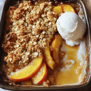 To make this peach crisp, gather the following fresh ingredients: - 4 ripe peaches, sliced - 1 tablespoon lemon juice - 1/2 cup granulated sugar, divided - 1 cup rolled oats - 1/2 cup all-purpose flour - 1/2 teaspoon cinnamon - 1/4 teaspoon salt - 1/2 cup cold unsalted butter, cubed - 1/4 cup brown sugar - Vanilla ice cream (for serving, optional) These ingredients create a sweet and tart mix that sings summer. The peaches soften as they bake, while the topping becomes crunchy. For this recipe, you will need some handy tools: - 8x8-inch baking dish - Large mixing bowls - Measuring cups and spoons - A pastry cutter or your fingers to mix the butter into the dry ingredients - Oven mitts for safe handling Having the right tools makes cooking easier and more fun. If you do not have all the ingredients, here are some swaps you can try: - Use nectarines instead of peaches for a different flavor. - Swap lemon juice with lime juice if needed. - Replace all-purpose flour with almond flour for a gluten-free option. - Use coconut oil instead of butter for a dairy-free version. These substitutions can help you make this dessert with what you have on hand. The Full Recipe provides all the details to guide you through. Start by washing your peaches well. Slice them into thin wedges. You can leave the skin on for added texture. In a large bowl, add the sliced peaches. Pour in the lemon juice and sprinkle 1/4 cup of granulated sugar over them. Toss everything gently to coat. Let the mix sit for about 15 minutes. This step helps the peaches soften and release their juices. In another bowl, combine the rolled oats, flour, remaining granulated sugar, cinnamon, and salt. Mix these dry ingredients well. Now, add the cold, cubed butter to this mix. Use your fingers or a pastry cutter to blend the butter. Keep mixing until the mixture looks like coarse crumbs. This will give your crisp that nice crumbly texture. Preheat your oven to 350°F (175°C). Take an 8x8-inch baking dish and spread the peach mixture evenly in the bottom. Next, sprinkle the oat mixture over the peaches, making sure it covers them well. Then, evenly add the brown sugar on top of the oats. Bake everything in the oven for 30-35 minutes. Your crisp is ready when the topping is golden brown and the peaches start to bubble. Remove it from the oven and let it cool a little before serving. You can enjoy it warm or top it with vanilla ice cream for a special treat. For the Full Recipe, check the earlier section. To get a great texture, use ripe peaches. They should feel slightly soft. Adding lemon juice helps brighten the flavor and keeps the peaches fresh. When mixing the topping, make sure the butter is cold. This helps create that nice, crunchy topping. Mix the butter with the dry ingredients until it looks like coarse crumbs. This is key for a good crisp. Serving your peach crisp warm is the best way to enjoy it. A scoop of vanilla ice cream melts perfectly on top. The cold ice cream mixes well with the warm fruit and topping. For a twist, try adding a sprinkle of nuts on top before baking. This gives a nice crunch and adds flavor. One common mistake is using unripe peaches. They won't have the sweet flavor you want. Another mistake is overmixing the topping. You want some chunks of butter for a crunchy texture. Lastly, don’t skip letting the crisp cool slightly before serving. This helps the layers set and makes it easier to serve. Follow these tips, and you'll have a peach crisp that everyone loves! {{image_2}} You can easily make this peach crisp gluten-free. Just swap the all-purpose flour with gluten-free flour. Many brands offer great options that work well in baking. You can also check for oats that are labeled gluten-free. This small change keeps the dish tasty and safe for those with gluten issues. Want to add some crunch? Try mixing in chopped nuts like walnuts or almonds. They add a nice texture and taste. You could also toss in other fruits. Berries, apples, or pears blend well with peaches. This way, you create your own unique twist on the classic recipe. Flavoring can take your peach crisp to the next level. Consider adding a splash of almond extract for a nutty taste. You could also sprinkle in some ginger or nutmeg for warmth. Even a bit of citrus zest works wonders. These flavors enhance the sweetness of the peaches and elevate the dish overall. Try these variations to make the simple peach crisp your own and enjoy it even more! Check out the Full Recipe for more guidance. To keep your peach crisp fresh, store it in an airtight container. Let it cool down first. Place it in the fridge if you have leftovers. It will stay good for up to five days. When you're ready to enjoy your peach crisp again, preheat your oven to 350°F (175°C). Place the crisp in an oven-safe dish. Reheat for about 15-20 minutes. This helps the topping stay crisp. You can also microwave it for a quicker option. Heat it in 30-second bursts until warm. If you want to save it for later, freezing is a great option. First, let the crisp cool completely. Then, wrap it tightly in plastic wrap. Place it in a freezer-safe container or bag. It can last for up to three months. When you are ready to eat it, thaw it in the fridge overnight. Reheat it as explained earlier. Enjoy your peach crisp at any time! For the complete recipe, check out Full Recipe. Yes, you can use frozen peaches. Just thaw them first and drain any extra liquid. This will keep your crisp from becoming too soggy. The flavor will still be great, but fresh peaches give the best taste and texture. To ripen peaches fast, place them in a paper bag. Add an apple or banana to speed up the process. The gases from these fruits help peaches ripen faster. Check them daily. Once soft, enjoy your peaches in this recipe! Absolutely! You can double the recipe. Just use a larger baking dish. Make sure to adjust the baking time. Check for doneness by looking for a golden top and bubbly peaches. This simple peach crisp will please a crowd! For the full recipe, follow the steps above. This blog post covered everything you need to make a great peach crisp. We talked about the main ingredients and tools, plus how to prep and bake your dish. I gave tips on texture and delicious ways to serve it. You also learned about variations and storage methods. Peach crisp is simple and fun to make. Try new flavors or share with friends. Enjoy your cooking!