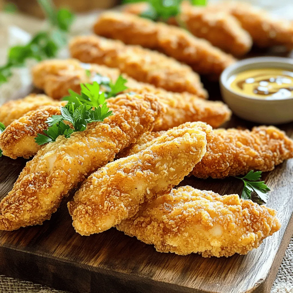 - 1 lb boneless, skinless chicken breasts - 1 cup buttermilk - 1 cup all-purpose flour - 1 cup panko breadcrumbs - 1 tsp garlic powder - 1 tsp onion powder - 1 tsp paprika - 1/2 tsp cayenne pepper - Salt and pepper to taste - Vegetable oil for frying Gather these ingredients for crispy homemade chicken tenders. You start with boneless, skinless chicken breasts. Cut them into strips. Buttermilk makes the chicken tender and adds flavor. The flour and panko breadcrumbs create a crunchy outer layer. Next, the seasoning components give the chicken flavor. Garlic powder, onion powder, and paprika add depth. Cayenne pepper gives a kick, but you can adjust its amount. Salt and pepper enhance all flavors. Finally, you need vegetable oil for frying. It helps achieve that golden brown color. This full recipe gives you a delicious meal that is easy to make. To start, you need to marinate the chicken strips. Take your boneless, skinless chicken breasts and cut them into strips. Then, place them in a large bowl. Pour in 1 cup of buttermilk and mix well. The buttermilk helps tenderize the chicken. Let the chicken sit in the fridge for at least 30 minutes. This step is key for juicy, flavorful tenders. Next, prepare your breading stations. In a separate bowl, mix together 1 cup of all-purpose flour with the seasonings. Add 1 teaspoon of garlic powder, 1 teaspoon of onion powder, 1 teaspoon of paprika, and half a teaspoon of cayenne pepper. Season with salt and pepper to taste. Stir until it’s well combined. Now, set up your panko breadcrumb station. Pour 1 cup of panko breadcrumbs into another bowl. This will give your chicken tenders that delightful crunch. It’s time to cook! Heat vegetable oil in a large skillet over medium-high heat. You'll want it hot but not smoking. To test the oil, drop in a breadcrumb. If it sizzles, you're ready to go. Take the marinated chicken out of the buttermilk. Let the excess liquid drip off. First, dredge each strip in the seasoned flour. Shake off any extra flour. Then, dip each strip in the panko breadcrumbs. Press gently to make sure the crumbs stick well. Fry the chicken tenders in batches to avoid overcrowding the pan. Cook each side for about 3-4 minutes. Look for a golden brown color and a crispy texture. When flipping, use tongs to handle the strips carefully. Once they are cooked, remove the tenders from the skillet. Place them on a plate lined with paper towels to soak up the extra oil. This step helps keep them crispy. Enjoy your crispy homemade chicken tenders! For the full recipe, check the previous section. To get that perfect crunch, marinating time matters. I suggest at least 30 minutes in buttermilk. This time helps tenderize the meat and adds great flavor. The best frying temperature is key too. Heat the oil to medium-high heat, around 350°F. If it's too cool, the chicken will soak up oil. Too hot, and it will burn before cooking through. For dipping sauces, I love honey mustard and ranch. They add a nice kick to the crispy chicken. You can also try barbecue sauce for a smoky taste. Pair your chicken tenders with fries for a classic combo. A fresh salad works well too, adding a nice crunch and balance. If you want a healthier option, baking chicken tenders is easy. Preheat your oven to 400°F. Place the breaded chicken on a baking sheet with parchment paper. Bake for about 20-25 minutes, flipping halfway through. An air fryer is another great choice. It cooks the chicken evenly and gives a nice crisp without too much oil. Just set it to 400°F and cook for 10-12 minutes. You get great flavor with less fat. {{image_2}} To make spicy chicken tenders, you can change the seasoning. Add more cayenne pepper or use hot sauce. You can also mix in chili powder or crushed red pepper. These changes bring a bold taste. You’ll feel the heat with every bite. Adjust the spice to fit your taste. This way, you can enjoy a kick without it being too much for you. For a gluten-free version, swap out the flour and breadcrumbs. Use almond flour or coconut flour instead. For the breadcrumbs, try gluten-free panko or crushed cornflakes. These swaps still give a nice crunch. The flavor remains rich and satisfying. Your gluten-free friends will love this option. It's a great way to share tasty chicken tenders with everyone. You can add different seasonings or herbs for unique flavors. Try mixing in Italian seasoning, lemon zest, or fresh parsley. These additions brighten up the dish. You could also use smoked paprika for a deeper flavor. Experiment with what you like best. Customizing your chicken tenders makes them even more fun to eat. For the full recipe, check out the complete guide above. To keep your chicken tenders fresh, place them in an airtight container. Let them cool completely before sealing. Store them in the fridge for up to three days. If you want to keep them longer, freezing is a great option. To reheat your chicken tenders, use an oven or air fryer. Preheat your oven to 375°F (190°C) for ten minutes. Place the tenders on a baking sheet. Bake for about ten minutes, or until they’re hot and crispy. An air fryer works well too; set it to 350°F (175°C) for five to seven minutes. For freezing, separate your chicken tenders into uncooked and cooked. For uncooked tenders, freeze them on a baking sheet first. Once frozen, transfer them to a freezer bag for up to three months. For cooked tenders, allow them to cool, then place them in a freezer-safe container. They’ll last for about two months in the freezer. I recommend marinating chicken for at least 30 minutes. This time helps the chicken soak up the buttermilk. It makes the meat tender and adds flavor. If you have more time, marinating for up to 2 hours is even better. Just keep the chicken in the fridge while it soaks. Yes, you can use regular breadcrumbs. However, panko breadcrumbs give a lighter, crispier texture. They are larger and coarser than regular breadcrumbs. This means they fry up crunchier. If you use regular breadcrumbs, your tenders may not be as crispy. Many sauces pair perfectly with chicken tenders. Here are some popular options: - Honey mustard - Ranch dressing - Barbecue sauce - Buffalo sauce - Ketchup You can try different sauces to find your favorite. Each one adds a unique flavor to the tenders. For the full recipe, check out the complete guide to making crispy homemade chicken tenders. This article covered how to make delicious chicken tenders from scratch. You learned about the key ingredients, step-by-step cooking methods, and handy tips for crispy results. We also explored variations to suit different tastes and dietary needs. Remember, properly marinating and frying makes a big difference. Keep these tips in mind for tasty meals that everyone will love. Enjoy your cooking and feel free to experiment with flavors!