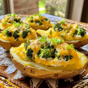 - 4 large russet potatoes - 1 cup broccoli florets, steamed and chopped - 1 cup sharp cheddar cheese, grated - 1/2 cup cream cheese, softened - 1/4 cup sour cream - 2 tablespoons butter, melted - 2 green onions, finely chopped - Salt and pepper to taste - Paprika for topping (optional) - Oven - Baking sheet - Mixing bowl - Fork - Knife To make delicious broccoli and cheddar twice-baked potatoes, gather your ingredients first. The russet potatoes create a fluffy base. Broccoli adds color and nutrients. Sharp cheddar cheese gives a rich flavor that everyone loves. Cream cheese and sour cream make the filling creamy and smooth. Butter adds richness, while green onions bring a fresh kick. Don't forget salt and pepper for taste. For equipment, you need an oven and a baking sheet. A mixing bowl helps combine the filling. A fork is essential for poking holes in the potatoes. A knife will help you cut them open. Once you have everything ready, you can bring this delightful dish to life. Each bite offers comfort and joy, making it perfect for any meal. You can find the Full Recipe above if you're ready to start cooking! 1. Preheat your oven to 400°F (200°C). 2. Scrub the russet potatoes and poke holes all over with a fork. This helps steam escape. 3. Bake the potatoes for 45-55 minutes until tender. You can check by poking with a fork. 4. Let them cool for 10 minutes. Then, cut in half and scoop out the insides into a bowl. 5. Combine scooped potato flesh with broccoli, cheeses, sour cream, butter, and seasonings. Mix well until creamy. 6. Spoon the mixture back into the potato skins. Top with paprika if desired for extra flavor. 7. Bake for an additional 15 minutes until heated through and the tops are golden. This simple method makes Broccoli and Cheddar Twice-Baked Potatoes a joy to prepare and eat. Enjoy every bite of this comforting dish! - Use freshly steamed broccoli for better flavor. The taste is bright and fresh. - Adjust seasoning to taste and experiment with different cheese types. A mix can surprise you. - Serve on a decorative platter with extra green onions for color. It makes the dish pop. - Garnish with additional cheese for a gourmet look. A little extra cheese never hurts! - Prepare potatoes in advance and reheat before serving. This cuts down on cooking time. - Use a microwave to steam broccoli for a quicker option. It’s fast and keeps the crunch. {{image_2}} You can switch up the cheese. Try mozzarella for a milder taste or pepper jack for heat. Greek yogurt is a great swap for sour cream. It adds creaminess and cuts some calories. Want to make your potatoes more savory? Add cooked bacon bits. They bring a nice, crunchy texture. You can also mix in other veggies like spinach or bell peppers for more color and flavor. If you're vegan, use plant-based cheese and sour cream. This keeps the dish creamy and delicious. For gluten-free options, choose non-starchy potatoes. They work well with the same fillings without gluten. Store any leftover broccoli and cheddar twice-baked potatoes in an airtight container. They will stay fresh in the refrigerator for up to 3 days. To keep them tasty, avoid leaving them out at room temperature. You can freeze these potatoes before the second bake. Wrap each potato tightly in foil or plastic wrap. This keeps them from getting freezer burn. When you’re ready to enjoy them, simply thaw in the fridge overnight. Then, reheat them in the oven for the best results. To reheat, place the potatoes in a preheated oven. This helps keep the texture nice and fluffy. You can also use a microwave if you're in a hurry. Just keep in mind that the potatoes may become softer in the microwave. For the best taste, stick with the oven method whenever you can. Yes, you can prepare them in advance and simply bake before serving. This way, you save time on busy days. Just store the stuffed potatoes in the fridge. When you are ready, bake them until hot. Ensure you add enough cream cheese and sour cream to keep the mixture creamy. These ingredients help create a luscious texture. You can also add a little milk if needed. Serve with a fresh salad or some grilled vegetables for a balanced meal. A light vinaigrette works great with the creamy potatoes. You can also enjoy them with a protein, like grilled chicken. You can find the Full Recipe for Cheesy Broccoli Bliss Twice-Baked Potatoes in this article. These cheesy broccoli twice-baked potatoes are easy and fun to make. You prep russet potatoes, fill them with tasty stuffing, and bake them to perfection. Vary ingredients to fit your taste or health goals. Store leftovers well for quick meals later. This dish is sure to please everyone at the table. Try it today for a comforting, cheesy delight.