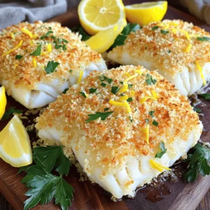 - Cod fillets - Parmesan cheese - Panko breadcrumbs - Lemon zest - Fresh parsley - Olive oil - Garlic powder - Onion powder - Salt and pepper - Lemon wedges When preparing Parmesan crusted baked cod, it's crucial to gather fresh and high-quality ingredients. The cod fillets serve as a light and flaky base. Parmesan cheese adds a rich, salty flavor that pairs well with the fish. Panko breadcrumbs give a delightful crunch to the crust. Fresh lemon zest brightens the dish, while parsley adds color. Olive oil helps the crust stick and enhances flavor. Garlic and onion powders provide depth. Seasoning with salt and pepper ensures the fish shines. Lastly, lemon wedges offer a fresh burst when served. - Alternative fish options: You can use tilapia, haddock, or halibut in place of cod. These fish have similar textures and flavors, making them great alternatives. - Gluten-free breadcrumbs: If you need a gluten-free option, look for gluten-free panko or crushed cornflakes. Both work well for achieving that crispy crust. - Dairy-free cheese options: For a dairy-free version, try using a vegan Parmesan or nutritional yeast. This keeps the flavor while catering to dietary needs. - Baking sheet: A sturdy baking sheet ensures even cooking and easy cleanup. - Parchment paper: Line the baking sheet with parchment to prevent sticking and make cleanup a breeze. - Mixing bowl: Use a large bowl to combine all dry ingredients thoroughly. - Kitchen brush: A kitchen brush helps you apply olive oil evenly on the cod fillets, ensuring a great crust. With these ingredients and tools, you're set to create a delicious and simple Parmesan crusted baked cod. Don't forget to check the full recipe to guide you through the cooking process! - Preheat your oven to 400°F (200°C). - Line a baking sheet with parchment paper. - In a bowl, mix together: - 1 cup grated Parmesan cheese - 1/2 cup panko breadcrumbs - 1 tablespoon lemon zest - 2 tablespoons fresh parsley, chopped - 1 teaspoon garlic powder - 1 teaspoon onion powder - Salt and pepper, to taste. - Pat the cod fillets dry with paper towels. - Season both sides with salt and pepper. - Brush each fillet with 2 tablespoons of olive oil. - Press the Parmesan and breadcrumb mix onto the top of each fillet. - Place the coated cod fillets on the baking sheet, crust side up. - Bake for 12-15 minutes until cooked through. - The cod should reach an internal temperature of 145°F (63°C). - Let the cod rest for a few minutes before serving. For the full details on this tasty dish, check the Full Recipe. To keep your cod moist, don't skip the olive oil. Brush it on both sides. This helps lock in moisture as it bakes. Use a food thermometer. The cod should reach 145°F (63°C) to be safe and perfect. For a crispy crust, press the cheese and breadcrumbs firmly onto the fillets. This ensures they stick during baking. Bake at 400°F (200°C) for 12-15 minutes. Keep an eye on it. You want a golden crust without burning. Pair the cod with simple sides. Steamed asparagus or a fresh salad works well. You can also serve it with lemon wedges for a zesty kick. For presentation, try a rustic wooden board. Arrange the fillets nicely and sprinkle fresh parsley on top. This adds color and charm to your dish. Overbaking the cod can dry it out. Check it at 12 minutes. If it flakes easily with a fork, it's done. Another mistake is not seasoning properly. Cod is mild, so add enough salt and pepper. You can also experiment with spices to boost flavor. A little garlic powder or lemon zest goes a long way. {{image_2}} You can easily change up the flavor of your Parmesan crusted baked cod. Adding spices like paprika or cayenne gives it a nice kick. A dash of paprika will add warmth without being too hot. If you enjoy a spicy bite, a sprinkle of cayenne will surely wake up your taste buds. Herbs are another great way to boost flavor. Dill and thyme work well with cod. Dill adds a light, fresh taste, while thyme offers earthiness. Just mix these herbs into your breadcrumb mixture for a tasty twist. You can enjoy this dish with different cooking methods. An air fryer is a quick option. Preheat your air fryer to 400°F (200°C). Place the coated cod fillets in the basket. Cook for about 8-10 minutes. Check that the cod is cooked through and has a golden crust. Grilling is another fun way to make this dish. Preheat your grill to medium heat. Use a grill-safe tray to hold the cod. Cook the fillets for about 5-7 minutes on each side. The grill adds a smoky flavor that many enjoy. Adding a sauce can elevate your baked cod to new heights. A creamy lemon sauce pairs wonderfully with the flavor of the fish. To make it, you’ll need: - 1/2 cup sour cream - 1 tablespoon fresh lemon juice - 1 teaspoon lemon zest - Salt and pepper to taste Mix all the ingredients in a small bowl. This sauce adds richness and a zesty kick that complements the cod. Other great choices include tartar sauce or a simple garlic butter sauce. Each option will bring a new flavor experience to your meal. If you want to see the full recipe for Parmesan crusted baked cod, check it out [here](#). To keep your Parmesan crusted baked cod fresh, use airtight containers. Glass containers work great, but plastic can work too. Make sure the cod is cool before sealing it. Store it in the fridge for up to three days. To reheat baked cod, place it on a baking sheet. Preheat your oven to 350°F (175°C). Bake for about 10 minutes. This keeps the fish moist and the crust crispy. Avoid using a microwave, as it can make the crust soggy. You can freeze cooked cod. Wrap it tightly in plastic wrap and then in foil. This keeps it fresh for up to two months. For uncooked cod, wrap it in plastic and store it in a freezer bag. To thaw, place it in the fridge overnight. This helps keep its texture. Bake your Parmesan crusted cod for 12 to 15 minutes. The cod should turn golden brown. Check the internal temperature. It should reach 145°F (63°C) for safe eating. The fish will flake easily with a fork when done. Yes, you can use other types of fish. Try tilapia, haddock, or snapper. Each fish has a mild flavor, which works well. The cooking time may vary slightly based on thickness. To make this recipe gluten-free, use gluten-free breadcrumbs. Many brands offer good options. You can also make your own by grinding gluten-free crackers. Just check the label to ensure they are gluten-free. Serve the baked cod on a lovely platter. Add lemon wedges for a fresh touch. You can also garnish with parsley. Pair it with steamed veggies or a crisp salad. This adds color and nutrition to your meal. For a full recipe, check the details above. This article showed you how to make delicious Parmesan crusted cod. We covered the right ingredients, easy steps, and useful tips to succeed. Remember to choose fresh fish and avoid overbaking. Try flavor variations and proper storage to keep your dish fresh. Cooking can be fun and rewarding, so don't hesitate to get creative in the kitchen. Good luck, and enjoy every bite of your tasty cod!