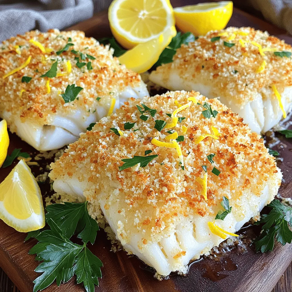 - Cod fillets - Parmesan cheese - Panko breadcrumbs - Lemon zest - Fresh parsley - Olive oil - Garlic powder - Onion powder - Salt and pepper - Lemon wedges When preparing Parmesan crusted baked cod, it's crucial to gather fresh and high-quality ingredients. The cod fillets serve as a light and flaky base. Parmesan cheese adds a rich, salty flavor that pairs well with the fish. Panko breadcrumbs give a delightful crunch to the crust. Fresh lemon zest brightens the dish, while parsley adds color. Olive oil helps the crust stick and enhances flavor. Garlic and onion powders provide depth. Seasoning with salt and pepper ensures the fish shines. Lastly, lemon wedges offer a fresh burst when served. - Alternative fish options: You can use tilapia, haddock, or halibut in place of cod. These fish have similar textures and flavors, making them great alternatives. - Gluten-free breadcrumbs: If you need a gluten-free option, look for gluten-free panko or crushed cornflakes. Both work well for achieving that crispy crust. - Dairy-free cheese options: For a dairy-free version, try using a vegan Parmesan or nutritional yeast. This keeps the flavor while catering to dietary needs. - Baking sheet: A sturdy baking sheet ensures even cooking and easy cleanup. - Parchment paper: Line the baking sheet with parchment to prevent sticking and make cleanup a breeze. - Mixing bowl: Use a large bowl to combine all dry ingredients thoroughly. - Kitchen brush: A kitchen brush helps you apply olive oil evenly on the cod fillets, ensuring a great crust. With these ingredients and tools, you're set to create a delicious and simple Parmesan crusted baked cod. Don't forget to check the full recipe to guide you through the cooking process! - Preheat your oven to 400°F (200°C). - Line a baking sheet with parchment paper. - In a bowl, mix together: - 1 cup grated Parmesan cheese - 1/2 cup panko breadcrumbs - 1 tablespoon lemon zest - 2 tablespoons fresh parsley, chopped - 1 teaspoon garlic powder - 1 teaspoon onion powder - Salt and pepper, to taste. - Pat the cod fillets dry with paper towels. - Season both sides with salt and pepper. - Brush each fillet with 2 tablespoons of olive oil. - Press the Parmesan and breadcrumb mix onto the top of each fillet. - Place the coated cod fillets on the baking sheet, crust side up. - Bake for 12-15 minutes until cooked through. - The cod should reach an internal temperature of 145°F (63°C). - Let the cod rest for a few minutes before serving. For the full details on this tasty dish, check the Full Recipe. To keep your cod moist, don't skip the olive oil. Brush it on both sides. This helps lock in moisture as it bakes. Use a food thermometer. The cod should reach 145°F (63°C) to be safe and perfect. For a crispy crust, press the cheese and breadcrumbs firmly onto the fillets. This ensures they stick during baking. Bake at 400°F (200°C) for 12-15 minutes. Keep an eye on it. You want a golden crust without burning. Pair the cod with simple sides. Steamed asparagus or a fresh salad works well. You can also serve it with lemon wedges for a zesty kick. For presentation, try a rustic wooden board. Arrange the fillets nicely and sprinkle fresh parsley on top. This adds color and charm to your dish. Overbaking the cod can dry it out. Check it at 12 minutes. If it flakes easily with a fork, it's done. Another mistake is not seasoning properly. Cod is mild, so add enough salt and pepper. You can also experiment with spices to boost flavor. A little garlic powder or lemon zest goes a long way. {{image_2}} You can easily change up the flavor of your Parmesan crusted baked cod. Adding spices like paprika or cayenne gives it a nice kick. A dash of paprika will add warmth without being too hot. If you enjoy a spicy bite, a sprinkle of cayenne will surely wake up your taste buds. Herbs are another great way to boost flavor. Dill and thyme work well with cod. Dill adds a light, fresh taste, while thyme offers earthiness. Just mix these herbs into your breadcrumb mixture for a tasty twist. You can enjoy this dish with different cooking methods. An air fryer is a quick option. Preheat your air fryer to 400°F (200°C). Place the coated cod fillets in the basket. Cook for about 8-10 minutes. Check that the cod is cooked through and has a golden crust. Grilling is another fun way to make this dish. Preheat your grill to medium heat. Use a grill-safe tray to hold the cod. Cook the fillets for about 5-7 minutes on each side. The grill adds a smoky flavor that many enjoy. Adding a sauce can elevate your baked cod to new heights. A creamy lemon sauce pairs wonderfully with the flavor of the fish. To make it, you’ll need: - 1/2 cup sour cream - 1 tablespoon fresh lemon juice - 1 teaspoon lemon zest - Salt and pepper to taste Mix all the ingredients in a small bowl. This sauce adds richness and a zesty kick that complements the cod. Other great choices include tartar sauce or a simple garlic butter sauce. Each option will bring a new flavor experience to your meal. If you want to see the full recipe for Parmesan crusted baked cod, check it out [here](#). To keep your Parmesan crusted baked cod fresh, use airtight containers. Glass containers work great, but plastic can work too. Make sure the cod is cool before sealing it. Store it in the fridge for up to three days. To reheat baked cod, place it on a baking sheet. Preheat your oven to 350°F (175°C). Bake for about 10 minutes. This keeps the fish moist and the crust crispy. Avoid using a microwave, as it can make the crust soggy. You can freeze cooked cod. Wrap it tightly in plastic wrap and then in foil. This keeps it fresh for up to two months. For uncooked cod, wrap it in plastic and store it in a freezer bag. To thaw, place it in the fridge overnight. This helps keep its texture. Bake your Parmesan crusted cod for 12 to 15 minutes. The cod should turn golden brown. Check the internal temperature. It should reach 145°F (63°C) for safe eating. The fish will flake easily with a fork when done. Yes, you can use other types of fish. Try tilapia, haddock, or snapper. Each fish has a mild flavor, which works well. The cooking time may vary slightly based on thickness. To make this recipe gluten-free, use gluten-free breadcrumbs. Many brands offer good options. You can also make your own by grinding gluten-free crackers. Just check the label to ensure they are gluten-free. Serve the baked cod on a lovely platter. Add lemon wedges for a fresh touch. You can also garnish with parsley. Pair it with steamed veggies or a crisp salad. This adds color and nutrition to your meal. For a full recipe, check the details above. This article showed you how to make delicious Parmesan crusted cod. We covered the right ingredients, easy steps, and useful tips to succeed. Remember to choose fresh fish and avoid overbaking. Try flavor variations and proper storage to keep your dish fresh. Cooking can be fun and rewarding, so don't hesitate to get creative in the kitchen. Good luck, and enjoy every bite of your tasty cod!