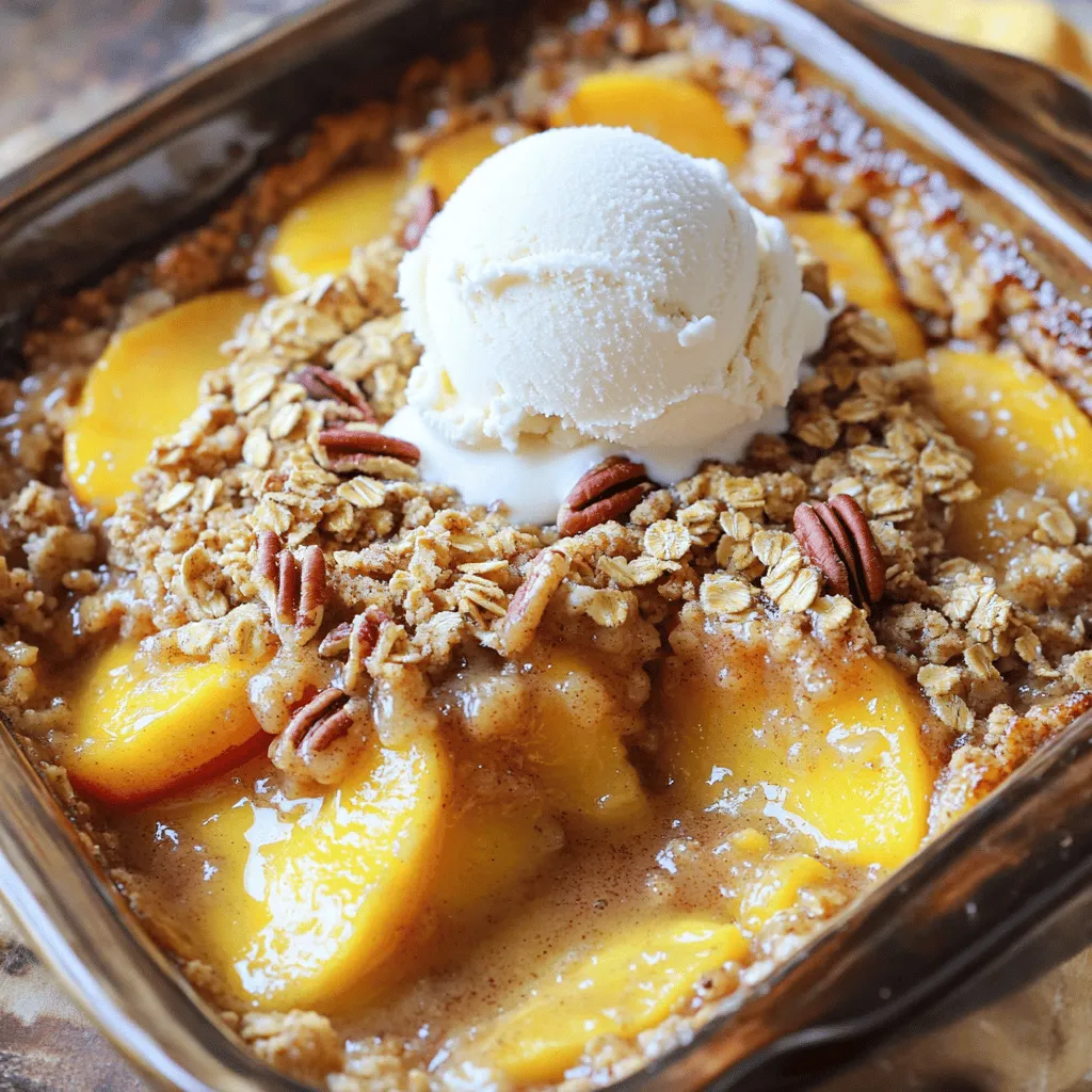 For a delicious peach crisp, gather these simple ingredients: - 5 cups ripe peaches, peeled and sliced - 1 tablespoon lemon juice - 1/4 cup brown sugar - 1 teaspoon cinnamon - 1 teaspoon vanilla extract - 1 cup rolled oats - 1/2 cup all-purpose flour - 1/2 cup chopped pecans - 1/2 cup granulated sugar - 1/2 cup cold unsalted butter, cubed - 1/4 teaspoon salt You can easily swap some ingredients if needed. Here are some ideas: - Use honey or maple syrup instead of brown sugar. - Substitute coconut sugar for a different flavor. - If you have no pecans, try walnuts or almonds. - Gluten-free flour can replace all-purpose flour. Want to make your peach crisp even better? Try these add-ins: - Add 1/2 cup of blueberries or raspberries for a fruity twist. - Mix in 1/4 teaspoon of nutmeg for a warm spice note. - A handful of shredded coconut can add great texture. - For a crunchier topping, include some sunflower seeds. For the full recipe, check out Peachy Paradise Crisp! Start by washing and peeling 5 cups of ripe peaches. Slice them into thin pieces. Place the sliced peaches in a large bowl. Add 1 tablespoon of lemon juice. Then, sprinkle in 1/4 cup of brown sugar, 1 teaspoon of cinnamon, and 1 teaspoon of vanilla extract. Mix gently until the peaches are coated evenly. This step adds sweetness and flavor to the fruit. Next, spread the peach mixture into a greased 9x13 inch baking dish. Now, let’s prepare the topping. In another bowl, combine 1 cup of rolled oats, 1/2 cup of all-purpose flour, 1/2 cup of chopped pecans, 1/2 cup of granulated sugar, and 1/4 teaspoon of salt. Mix these dry ingredients well. Then, add 1/2 cup of cold unsalted butter, cut into cubes. Use a pastry cutter or your fingers to blend until the mixture looks like coarse crumbs. Sprinkle this topping over the peaches in the baking dish. Preheat your oven to 350°F (175°C). Bake for 30-35 minutes. Look for a golden brown topping and bubbly peaches. To check if your peach crisp is done, look for a golden brown crust. The peaches should bubble around the edges. If you see this, it’s ready to come out. Let it cool for about 10 minutes before serving. This cooling time helps the juices set. Serve it warm, and don’t forget the vanilla ice cream on top! For the full recipe, refer to the earlier section. To make a great peach crisp, start with ripe peaches. Look for peaches that are slightly soft to the touch. Their skin should be smooth and have a warm color. Avoid any peaches that have bruises or dark spots. If they don’t smell sweet, they might not be ready. You can also buy them a bit firm and let them ripen at home. One common mistake is using hard peaches. They won't soften well when baked. Make sure to peel the peaches before slicing. The skin can make the crisp tough. Don’t skip the lemon juice! It adds flavor and helps keep the peaches fresh. Lastly, avoid overmixing the topping. You want it crumbly, not pasty. For the topping, use cold butter. This helps create a nice, crisp texture. Mix until the mixture looks like coarse crumbs. Don’t worry about being perfect; uneven pieces add texture. Try adding a pinch of nutmeg for extra warmth. If you like nuts, sprinkle some extra chopped pecans on top before baking. For the best results, bake until golden brown and bubbly. Check the crisp at 25 minutes to see how it’s doing. For the full recipe, you can refer to the section above! {{image_2}} If you want a gluten-free peach crisp, it’s easy to make. Swap regular flour with gluten-free flour. You can use almond flour or oat flour too. For oats, make sure they are labeled gluten-free. This way, you can enjoy the crisp without worry. You can get creative with fruits! Try using berries, apples, or pears. Each fruit brings its own flavor. Adding nuts like walnuts or almonds can give it a nice crunch. Just be sure to chop them well for even spreading. Toppings can change the game for your peach crisp. You can add spices like nutmeg or ginger for warmth. If you want it sweeter, try using maple syrup or honey instead of sugar. You can even mix in coconut flakes for a tropical twist. These small changes can make your dessert unique and exciting. For the complete recipe, check the Full Recipe section! To keep your peach crisp fresh, store it in an airtight container. This helps keep moisture out. If you leave it uncovered, the topping will lose its crunch. You can keep it in the fridge for up to three days. To reheat your peach crisp, place it in a preheated oven at 350°F (175°C). Bake for about 15 minutes until it’s warm. This method keeps the topping nice and crisp. You can also microwave it for 30 seconds to 1 minute. However, this may make the topping soft. You can freeze peach crisp to enjoy later. Allow it to cool completely first. Then, wrap it tightly in plastic wrap and foil. This helps prevent freezer burn. You can freeze it for up to three months. To bake from frozen, preheat your oven to 350°F (175°C) and bake for about 45-50 minutes. You can check for doneness with a fork. The best peaches for peach crisp are ripe, juicy, and sweet. Look for yellow peaches. They have a great balance of sweetness and tartness. Freestone peaches are best because they come off the pit easily. If you can, pick peaches that smell sweet. This shows they are ripe. Yes, you can use canned or frozen peaches. Just make sure to drain canned peaches well. Frozen peaches should be thawed and drained too. Both options may change the texture a bit. But they will still taste great. If you use these, reduce the sugar slightly. Canned and frozen peaches are often sweeter. To make a smaller batch, cut the recipe in half. Use about 2.5 cups of peaches, and adjust other ingredients too. You can bake it in an 8x8 inch dish. This works well for small gatherings. Keep an eye on the bake time; it may be shorter. Peach crisp and peach cobbler are both fruity desserts. The main difference is in the topping. A crisp has a crunchy topping made from oats, flour, and butter. A cobbler has a biscuit-like topping that is fluffy. Both are delicious but offer different textures. You can’t go wrong with either one! Peach crisp is simple and fun to make. We discussed the ingredients, steps, and tips that lead to a tasty dish. You learned how to choose ripe peaches and avoid common mistakes. There are fun ways to change the recipe with different fruits and toppings. Store leftovers correctly for future enjoyment. Remember, the goal is to create a warm, delicious dessert that everyone loves. Enjoy your peach crisp journey!