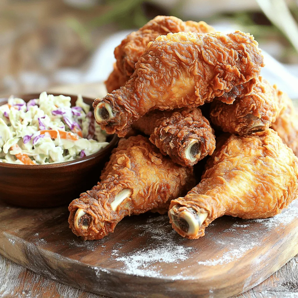 - 4 pieces of bone-in, skin-on chicken thighs - 4 pieces of bone-in, skin-on chicken drumsticks - 2 cups buttermilk - 1 tablespoon hot sauce - 1 tablespoon garlic powder - 1 tablespoon onion powder - 1 tablespoon paprika - 1 teaspoon black pepper - 1 teaspoon cayenne pepper (adjust to taste) - 2 cups all-purpose flour - 1 teaspoon salt - Vegetable oil (for frying) To make the best fried chicken, start with fresh, high-quality chicken. I love using bone-in, skin-on pieces. They stay juicy and have great flavor. The marinade is key. Buttermilk softens the meat and adds tang. Hot sauce gives a nice kick, but you can adjust it. Next, mix the spices for the seasoning blend. Garlic powder, onion powder, and paprika add depth. Black pepper gives warmth, while cayenne adds heat. Feel free to adjust the cayenne based on your taste. For frying, you need a good coating. All-purpose flour with salt creates a crispy crust. It’s vital to coat the chicken well. This ensures that each bite is flavorful and crunchy. As you gather these ingredients, remember that the magic happens when you combine them right. For the complete recipe, check out the Full Recipe. - In a large bowl, combine buttermilk, hot sauce, garlic powder, onion powder, paprika, black pepper, and cayenne pepper. - Whisk until the mix blends well. - Add the chicken thighs and drumsticks. Make sure they are fully submerged in the marinade. - Cover the bowl and refrigerate it for at least 4 hours. For the best taste, let it sit overnight. - In a separate bowl, mix the flour and salt. - This blend will coat your chicken. - Prepare a wire rack. You'll place the coated chicken here before frying. - In a large skillet, heat about 2 inches of vegetable oil. Aim for 350°F (175°C). - To check if it's ready, drop in a bit of flour. If it sizzles, you’re good to go. - Remove chicken from the marinade, letting the excess drip off. - Dredge each piece in the flour mix. Press down to coat well. - Shake off any extra flour and place the chicken on the wire rack. - Carefully place a few pieces of chicken into the hot oil. Avoid overcrowding the skillet. - Fry each piece for about 12-15 minutes. Cook until the skin is golden brown. - Check that the inside reaches at least 165°F (75°C) for safety. To get that awesome crunch, you must press the chicken in flour. This step helps create a thick, crispy layer on each piece. Coat each piece well, and don't rush. Another key tip is to avoid overcrowding the skillet. If you add too much chicken, the oil cools down. This can lead to soggy skin. Fry in batches to keep the heat steady. After frying, let the chicken rest. This resting time is important. It helps the juices settle back into the meat. If you cut into it too soon, the juices run out. Aim for an internal temperature of 165°F (75°C) for doneness. A meat thermometer works best for this. Juicy chicken is the goal, and this temperature ensures that. Classic sides pair great with fried chicken. Coleslaw adds crunch and creaminess. Cornbread brings sweetness that balances the salty chicken. Mashed potatoes are another favorite. They soak up all the delicious juices. For dipping, hot sauce is a must. It adds spice and flavor. You can also try ranch or barbecue sauce for a tasty twist. Enjoy your meal! For more details, check the Full Recipe. {{image_2}} Want to spice things up? You can add more cayenne pepper or hot sauce. This twist boosts the heat and flavor. Start with an extra half teaspoon of cayenne in the marinade. If you like it hotter, add more hot sauce to taste. This version brings a fiery kick to your plate. Serve it with a cool ranch dip for contrast. If you need a gluten-free option, there’s an easy fix. Just swap out all-purpose flour for gluten-free flour alternatives. Look for a blend that works well for frying. Almond flour or rice flour can also work. Use the same amount as in the original recipe. The flavor stays great while keeping it gluten-free. Want a healthier option? Try oven-baked southern fried chicken. Start by marinating the chicken as usual. After coating, place the chicken on a lined baking sheet. Preheat your oven to 425°F (220°C). Bake for 25-30 minutes or until the skin is golden and crispy. This method cuts down on oil and still gives you tasty chicken. For extra crunch, broil for the last few minutes. For all these variations, you can follow the Full Recipe for the base method. Enjoy customizing your fried chicken to suit your taste! To store leftover fried chicken, let it cool first. Place it in an airtight container. You can also wrap it in aluminum foil or plastic wrap. Make sure to keep it in the fridge. It should stay fresh for up to four days. If you want it to last longer, consider freezing. To reheat fried chicken, use an oven for the best results. Preheat your oven to 375°F (190°C). Place the chicken on a baking sheet. Heat for about 15 to 20 minutes. This keeps the skin crispy and the meat moist. You can also use an air fryer. Set it to 350°F (175°C) for 10 to 15 minutes. To freeze fried chicken, cool it completely first. Wrap each piece in plastic wrap. Then place them in a freezer bag. Squeeze out as much air as you can. Label the bag with the date. To thaw, move the chicken to the fridge overnight. Reheat it in the oven or air fryer for crispy results. For the full recipe, check the section above. You can use plain yogurt or milk mixed with vinegar. This will give a similar tangy taste. You can also try using almond milk with a splash of lemon juice. Both options work well and keep the chicken moist. Marinating is key, so let it soak for at least four hours. Peanut oil is great for frying. It has a high smoke point and adds flavor. Canola oil is another good choice due to its mild taste and high heat tolerance. Vegetable oil is also suitable. Each oil has its perks, but choose one that fits your taste. Yes, you can prepare the marinade in advance. Marinating chicken longer adds more flavor. The chicken will soak up the spices better. This helps create that juicy, flavorful bite we all love. Just remember to keep it in the fridge until you’re ready to fry. Fry your chicken at 350°F (175°C) for the best results. This temperature helps the skin get crispy without burning. Use a kitchen thermometer to check the oil. If the oil is too hot, the outside cooks too fast. If it’s too cool, the chicken absorbs too much oil. In this guide, we covered the key ingredients and steps for making delicious Southern fried chicken. You learned how to marinate the chicken and prepare a flavorful coating. We shared tips for achieving that perfect crunch and keeping the chicken juicy. Remember, you can also explore variations and storage methods. By following these steps, you'll enjoy crispy, tasty chicken every time. The joy of making fried chicken at home is unmatched, so dive in and try it!
