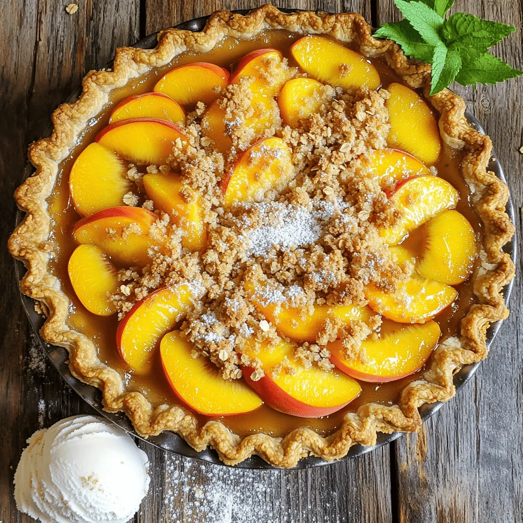 When making a peach crumble pie, you need fresh and simple ingredients. Here’s the complete list of what you will need: - 6 ripe peaches, peeled and sliced - 1 cup granulated sugar - 1 tablespoon lemon juice - 1 teaspoon vanilla extract - 1 teaspoon cinnamon - 2 tablespoons cornstarch - 1 prepared pie crust (store-bought or homemade) - 1 cup all-purpose flour - 1 cup rolled oats - 1/2 cup packed brown sugar - 1/2 cup unsalted butter, melted - Pinch of salt Each ingredient plays a key role in making this pie flavorful and comforting. The peaches bring sweetness and juiciness. The sugar balances the tartness and adds shine. Lemon juice brightens the flavor, while vanilla and cinnamon add warmth. Cornstarch thickens the filling, so it’s not runny. The crust holds everything together. For the crumble topping, flour and oats create texture. Brown sugar adds a deeper sweetness, and butter binds it all. A pinch of salt enhances all these flavors. You can find the full recipe for this delightful dessert in the section above. Enjoy making this pie! 1. Preheat the oven: Set your oven to 350°F (175°C). This step helps cook the pie evenly. 2. Prepare your pie crust: Roll out your crust and fit it into a 9-inch pie dish. Trim the edges if needed. 3. Mix the peach filling: In a large bowl, combine the sliced peaches, granulated sugar, lemon juice, vanilla extract, cinnamon, and cornstarch. Stir well and let it sit for about 10 minutes. This allows the flavors to blend nicely. 4. Combine crumble topping: In another bowl, mix flour, oats, brown sugar, melted butter, and a pinch of salt. Stir until it looks crumbly. 1. Pour the peach mixture: Take your peach filling and pour it evenly into the crust. Make sure to spread it out. 2. Sprinkle the crumble topping: Evenly cover the peach filling with your crumble mix. This adds a tasty crunch. 3. Bake the pie: Place it in the oven and bake for 35-40 minutes. The topping should turn golden and the peaches should bubble up. 1. Let the pie cool: Once baked, remove the pie from the oven and let it cool for at least 15 minutes. This makes slicing easier. 2. Presentation suggestions: Serve warm slices with vanilla ice cream or whipped cream. Add a sprig of fresh mint for a lovely touch. For the full recipe, check out the Peachy Paradise Crumble Pie. How to ensure a flaky crust To get a flaky crust, use cold butter. Cut it into small pieces before mixing it into the flour. This helps create air pockets. Also, avoid overworking the dough. Just mix until it comes together. Chill the dough for at least 30 minutes before rolling it out. This makes all the difference. Best practices for slicing peaches When slicing peaches, use a sharp knife. Start by cutting around the pit. Twist gently to separate the halves. Remove the pit and slice the fruit into even pieces. This helps the peaches cook evenly. For best flavor, choose ripe peaches. They should be soft but not mushy. Achieving the perfect crumble texture For a great crumble, mix flour, oats, and brown sugar with melted butter. The mixture should look like wet sand. You want it to clump together but still have little bits. The key is not to overmix. Sprinkle it on top of the peach filling evenly for a nice crunch. Using vanilla bean for added flavor Instead of vanilla extract, try a vanilla bean for a richer taste. Split it open and scrape out the seeds. Mix these seeds into the peach filling. This adds a special touch that makes your pie unique and delicious. Experimenting with spices and herbs Don’t be afraid to play with spices! Cinnamon is great, but you can also add nutmeg or ginger for warmth. Fresh herbs like basil or mint can elevate the pie too. Just a little sprinkle can surprise your guests and add a fresh twist. For more ideas, check the Full Recipe. {{image_2}} You can switch up the fruit in your peach crumble pie. Try using nectarines; they give a sweet and juicy flavor. Blueberries also work great. They add a nice tartness that balances the sweet. You can even mix fruits. For example, combine peaches and blueberries for a colorful twist. Seasonal fruits can also shine in this pie. In fall, apples bring a warm and cozy feel. They pair well with cinnamon for a classic taste. In summer, use fresh berries to keep it light and refreshing. Each fruit has its own charm and can change the whole pie. If you need a gluten-free option, it’s easy to make the crust gluten-free. Many stores sell gluten-free pie crusts. You can also make your own using almond flour or gluten-free flour. This way, everyone can enjoy the pie. For those who follow a vegan diet, you can swap out dairy. Use coconut oil instead of butter. Almond milk or oat milk can replace regular milk in the filling. These simple changes keep the flavor rich while meeting dietary needs. Explore these variations and adjustments to make the peach crumble pie your own. For the full recipe, check out the Peachy Paradise Crumble Pie recipe. To keep your peach crumble pie fresh, store it in the fridge. Place the pie in an airtight container or cover it tightly with plastic wrap. This helps prevent it from drying out. The pie will stay good for up to 3 days in the fridge. If you want to enjoy it later, freezing is a great option. You can freeze the pie before or after baking. If you freeze it before baking, wrap it well in plastic wrap and then foil. This way, you can bake it fresh later. For frozen baked pie, let it cool completely first. Wrap it tightly and freeze. It will last for about 2 months. To reheat frozen pie, bake it straight from the freezer. Preheat your oven to 350°F (175°C). Bake for about 30-40 minutes or until warmed through. If the crust browns too quickly, cover it with foil. Enjoy this delicious treat again! For the full recipe, check out the Peachy Paradise Crumble Pie. Can I use canned peaches instead of fresh? Yes, you can use canned peaches. Just drain them well before mixing. They may be sweeter, so check the amount of sugar you add. How can I make my crumble topping crispier? To achieve a crispier topping, add more oats or a bit of chopped nuts. Bake the pie longer if needed, until golden. What’s the best way to serve peach crumble pie? Serve it warm with a scoop of vanilla ice cream. A sprig of mint adds a nice touch too. How to fix a soggy crust If your crust gets soggy, try pre-baking it for a few minutes. This helps it stay crisp. You can also sprinkle some flour or cornmeal on the crust before adding the filling. Adjusting sweetness if peaches are not ripe enough If your peaches are not sweet, add a little more sugar or honey to the filling. You can also mix in a bit of cinnamon for extra flavor. This blog post covered how to make a peach crumble pie. We looked at the ingredients, preparation steps, and baking process. You learned tips for baking, serving, and storing leftovers. Variations like using different fruits or adjusting for diets were also shared. Making this pie can be fun and rewarding. Baking brings joy and can create happy memories. Try it out, share it with friends, and enjoy every bite of your delicious creation. You won’t regret it!